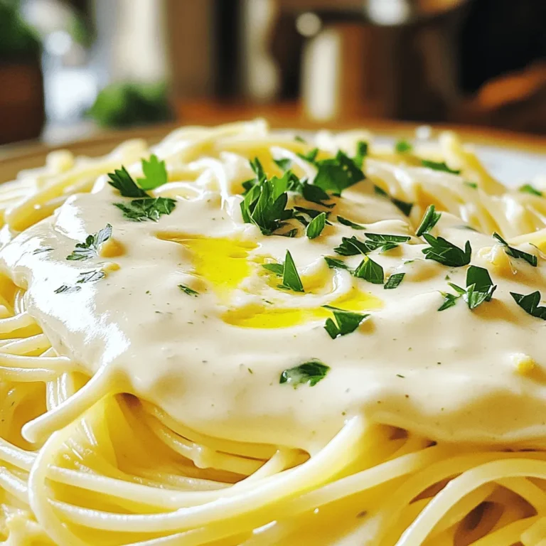 To make a great Cauliflower Alfredo sauce, gather these key ingredients: - 1 medium head of cauliflower, chopped into florets - 2 cups vegetable broth - 1 medium garlic clove, minced - 1 tablespoon olive oil - 1 teaspoon nutritional yeast (optional for cheesy flavor) - 1 tablespoon lemon juice - Salt and pepper to taste - 1/4 teaspoon nutmeg (optional) - Fresh parsley, chopped for garnish These ingredients come together to create a creamy sauce that tastes rich and satisfying. The cauliflower provides a smooth base, while the garlic and lemon add bright flavors. You can enhance your sauce with a few optional ingredients. Consider adding: - Nutritional yeast for a cheesy taste - Nutmeg for a warm spice note - Extra garlic for a stronger flavor These additions can make your Cauliflower Alfredo sauce even more delicious. Experiment with these options to find your favorite flavor profile. This Cauliflower Alfredo sauce is not just tasty; it is healthy too. Here’s the nutritional breakdown per serving: - Calories: 80 - Protein: 3g - Carbohydrates: 10g - Fat: 4g - Fiber: 3g This sauce is low in calories and packed with nutrients. You can enjoy it guilt-free while still getting your veggie fix. For the full recipe, check out the earlier section. Start by chopping a medium head of cauliflower into small florets. This helps them cook evenly. In a large pot, combine the cauliflower florets with 2 cups of vegetable broth. Bring this mix to a boil over medium-high heat. Once it boils, lower the heat and let it simmer for about 10 to 12 minutes. You want the cauliflower to be soft enough to blend easily. After cooking, drain the cauliflower but save about half a cup of the broth. Transfer the cauliflower to a blender or food processor. Add minced garlic, olive oil, nutritional yeast, lemon juice, salt, pepper, and nutmeg, if you're using it. Pour in the reserved broth. Blend everything together until it’s smooth and creamy. If you want it thinner, add more broth until you reach the desired consistency. Make sure to taste your sauce and adjust the seasoning to your liking. To get the best texture, make sure your cauliflower is well-cooked. It should be soft but not mushy. When blending, start on a low speed, then increase to high for a smoother finish. If you find your sauce is too thick, just stir in a little more broth. For an extra creamy feel, you can use a high-speed blender. This will help create a velvety finish. Enjoy your creamy cauliflower Alfredo sauce over pasta or your favorite dish! For the full recipe, check the detailed section above. To get a creamier sauce, blend it longer. This helps break down any lumps. You can also add a bit more broth for a smoother texture. If you want an even richer taste, try adding a splash of coconut milk. This gives your sauce a lovely, creamy feel. One mistake is overcooking the cauliflower. If you cook it too long, it can become mushy. Also, don’t forget to drain it well before blending. Too much water can make your sauce thin. Finally, always taste and adjust the seasoning before serving. This sauce works great with many dishes. You can serve it over pasta, zucchini noodles, or rice. It’s also tasty drizzled on roasted veggies. For a complete meal, add some grilled chicken or shrimp. Fresh herbs like parsley or basil can add a nice touch, too. For the complete recipe, check out the Full Recipe. {{image_2}} You can make this sauce dairy-free and vegan easily. Instead of cream, use cauliflower. This gives you a rich, creamy texture without any dairy. The nutritional yeast adds a cheesy taste, which is a great touch. You can also add a splash of plant-based milk for more creaminess. To boost flavors, try adding herbs. Basil or oregano can add great taste. For a spicy kick, add red pepper flakes. You can also mix in some sautéed mushrooms or spinach. These additions make the dish more exciting and colorful. Feel free to switch ingredients based on what you have. If you don't have nutritional yeast, try using grated vegan cheese instead. You can also swap vegetable broth for chicken broth if you prefer. Want a tangy flavor? Add more lemon juice. This sauce is flexible, so you can make it your own. For the full recipe, check out the complete guide. To store your creamy cauliflower alfredo sauce, let it cool first. Then, pour it into an airtight container. This sauce will last in the fridge for up to three days. Make sure to keep it sealed tightly to avoid any odors from other foods. When you’re ready to enjoy your sauce again, you can reheat it on the stove. Pour the sauce into a small pot over low heat. Stir it often to prevent sticking. You can add a splash of vegetable broth for a smoother texture. Heat until it is warmed through, and enjoy! If you want to keep the sauce longer, freezing is a great option. Pour the cooled sauce into freezer-safe containers. Leave a little space at the top for expansion. When you're ready to use it, thaw the sauce in the fridge overnight. Reheat it gently on the stove, adding broth as needed to restore creaminess. For detailed instructions, refer to the Full Recipe. Cauliflower Alfredo Sauce stays fresh in the fridge for about three days. Store it in an airtight container. To enjoy it later, just stir it well before serving. If you notice any change in smell or texture, it's best to toss it. Yes, you can use frozen cauliflower! It saves time and is very convenient. Just cook it in the broth until it's tender. The flavor will still be great. You may need to adjust cooking times slightly since frozen cauliflower can be softer than fresh. Absolutely! This sauce is perfect for meal prep. You can make it ahead and store it. Use it over pasta, veggies, or grains throughout the week. Just reheat it on low heat. Add a splash of broth if it thickens too much. For the full recipe, check out the earlier section. Cauliflower Alfredo sauce is a simple, tasty dish made with healthy ingredients. We discussed how to prepare, blend, and store it. I shared tips to avoid common mistakes and suggested ways to customize your sauce. Whether you choose dairy-free options or flavor enhancements, you can make this recipe your own. Remember, with the right technique, you’ll achieve a creamy texture that everyone will love. Enjoy your cooking and feel proud of the nutritious meal you create!