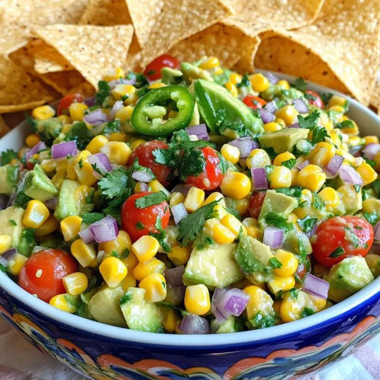 - 2 ripe avocados, diced - 1 cup sweet corn (fresh or canned) - 1 cup cherry tomatoes, halved - 1 small red onion, finely chopped - 1 jalapeño, deseeded and minced - Juice of 2 limes - 1/4 cup fresh cilantro, chopped - Salt and pepper to taste - 1/2 teaspoon smoked paprika (optional) When I think of fresh and tasty flavors, this salsa comes to mind. Each ingredient plays a key role in creating a bright and zesty dish. The avocados bring creaminess, while the sweet corn adds a nice crunch. Cherry tomatoes give bursts of juicy flavor, and the red onion brings a bit of sharpness. The jalapeño adds a kick, but you can adjust it to your taste. Fresh lime juice brightens everything up, making it perfect for any meal. Cilantro adds a fresh touch that many love. A sprinkle of salt and pepper pulls all the flavors together, and if you like, the smoked paprika adds a subtle depth. - Tortilla chips - Lime wedges - Fresh cilantro for garnish I love serving this salsa with crispy tortilla chips. They add great texture and are perfect for scooping. Lime wedges on the side let you add a bit more tang if you like. Finally, a few sprigs of fresh cilantro as a garnish make the dish look even better. For the full recipe, check out the Zesty Avocado Corn Salsa details! - Combine all ingredients in a mixing bowl - Gently toss without mashing the avocados - Step 1: Combine avocados, corn, tomatoes, and onion. Use a large mixing bowl. This gives enough space for easy mixing. - Step 2: Add minced jalapeño. Adjust the amount based on how spicy you want it. - Step 3: Squeeze lime juice and mix. The lime adds freshness and keeps the avocados green. - Step 4: Incorporate cilantro and seasonings. Stir gently to keep the avocado chunks whole. - Step 5: Allow salsa to rest. Let it sit for about 10 minutes. This helps the flavors blend. - To avoid mushy avocados, choose ripe ones. They should feel slightly soft but not squishy. - If you want different textures, try chopping the veggies in varying sizes. This adds interest to each bite. Feel free to explore the [Full Recipe] for more details and serving suggestions! Choosing the best avocados is key. Look for avocados that feel slightly soft when you press them. This shows they are ripe and full of flavor. If they are hard, they need more time. You can also buy avocados that are just starting to ripen. Let them sit at room temperature until ready to use. When it comes to spice, start with a small amount of jalapeño. You can always add more if you want more heat. The seeds and ribs of the jalapeño carry most of the spice, so remove them if you prefer a milder salsa. Use a taste test to find your perfect level of heat. Zesty Avocado Corn Salsa pairs well with many dishes. It makes a great side for grilled meats. Try it with chicken, shrimp, or fish for a fresh twist. You can also serve it with tacos or burritos for added flavor. As for chips, tortilla chips are the classic choice. They are crispy and hold up well. You can also use pita chips or veggie sticks like cucumber and bell pepper. This salsa is a fun dip that everyone will enjoy! To make your salsa pop, serve it in a bright bowl. A colorful dish will draw attention and look inviting. You can also layer it in a glass for a beautiful view of the colors. Garnishing adds a nice touch. A sprig of cilantro on top makes it look fresh. A lime wedge on the side adds color and invites people to squeeze a little extra lime juice on their portion. This simple step makes your dish look professional and appetizing. {{image_2}} You can easily swap in different beans or veggies for fun. Try black beans or chickpeas for added protein. Corn works great, but you can also use diced bell peppers or zucchini. If you want a vegan twist, skip the honey and stick with pure lime juice for a bright taste. Want to mix things up? Add diced mango or pineapple for a sweet kick. This can brighten the salsa and balance the spice from the jalapeño. You can also try fresh herbs like basil or mint. These can bring a unique flavor twist that surprises your taste buds. Feeling adventurous? Go for a Mexican-inspired version by adding fresh lime zest and some crumbled queso fresco. You can also throw in avocado slices for extra creaminess. For a Southwestern-style twist, add roasted corn or smoked chipotle in place of jalapeño. Both will give your salsa a wonderful depth. To store leftover Zesty Avocado Corn Salsa, place it in an airtight container. This helps keep air out and maintains flavor. Use glass or plastic containers with tight lids for the best results. Avoid metal containers, as they can react with the lime juice and affect taste. You can keep salsa in the fridge for about 2 to 3 days. After that, the avocados may brown and the flavors can fade. If you need longer storage, freeze the salsa for up to 3 months. To freeze, use a freezer-safe container, leaving some space for expansion. If your salsa starts to taste stale, don't worry! You can refresh it easily. Add a squeeze of fresh lime juice or a bit of diced jalapeño to boost flavor. Chopping up some extra tomatoes or cilantro can also help make it taste fresh again. This way, your salsa stays vibrant and delicious! You can find the Full Recipe to recreate this great dish. Can I make this salsa ahead of time? Yes, you can prepare this salsa a few hours ahead. Just store it in the fridge. The flavors will blend nicely over time. However, avocados may brown if left too long. How do I keep my avocados from browning? To prevent browning, you can add lime juice. The acid helps slow down the oxidation process. Store the salsa in an airtight container. Press plastic wrap against the surface to limit air exposure. What is the best way to serve salsa at a party? Serve it in a bright bowl. Add colorful tortilla chips on the side. Garnish with fresh cilantro and lime wedges. This makes it look inviting and fun! Is this salsa gluten-free? Yes, this salsa is naturally gluten-free. All the ingredients are safe for those with gluten sensitivities. Can I make this recipe nut-free? Absolutely! This recipe does not contain nuts. You can enjoy it without worry. How can I make this recipe spicier? To add more heat, use more jalapeños. You can also include diced serrano peppers or a dash of hot sauce. Adjust the spice level to your liking. What are some good vegan substitutions? This recipe is already vegan! If you want to switch ingredients, try using lime zest for added flavor. You can also add black beans for a protein boost. For the full recipe, check out the details above! Zesty Avocado Corn Salsa is simple yet full of flavor. You learned the essential ingredients and steps to make it. We explored tips for enhancing flavor and serving with style. Remember, you can easily customize this salsa to fit your tastes. Store it properly to keep it fresh. Enjoy making this dish for gatherings or a snack at home. With these ideas, your salsa will impress everyone. Keep experimenting and have fun!