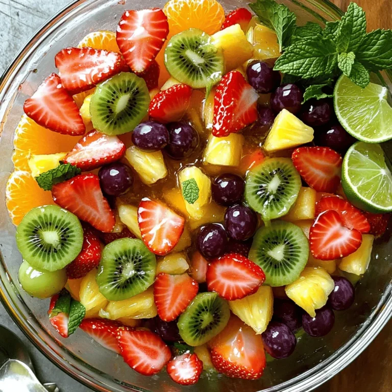 - 1 cup strawberries, hulled and sliced - 1 cup oranges, segmented - 1 cup pineapple, diced - 1 cup kiwi, peeled and sliced - 1 cup blueberries - 1 cup green grapes, halved - 1 cup purple grapes, halved The fruits in this salad bring both color and taste. Strawberries add sweetness. Oranges give a juicy burst. Pineapple provides a tropical twist. Kiwi adds a tart flavor. Blueberries are sweet and juicy. Green grapes are crisp, while purple grapes add a nice contrast. - 2 tablespoons honey - 1 tablespoon fresh mint leaves, finely chopped - Juice of 1 lime Honey sweetens the salad naturally. Fresh mint leaves add a cool note. Lime juice brightens the flavors and keeps the fruits fresh. This recipe serves six people. Each serving has about 120 calories. The salad is low in fat and high in vitamins. Here’s the breakdown of the macronutrients: - Carbohydrates: 30g - Protein: 1g - Fat: 0g This fruit salad is a healthy choice. It’s packed with vitamins and antioxidants. Enjoy it as a snack or a light dessert. For the complete recipe, check out the Full Recipe. 1. How to hull and slice strawberries Start with fresh strawberries. Hold the berry in one hand. Use a small knife to cut off the green top. Slice each berry into thin pieces. Aim for about 1/4 inch thick slices. This adds a nice texture to the salad. 2. Segmenting oranges and dicing pineapple For oranges, use a sharp knife. Cut off both ends of the orange. Stand it upright and slice down the sides to remove the peel. Carefully cut between the orange segments to free them. For pineapple, remove the skin and core. Cut it into small cubes. Aim for about 1/2 inch pieces. 3. Peeling kiwi and halving grapes Start with a ripe kiwi. Use a knife to slice off both ends. You can then scoop the fruit out with a spoon or slice off the skin with a knife. Cut the kiwi into thin slices or small cubes. For grapes, simply cut them in half. This makes them easy to eat and mix. 1. Combining the fruits in a bowl In a large mixing bowl, gently add all your prepared fruits. Toss them lightly to mix. Be careful not to crush the softer fruits. You want to keep their shape and look vibrant. 2. Preparing the honey-lime dressing In a small bowl, whisk together two tablespoons of honey with the juice of one lime. Add finely chopped mint leaves for a refreshing taste. Mix until fully combined. This dressing will enhance the fruit flavors. 1. Attractive presentation ideas Serve the fruit salad in a large bowl or individual cups. This makes it easy for guests to take their portion. For a beautiful touch, garnish with extra mint leaves. You can also add lime wedges on the side. 2. Using clear glass bowls for display I love to use clear glass bowls. They show off the rainbow of colors. Layer the fruit for a stunning effect. This makes the salad even more appealing and fun to eat. When making a rainbow fruit salad, choose seasonal fruits. Seasonal fruits taste better and cost less. In spring and summer, berries and melons shine. In fall, apples and pears are perfect. In winter, citrus fruits are fresh and tasty. Look for ripe fruits. Ripe strawberries should be red and firm. Oranges should feel heavy and have smooth skin. Pineapples smell sweet at the base. Kiwi should yield slightly when pressed. For grapes, pick ones that are plump and firm. You can switch out honey for maple syrup or agave nectar. If you want a different flavor, try using yogurt instead. For mint, consider basil or cilantro for a fun twist. Feel free to add other fruits like mango, peaches, or pomegranates. Each fruit adds its own flavor and color. Mix and match to find your favorite combo. Spices can elevate your fruit salad. A pinch of cinnamon or nutmeg can add warmth. For a citrus kick, add some lime or lemon zest. Letting the salad sit for 10 minutes helps the flavors meld. This allows the fruits to soak up the dressing. A little patience goes a long way in making your salad taste amazing. For more details, check the Full Recipe. Enjoy your colorful creation! {{image_2}} For a tropical twist, add fruits like mango, papaya, or coconut. These fruits bring bright flavors and vibrant colors. You can use one or mix them all for a fun taste. Use ripe mango, sweet papaya, and shredded coconut for a tropical vibe. This version will transport you to a sunny beach with every bite. In this version, I focus on berries. You can use strawberries, blueberries, raspberries, and blackberries. This blend is sweet and tangy, perfect for berry lovers. Reduce the other fruits to make berries the star of the show. You can even add a splash of berry juice for extra flavor. This version is a great way to enjoy summer's best berries. Add citrus fruits to brighten up your salad. Include more oranges, grapefruits, or tangerines for a zesty kick. Citrus fruits also add a refreshing taste that pairs well with sweet fruits. The juice from these fruits can replace the lime juice in the original recipe. This version is perfect for a hot day and full of bright flavors! Try out these variations to keep your rainbow fruit salad exciting! For the full recipe, don't forget to check out the main article. To keep your rainbow fruit salad fresh, store it in an airtight container. This helps reduce moisture loss. If you have any leftover dressing, store it separately. This keeps the fruit from getting mushy. You can also layer the fruits in the container, so they stay fresh longer. Always refrigerate the salad if you have leftovers. The rainbow fruit salad lasts about three days in the fridge. After that, the fruits start to lose their taste and texture. Try to eat it within this time for the best flavor. If you notice any browning, it’s a sign to eat it soon. Fresh fruit is always best! Look for signs that your fruits are spoiled. If they feel mushy or smell bad, they are not fresh. Discoloration is another sign of spoilage. If you see any mold, throw the fruit away. Trust your senses; if it doesn’t look or smell right, it’s better to be safe. Enjoy the freshness while it lasts! Yes, you can use frozen fruits for this salad. They are easy to find and often cheaper. However, the texture may change. Frozen fruits can be mushy when thawed. They also lose some freshness and flavor. If you choose frozen, let them thaw fully. Drain any extra liquid before mixing. This keeps the salad from becoming watery. You can keep rainbow fruit salad in the fridge for about 2-3 days. To keep it fresh, cover it tightly with plastic wrap or a lid. Avoid adding the dressing until just before serving. This helps the fruit stay crisp and bright. If you notice any browning, it’s best to eat it sooner. You can add many fruits to your rainbow fruit salad. Here are some ideas: - Raspberries - Mango - Peaches - Pomegranate seeds - Bananas - Apples Choose fruits that are in season for the best taste. You can also use your favorites to make it more personal. Mix and match for unique flavors! For the full recipe, check the earlier sections. This blog explored how to make a delicious rainbow fruit salad. We covered the best fruits, preparation steps, and tasty tips to enhance flavors. You learned how to store leftovers and noted the importance of fresh ingredients. As you create your fruit salad, experiment with different fruits and flavors. Trust your taste and keep it fun! Enjoy every colorful bite you share with friends and family. A healthy treat is waiting, so get started today!
