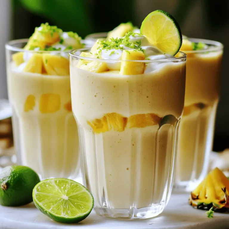 - 1 cup coconut water - 1 ripe banana, sliced - 1/2 cup Greek yogurt (or dairy-free alternative) - 1/2 cup fresh pineapple chunks - Zest and juice of 1 lime - 1 tablespoon honey or agave syrup (optional, for sweetness) - 1/4 teaspoon vanilla extract - Ice cubes (optional, for a chilled smoothie) When selecting ingredients, always choose fresh and ripe options. A ripe banana adds natural sweetness and creaminess. Fresh pineapple gives a bright flavor that mixes well with lime. The coconut water should be pure and free from added sugars. If using Greek yogurt, opt for plain and unsweetened for the best flavor balance. You can swap out the Greek yogurt for a dairy-free option like coconut yogurt or almond yogurt. This makes it friendly for those avoiding dairy. If you want a sweeter smoothie, consider adding more honey or agave syrup. You can also use a ripe mango instead of pineapple for a tropical twist. Adjust the sweetness to your taste. You can always add more honey after blending if needed. To make the Coconut Lime Coconut Water Smoothie, follow these steps closely: 1. Start by measuring your ingredients. You will need 1 cup of coconut water, 1 ripe banana, and 1/2 cup of Greek yogurt. 2. Slice the banana. This makes it easier to blend. Use a ripe banana for better sweetness. 3. Cut your pineapple. Use fresh pineapple chunks. They add a tropical taste. 4. Add ingredients to the blender. Place coconut water, banana slices, Greek yogurt, and pineapple chunks in the blender. 5. Zest and juice the lime. This adds a fresh zing. Make sure to add both the zest and juice to the blender. 6. Sweeten if needed. If you like it sweeter, add 1 tablespoon of honey or agave syrup. 7. Blend it all. Blend on high until smooth and creamy. For a chilled drink, toss in some ice cubes and blend again. 8. Taste your smoothie. Check the flavor and add more honey if you want it sweeter. Blend briefly to mix it in. Tip: For a perfect texture, blend until there are no lumps. A powerful blender helps to create a creamy finish. Once your smoothie is ready, it's time to serve! Here are some ideas: - Garnish it well. Top each glass with a slice of lime or a sprinkle of lime zest. This adds a nice touch. - Choose your glassware. Serve in tall glasses to show off the color. Clear glasses let the vibrant green shine! - Add a straw or spoon. This makes it easier and fun to drink. For the full recipe, check the earlier section! Enjoy your refreshing Coconut Lime Coconut Water Smoothie! To get your smoothie just right, think about thickness and smoothness. You can adjust it easily. If you want a thicker smoothie, add more banana or Greek yogurt. For a thinner texture, just add more coconut water. Ice can change your smoothie’s feel. If you like it cold, add ice cubes. Just blend them in with the other ingredients. If you prefer it without ice, you can skip it. Using frozen fruit also helps keep the drink cool without ice. Adding more flavors can make your smoothie special. Try fresh mint for a refreshing twist. A little ginger can add a nice zing too. Just remember to balance sweetness and acidity. You want the taste to be bright but not too sweet. If you use honey, add it carefully. Too much can make the smoothie too sweet. Always taste it before serving. This simple check can help you find the perfect flavor. For the full recipe, click here! {{image_2}} You can boost your Coconut Lime Coconut Water Smoothie with superfoods. Adding a handful of spinach gives it a green boost without altering the taste. Chia seeds are another great choice. They add fiber and healthy fats. Just a tablespoon will do. If you want a vegan option, use dairy-free yogurt. This keeps the smoothie creamy while staying plant-based. For a low-calorie version, skip the honey and enjoy the natural sweetness of fruit. Seasonal fruits can change the flavor of your smoothie. In summer, try using fresh mango instead of pineapple. It adds a tropical twist. In fall, you can swap in pears or apples for a cozy vibe. Use whatever is fresh and local. Some great combinations include peach and lime or kiwi and coconut. These swaps keep the smoothie exciting all year long. For the full recipe, click here. To keep your Coconut Lime Coconut Water Smoothie fresh, use a glass jar. Glass keeps flavors nice. Fill the jar to the top to limit air. Seal it tightly and place it in the fridge. This keeps it cold and tasty for up to 24 hours. If you want to save some for later, freezing is a great option. Pour your smoothie into ice cube trays. Once they freeze, pop the cubes into a freezer bag. This way, you can use them later in other smoothies or drinks. When you’re ready to enjoy a stored smoothie, take it out of the fridge. If it has separated, just give it a good shake. If it's too thick, add a splash of coconut water. Blend it again until smooth. To keep the texture nice, don’t let it sit out too long. Smoothies can get watery if left out. Always try to drink it fresh or re-blend it right away. This keeps it creamy and delicious. For the full recipe of this refreshing treat, check out the [Full Recipe]. Coconut water is a great drink for hydration. It has many electrolytes, like potassium and sodium. These help balance fluids in your body. Coconut water can help you recover after exercise. It is low in calories and has natural sugars. This makes it a healthier choice than many sports drinks. Many people enjoy its light and refreshing taste. Drinking coconut water can also aid digestion, thanks to its natural enzymes. Overall, it's a tasty way to stay hydrated and healthy. Yes, you can make this smoothie ahead of time. To keep it fresh, store it in a sealed container. It stays good in the fridge for up to 24 hours. If you want to keep it longer, try freezing individual servings. When you're ready to drink it, simply blend it again. This will make it smooth and creamy once more. Just remember, the flavors can change a bit over time, so it’s best fresh. If you want a sweeter smoothie, there are a few easy options. You can add more honey or agave syrup. Just start with a little and taste as you go. You can also use a ripe banana for natural sweetness. Other options include adding a medjool date or a splash of 100% fruit juice. These options keep the flavor rich without adding too many calories. Adjusting sweetness is simple and personal, so have fun experimenting! In this blog post, we explored how to create the perfect smoothie. We covered key ingredients, preparation steps, and serving ideas. Tips for texture and flavor helped you find your ideal blend. Variations gave you options to customize your drink, and storage advice ensures freshness. Remember, experimenting with fresh ingredients and techniques can lead to new favorites. Enjoy crafting smoothies that are not only tasty but also healthy. Each sip can fuel your day and brighten your mood!