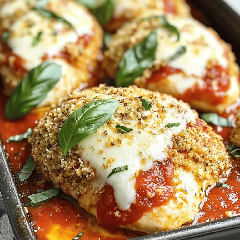 To make a delicious baked chicken Parmesan, you will need these essential ingredients: - 4 boneless, skinless chicken breasts - 1 cup breadcrumbs (preferably Italian seasoned) - 1/2 cup grated Parmesan cheese - 2 large eggs - 1 cup marinara sauce The right seasonings make all the difference. Here’s what you need: - 1 teaspoon garlic powder - 1 teaspoon dried oregano - 1/2 teaspoon salt - 1/4 teaspoon black pepper - 1½ cups shredded mozzarella cheese - Fresh basil leaves for garnish (optional) Having the right tools makes cooking easier. Here are the tools you should gather: - Baking sheet - Parchment paper - Mixing bowls - Whisk These ingredients and tools are key for crafting the perfect baked chicken Parmesan. Each item plays a role in building flavor and texture. For the complete recipe, check out the Full Recipe. - Preheat your oven to 400°F (200°C). - Line the baking sheet with parchment paper for easier cleanup. - Combine breadcrumbs, Parmesan cheese, garlic powder, oregano, salt, and pepper in a large mixing bowl. - Whisk the eggs in a separate bowl. - Dip chicken breasts in the beaten eggs, allowing excess to drip off. - Coat with breadcrumb mixture, pressing gently to adhere. - Place breaded chicken on the prepared baking sheet and spray tops with cooking spray. - Bake for 25-30 minutes until golden brown and cooked through. - Add marinara sauce and mozzarella cheese, then return to oven for 5-7 minutes. - Let chicken rest, garnish with basil leaves, and serve. Cooking Baked Chicken Parmesan is simple and fun. You can follow these steps from the Full Recipe to create a tasty meal that everyone will love. Enjoy the crunchy, cheesy goodness! To get that perfect crunch, use Italian seasoned breadcrumbs. They add great flavor. Before baking, spray the tops of the chicken with cooking spray. This helps create a golden, crispy layer. You can switch out chicken breasts for chicken thighs if you prefer darker meat. For a fun twist, try using Alfredo sauce instead of marinara. It gives a creamy touch to your dish. Always check the chicken with a meat thermometer. You want it to reach an internal temperature of 165°F (75°C). This ensures your chicken is safe to eat and perfectly cooked. {{image_2}} You can try different cheese options to change the flavor. Provolone adds a nice melt. Cheddar gives a sharp taste. Mix mozzarella with these cheeses for a fun twist. Each cheese brings its own vibe to the dish. Experiment and see what you like best. Adding vegetables makes the dish even better. Spinach works well in the marinara sauce. It adds color and health benefits. Mushrooms also bring a nice texture and flavor. Try sautéing them first for extra taste. You can mix and match to suit your taste. Want a gluten-free version? Use gluten-free breadcrumbs for the coating. Check your marinara sauce labels to ensure they are gluten-free. This way, those with gluten sensitivities can enjoy this dish too. Cooking can be tasty and inclusive for everyone! Store leftovers in an airtight container in the fridge for up to 3 days. This keeps the chicken moist and tasty. I recommend using glass containers. They help keep flavors fresh and are easy to clean. To reheat, place the chicken in the oven at 350°F (175°C) for best results. This method keeps the coating crispy. It usually takes about 15 minutes to warm through. You can cover it lightly with foil to stop it from getting too brown. You can freeze the chicken before baking for a quick meal later. Wrap each piece tightly in plastic wrap, then place them in a freezer bag. When ready to cook, bake from frozen. Just add 10-15 extra minutes to the cooking time. You should bake Baked Chicken Parmesan at 400°F (200°C) for 25-30 minutes. This time ensures the chicken cooks through and stays juicy. To check for doneness, the internal temperature should reach 165°F (75°C). The outside will turn golden brown, making it look and taste delicious. Yes, you can use frozen chicken for this recipe. Just remember to adjust the cooking times. Frozen chicken may need 5-10 extra minutes in the oven. Make sure to check the internal temperature to ensure it's safe to eat. Baked Chicken Parmesan can be healthy with a few tweaks. Use lean chicken breasts to cut down on fat. You can also use less cheese to lower calories. Serving it with a salad adds freshness and nutrients. Enjoy your meal guilt-free while still savoring every bite! This blog post covered how to make Baked Chicken Parmesan. We talked about the key ingredients, cooking tools, and step-by-step instructions. I shared tips for achieving a crispy coating and suggested tasty variations. Storing and reheating leftovers was also important if you want to enjoy this dish later. Baked Chicken Parmesan is simple and fun to make. You can easily change ingredients to suit your taste. Enjoy cooking and have a delicious meal!