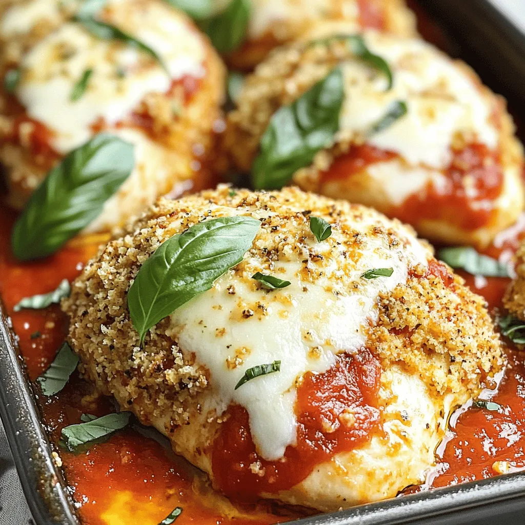 To make a delicious baked chicken Parmesan, you will need these essential ingredients: - 4 boneless, skinless chicken breasts - 1 cup breadcrumbs (preferably Italian seasoned) - 1/2 cup grated Parmesan cheese - 2 large eggs - 1 cup marinara sauce The right seasonings make all the difference. Here’s what you need: - 1 teaspoon garlic powder - 1 teaspoon dried oregano - 1/2 teaspoon salt - 1/4 teaspoon black pepper - 1½ cups shredded mozzarella cheese - Fresh basil leaves for garnish (optional) Having the right tools makes cooking easier. Here are the tools you should gather: - Baking sheet - Parchment paper - Mixing bowls - Whisk These ingredients and tools are key for crafting the perfect baked chicken Parmesan. Each item plays a role in building flavor and texture. For the complete recipe, check out the Full Recipe. - Preheat your oven to 400°F (200°C). - Line the baking sheet with parchment paper for easier cleanup. - Combine breadcrumbs, Parmesan cheese, garlic powder, oregano, salt, and pepper in a large mixing bowl. - Whisk the eggs in a separate bowl. - Dip chicken breasts in the beaten eggs, allowing excess to drip off. - Coat with breadcrumb mixture, pressing gently to adhere. - Place breaded chicken on the prepared baking sheet and spray tops with cooking spray. - Bake for 25-30 minutes until golden brown and cooked through. - Add marinara sauce and mozzarella cheese, then return to oven for 5-7 minutes. - Let chicken rest, garnish with basil leaves, and serve. Cooking Baked Chicken Parmesan is simple and fun. You can follow these steps from the Full Recipe to create a tasty meal that everyone will love. Enjoy the crunchy, cheesy goodness! To get that perfect crunch, use Italian seasoned breadcrumbs. They add great flavor. Before baking, spray the tops of the chicken with cooking spray. This helps create a golden, crispy layer. You can switch out chicken breasts for chicken thighs if you prefer darker meat. For a fun twist, try using Alfredo sauce instead of marinara. It gives a creamy touch to your dish. Always check the chicken with a meat thermometer. You want it to reach an internal temperature of 165°F (75°C). This ensures your chicken is safe to eat and perfectly cooked. {{image_2}} You can try different cheese options to change the flavor. Provolone adds a nice melt. Cheddar gives a sharp taste. Mix mozzarella with these cheeses for a fun twist. Each cheese brings its own vibe to the dish. Experiment and see what you like best. Adding vegetables makes the dish even better. Spinach works well in the marinara sauce. It adds color and health benefits. Mushrooms also bring a nice texture and flavor. Try sautéing them first for extra taste. You can mix and match to suit your taste. Want a gluten-free version? Use gluten-free breadcrumbs for the coating. Check your marinara sauce labels to ensure they are gluten-free. This way, those with gluten sensitivities can enjoy this dish too. Cooking can be tasty and inclusive for everyone! Store leftovers in an airtight container in the fridge for up to 3 days. This keeps the chicken moist and tasty. I recommend using glass containers. They help keep flavors fresh and are easy to clean. To reheat, place the chicken in the oven at 350°F (175°C) for best results. This method keeps the coating crispy. It usually takes about 15 minutes to warm through. You can cover it lightly with foil to stop it from getting too brown. You can freeze the chicken before baking for a quick meal later. Wrap each piece tightly in plastic wrap, then place them in a freezer bag. When ready to cook, bake from frozen. Just add 10-15 extra minutes to the cooking time. You should bake Baked Chicken Parmesan at 400°F (200°C) for 25-30 minutes. This time ensures the chicken cooks through and stays juicy. To check for doneness, the internal temperature should reach 165°F (75°C). The outside will turn golden brown, making it look and taste delicious. Yes, you can use frozen chicken for this recipe. Just remember to adjust the cooking times. Frozen chicken may need 5-10 extra minutes in the oven. Make sure to check the internal temperature to ensure it's safe to eat. Baked Chicken Parmesan can be healthy with a few tweaks. Use lean chicken breasts to cut down on fat. You can also use less cheese to lower calories. Serving it with a salad adds freshness and nutrients. Enjoy your meal guilt-free while still savoring every bite! This blog post covered how to make Baked Chicken Parmesan. We talked about the key ingredients, cooking tools, and step-by-step instructions. I shared tips for achieving a crispy coating and suggested tasty variations. Storing and reheating leftovers was also important if you want to enjoy this dish later. Baked Chicken Parmesan is simple and fun to make. You can easily change ingredients to suit your taste. Enjoy cooking and have a delicious meal!