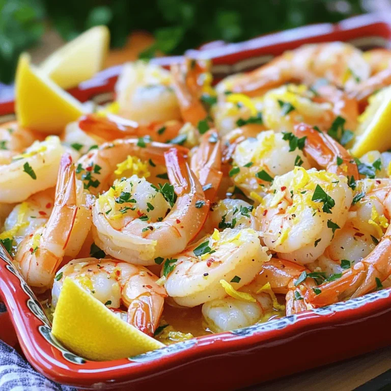 To make this dish, you need some fresh and simple ingredients. Here’s what you will need: - 1 pound large shrimp, peeled and deveined - 4 cloves garlic, minced - Zest and juice of 2 lemons - 3 tablespoons olive oil - 1 teaspoon red pepper flakes (adjust to taste) - Salt and pepper to taste These ingredients create a perfect blend of zesty and savory flavors. The shrimp will soak up the bright taste of lemon and garlic. You can enhance your dish with a few tasty garnishes: - 1 tablespoon fresh parsley, chopped (for garnish) - Lemon wedges (for serving) These garnishes add color and a fresh touch. They also boost the lemon flavor when served. Having the right tools makes cooking easier. Here’s what you will need: - A mixing bowl - A large skillet - A spatula or tongs - A knife and cutting board These tools help you prepare and cook the dish smoothly. With this setup, you will create a delightful meal. For the full recipe, just check the details above. To make the marinade, you start by gathering the shrimp and garlic. In a bowl, mix the shrimp, minced garlic, lemon zest, lemon juice, olive oil, red pepper flakes, salt, and pepper. Toss everything well. This step coats the shrimp in flavor. Let the mixture sit for 15 to 20 minutes. This helps the shrimp absorb all the tasty goodness. Next, heat a large skillet on medium-high heat. Once the skillet is hot, add the marinated shrimp in one layer. Cook for 2 to 3 minutes. You will see the shrimp turn pink. Flip them over and cook for another 2 minutes. The shrimp should be fully cooked and opaque. Be careful not to overcook them; this can make them tough. Once the shrimp is done, remove the skillet from the heat. Transfer the shrimp to a serving dish. For a nice touch, garnish with fresh parsley. Serve with lemon wedges on the side. This adds an extra zesty kick. For the full recipe, you can refer back to the ingredients and instructions provided earlier. Enjoy your meal! To cook shrimp just right, keep it simple. Use fresh shrimp for the best taste. Heat your skillet to medium-high. Add the shrimp in one layer. Cook for 2-3 minutes on one side. Watch for the color change; they should turn pink. Flip them over and cook for another 2 minutes. Shrimp cooks fast, so don’t walk away. Overcooked shrimp can get tough and chewy. Lemon and garlic are the stars here. For a deeper flavor, use fresh garlic. You can also add herbs like thyme or basil for more depth. If you like heat, increase the red pepper flakes. A splash of white wine during cooking can add a nice touch. Always taste as you go, and adjust to your liking. This dish is very flexible. You can swap shrimp for chicken or tofu if you prefer. Try adding veggies like bell peppers or zucchini for a colorful twist. Want a fun twist? Try adding a teaspoon of honey for a sweet touch. Use your favorite herbs to make this dish reflect your taste. Always feel free to experiment with flavors. Check out the Full Recipe for more ideas! {{image_2}} You can easily spice up your dish. Add more red pepper flakes for heat. If you like it very spicy, try diced jalapeños. They add a great kick. Mix them in when you marinate the shrimp. This zesty shrimp dish will set your taste buds on fire! Turn your zesty shrimp into a pasta dish. Cook your favorite pasta, like spaghetti or fettuccine. After cooking, toss the pasta with the shrimp. Use the leftover sauce from the shrimp for extra flavor. Top it with fresh parsley and lemon zest. This makes a complete meal that is full of flavor! Make grilled skewers for a fun twist. Thread the marinated shrimp onto skewers. You can add bell peppers or onions for extra veggies. Grill on medium heat for about 2-3 minutes per side. This method gives your shrimp a nice smoky flavor. Serve with lemon wedges for that zesty finish. For more details on how to make these variations, check out the Full Recipe. You should store your Zesty Lemon Garlic Shrimp in the fridge. Place the shrimp in an airtight container. They will stay fresh for up to 2 days. Make sure to cool them completely before sealing. This helps keep the shrimp tasty and safe. If you want to save some shrimp for later, freezing works well. First, cool your shrimp completely. Then, place them in a freezer-safe bag or container. Squeeze out as much air as you can. This helps prevent freezer burn. Your shrimp can last up to 3 months in the freezer. Reheat the shrimp carefully to keep them juicy. You can use a skillet over low heat. Add a splash of olive oil or water to help them heat evenly. Stir gently, and cook for about 2-3 minutes. Avoid high heat to prevent overcooking. You can also use a microwave. Heat in 30-second bursts until warm. Enjoy your meal! For the full recipe, check out Zesty Lemon Garlic Shrimp. You can marinate the shrimp for 15 to 20 minutes. This time lets the flavors mix well. If you marinate too long, the shrimp may get mushy. So, stick to the time for the best taste. You can serve this dish with many sides. Here are some great options: - Rice or quinoa for a filling base - Fresh salad for a crunchy bite - Garlic bread for a tasty treat - Pasta for a hearty meal Feel free to mix and match based on your taste! Yes, you can use frozen shrimp. Just remember to thaw them first. Place them in the fridge overnight or run them under cold water. Once thawed, you can follow the recipe as usual. Frozen shrimp works well and is often just as tasty! In this post, we explored how to make zesty lemon garlic shrimp. We covered the main ingredients, tools, and step-by-step cooking instructions. You learned tips for perfect shrimp and ways to customize the dish. We even discussed storage and answered common questions. Now, you can enjoy this simple yet tasty meal. Cooking shrimp can be fun and easy. With every bite, you can impress yourself and your guests. Happy cooking!