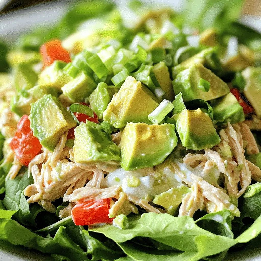 To make this tasty avocado chicken salad, gather these simple ingredients: - 2 cups cooked chicken, shredded - 1 ripe avocado, peeled and diced - 1/4 cup Greek yogurt - 1 tablespoon Dijon mustard - 1 tablespoon lemon juice - 1/4 cup celery, finely chopped - 1/4 cup red bell pepper, diced - 1/4 cup green onions, sliced - Salt and pepper to taste - Optional: Mixed greens for serving This salad is not just tasty; it's also good for you. Here’s why: - Avocado: Packed with healthy fats, avocados support heart health and boost energy. - Chicken: A great source of protein, chicken helps build strong muscles and keeps you full. - Greek Yogurt: It adds creaminess and gives you probiotics for gut health. - Lemon Juice: This adds flavor and vitamin C, which is good for your skin. - Vegetables: Celery, bell pepper, and green onions provide fiber and vitamins. Choosing the right ingredients makes a big difference. Here’s how to select fresh avocados and chicken: - Avocados: Look for ones that are firm but slightly soft when you press gently. The skin should be dark green. - Chicken: Opt for chicken breast that is pink and smells fresh. Avoid any that looks grey or has a strong odor. - Storage: Keep avocados at room temperature until ripe, then store in the fridge. Chicken should be kept cold and cooked within a few days. For the full recipe, check out the detailed instructions included. To make a tasty avocado chicken salad, gather all your ingredients. This recipe is simple and quick. You will need cooked chicken, avocado, Greek yogurt, and a few veggies. You can prep everything in about 15 minutes. 1. Start by shredding the cooked chicken. You can use rotisserie chicken for ease. 2. Next, peel and dice the ripe avocado. 3. In a large mixing bowl, combine the chicken and avocado. 4. Add Greek yogurt and Dijon mustard to the bowl. 5. Squeeze lemon juice over the mix. Fold everything together gently. You want the avocado to be chunky, not mushy. 6. Now, chop the celery, red bell pepper, and green onions. Add them to the bowl. 7. Season with salt and pepper to taste. Mix until everything is well combined. 8. For a cold salad, chill it in the fridge for about 30 minutes. 9. Serve the salad on mixed greens or in pita pockets for a delightful meal. To get the best texture, use a ripe avocado. It should be soft but not brown. When mixing, fold gently. This keeps the avocado chunks intact. If you want a creamier salad, add more Greek yogurt. Remember, chilling the salad helps the flavors blend nicely. Enjoy every bite of this fresh and flavorful delight! You can make avocado chicken salad ahead of time. This saves time when you're busy. If you plan to eat it later, add lemon juice to keep it fresh. Store it in a sealed container in the fridge. This salad tastes great for up to two days. Just give it a gentle stir before serving. Using the right tools can make salad prep quick and easy. A sharp knife helps you cut the avocado and veggies. A sturdy cutting board gives you a safe space to chop. A large mixing bowl is perfect for combining everything. A spatula or spoon helps you mix without mashing too much. Having these tools ready makes cooking fun. Avocado chicken salad pairs well with many sides. Try serving it on a bed of mixed greens. You can also use pita pockets or whole-grain bread for sandwiches. Fresh herbs like cilantro or parsley add a burst of flavor. For extra crunch, serve with tortilla chips or veggie sticks. Each bite becomes a delightful experience! For the full recipe, check out the details above. {{image_2}} You can switch up the avocado chicken salad by adding new ingredients. Try adding fruits like grapes or apples for a sweet twist. You can also mix in nuts like almonds or walnuts for crunch. Fresh herbs like cilantro or parsley can bring a lovely taste. Each ingredient adds a unique flavor and texture to the dish. While Greek yogurt gives a creamy touch, feel free to explore other dressings. A simple olive oil and vinegar mix can keep it light. You can also use a ranch or balsamic dressing for a bold kick. Experimenting with different dressings can change the whole taste of the salad. If you want a gluten-free option, just make sure all your ingredients are gluten-free. For a vegan salad, replace chicken with chickpeas or tofu. Use avocado and a vegan yogurt to keep it creamy. These changes keep the flavor while meeting different dietary needs. For the full recipe, check out Avocado Chicken Salad Delights. To keep your avocado chicken salad fresh, store it in an airtight container. Make sure to press a piece of plastic wrap against the surface of the salad. This step helps reduce air exposure. It keeps the flavors bright and the texture nice. Always place the salad in the fridge right after making it. Avoid leaving it out at room temperature for long periods. Avocado chicken salad stays fresh in the fridge for about 2 to 3 days. After that, the avocado may start to brown. The salad will still be safe to eat, but it may not look as nice. Always check for any off smells or changes in texture before eating. If it looks off, it's better to toss it out. I do not recommend freezing avocado chicken salad. Avocado does not freeze well. It can become mushy and lose its taste. If you have leftover chicken salad, try to eat it fresh. If you must freeze it, use only the chicken part. You can mix the avocado in later when you thaw it. This way, you keep the flavor and texture intact. For a full recipe, check out the details above. Yes, you can use canned chicken for this recipe. Canned chicken is easy and quick. It saves time if you are in a hurry. Just drain and shred it before mixing. The flavor will still be great, but fresh chicken offers better taste and texture. To prevent the avocado from browning, use lemon juice. The acid in the juice slows browning. Once you slice the avocado, squeeze lemon juice on it right away. You can also store the salad in an airtight container. This helps keep it fresh and green longer. You can serve this salad in many fun ways. Try it on a bed of mixed greens. It tastes great in pita pockets, too. For a crunchy twist, serve it with tortilla chips. You can also enjoy it on whole-grain bread as a sandwich. Check out the Full Recipe for more ideas! In this post, we covered the key parts of making avocado chicken salad. We looked at ingredients, health benefits, and tips for using fresh avocados and chicken. I shared steps on preparing and cooking the salad, plus ways to achieve the best texture. As you create this dish, remember the variations and storage tips we discussed. Enjoy this healthy meal and make it your own!