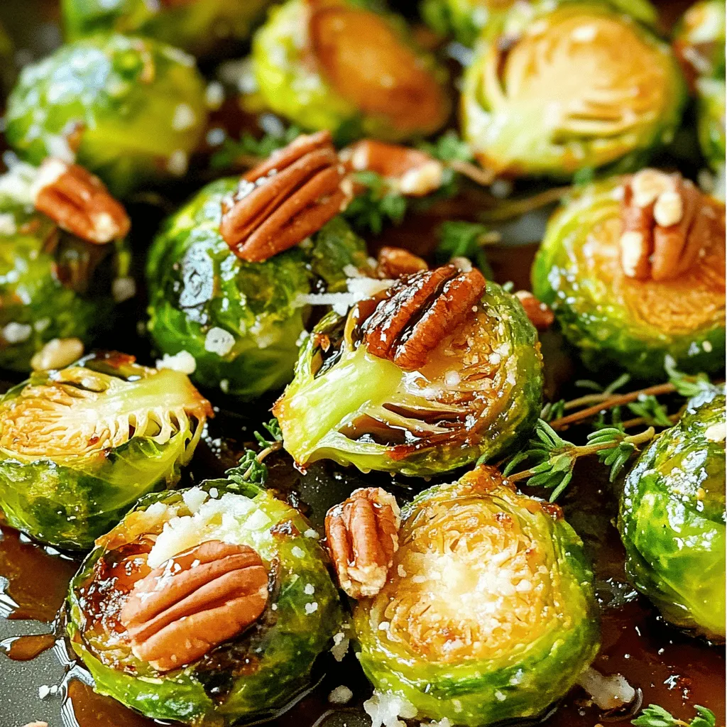 - 1 pound Brussels sprouts, trimmed and halved - 3 tablespoons balsamic vinegar - 1 tablespoon honey or maple syrup - 2 tablespoons olive oil - Salt and pepper to taste - 1/4 cup pecans or walnuts, chopped - 1 tablespoon fresh thyme leaves (or 1 teaspoon dried thyme) - Optional: Grated Parmesan cheese for serving Brussels sprouts are the star here. They grow in tight clusters on tall stalks. Choose sprouts that are firm and bright green. Trim the base and slice them in half. This helps them cook evenly. Balsamic vinegar adds a sweet and tangy flavor. It pairs well with the sprouts. Honey or maple syrup gives a nice touch of sweetness to the glaze. Use pure honey or real maple syrup for the best taste. Olive oil helps the sprouts roast to perfection. It gives them a crispy texture and rich flavor. Salt and pepper enhance all the flavors and make the dish pop. Nuts bring crunch and depth. I often use pecans or walnuts. They toast beautifully and add a great texture. Fresh thyme adds an aromatic touch. You can use dried thyme if fresh isn’t available. For a creamy finish, sprinkle on some grated Parmesan cheese. It adds a savory layer to the dish. - You can swap honey for agave syrup or brown sugar for a similar sweetness. - Try almonds or hazelnuts instead of pecans or walnuts. - Use rosemary or oregano if you do not have thyme on hand. Experiment with these ingredients to make this dish your own. You can adjust flavors to match your taste. For the full recipe, check out the link above. - Prepping the Brussels sprouts Start by trimming the ends of the Brussels sprouts. Cut them in half. This helps them cook evenly. - Mixing ingredients for the glaze In a small saucepan, mix balsamic vinegar and honey (or maple syrup). Heat over medium heat until it simmers. Stir until it thickens a bit, about five minutes. - Roasting instructions and timing Preheat your oven to 425°F (220°C). Place the halved Brussels sprouts in a bowl. Drizzle with olive oil, salt, and pepper. Toss well to coat. Spread them cut side down on a baking sheet. Roast for 20-25 minutes. Toss halfway for even cooking. - Toasting nuts process While the sprouts roast, take a small skillet. Add chopped pecans or walnuts. Toast over medium heat for about 3-5 minutes. Stir often to avoid burning. - How to combine the elements Once the Brussels sprouts are golden and crispy, take them out of the oven. Drizzle the balsamic glaze over them. Toss well to coat evenly. - Serving suggestions Sprinkle the toasted nuts and fresh thyme over the sprouts. If you want, add some grated Parmesan cheese for extra flavor. Serve warm as a delightful side dish. For the full experience, check out the Full Recipe. To get Brussels sprouts nice and crispy, start with a hot oven. Set it to 425°F (220°C). This high heat helps them roast well. Spread the sprouts out evenly on the baking sheet. Space them apart so they can brown nicely. If they touch too much, they will steam instead of roast. Brussels sprouts love spices! Add a pinch of garlic powder or smoked paprika for warmth. These spices bring out their natural taste. For a thicker balsamic glaze, simmer the vinegar longer. This helps it reduce and thicken just right, giving a rich flavor. Plating is key to making your dish shine. Serve the Brussels sprouts on a white plate. This makes their color pop! For a special touch, sprinkle grated Parmesan cheese on top. It adds a savory finish. You can also add fresh herbs like thyme for a burst of color and taste. {{image_2}} You can easily change this recipe with seasonal vegetables. Think about adding carrots or sweet potatoes. These veggies add color and sweetness. They pair well with the balsamic glaze. You might also try adding roasted red peppers for a pop of flavor. Adjusting the flavor profile can create new tastes. For a spicy kick, add red pepper flakes. If you love garlic, toss in some minced cloves. Each season brings different flavors. Embrace what is fresh and local. This dish is simple to modify for different diets. To make it vegan, swap honey for maple syrup. This keeps the glaze sweet and tasty. You can also use gluten-free balsamic vinegar. If you need nut-free options, skip the nuts entirely. Use sunflower seeds for a similar crunch. They add texture without the allergens. Balsamic glazed Brussels sprouts go great with many main dishes. They pair well with roasted chicken or grilled fish. These sprouts can also balance a rich meal like beef. If you have leftovers, you can use them in salads. Chop them up and toss them with mixed greens. They add a nice flavor to your lunch. You can also mix them into a grain bowl for a hearty meal. For the full recipe, check out the detailed instructions to get started on this dish. To keep your Balsamic Glazed Brussels Sprouts fresh, use airtight containers. Place any leftover sprouts in the fridge within two hours of cooking. They can last for up to three days. If you want to freeze them, make sure they are completely cool first. Use freezer-safe bags or containers. They can last up to three months in the freezer. When reheating, the goal is to keep the sprouts crispy. The best method is to use an oven. Preheat the oven to 350°F (175°C). Spread the sprouts on a baking sheet and heat for about 10-15 minutes. This method helps maintain their texture. Avoid using a microwave, as this can make them soggy. If you must use a microwave, do so in short bursts and cover them loosely with a paper towel to help keep moisture in check. To cut Brussels sprouts, start by trimming the stem end. Remove any yellow leaves. Then, slice each sprout in half from top to bottom. This method helps them cook evenly. If you want smaller pieces, you can quarter them. Halving makes them easy to roast and helps them absorb the glaze better. Yes, you can make the balsamic glaze ahead of time. Just cook it as the recipe states and let it cool. Store the glaze in an airtight container in the fridge for up to a week. When you're ready to use it, gently reheat it in a saucepan over low heat. This brings back its flavorful taste. Leftover balsamic glazed Brussels sprouts will last for about 3 to 4 days in the fridge. Store them in an airtight container to keep them fresh. If you want to reheat them, use the oven or a skillet. This will help keep them crispy. Avoid microwaving, as it may make them soggy. In this post, we explored how to make delicious roasted Brussels sprouts with a sweet balsamic glaze. We covered the key ingredients, helpful tips, and various recipe variations. Keep these steps in mind for perfect results each time. Try new spices and toppings to make this dish your own. Remember, leftovers can be stored easily, so don’t hesitate to whip up a big batch. Enjoy your cooking adventure and impress your friends with this tasty side dish!