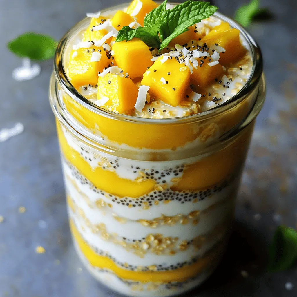 To make Coconut Mango Overnight Oats, you need the following key ingredients: - 1 cup rolled oats - 1 cup coconut milk (canned or carton) - 1/2 ripe mango, diced - 1 tablespoon chia seeds - 1 tablespoon honey or maple syrup (optional, for sweetness) - 1/4 teaspoon vanilla extract - 1/4 teaspoon salt - Fresh mint leaves for garnish - Toasted coconut flakes for topping These ingredients create a creamy and fruity breakfast. The oats soak up the coconut milk and flavors overnight. The mango adds a sweet, tropical taste. You can add or change some ingredients to suit your taste. Here are some ideas: - Other fruits, like bananas or berries - Nuts, such as almonds or walnuts - Spices, like cinnamon or nutmeg - A dollop of yogurt for creaminess Feel free to mix and match. This makes each batch unique and fun. When choosing mangoes, look for ripe ones. They should feel slightly soft when gently pressed. The skin may be green, yellow, or red, depending on the type. A sweet aroma means it’s ripe and ready to eat. For coconut milk, check the label. Look for options with no additives. If using canned milk, choose full-fat for the best creaminess. Carton coconut milk is lighter but still tasty. Now, you have everything you need for a delightful breakfast. Check the [Full Recipe] for step-by-step instructions. Enjoy your cooking! To start, grab a medium bowl. Add 1 cup of rolled oats and 1 tablespoon of chia seeds. Then, pour in 1 cup of coconut milk. You can use canned or carton coconut milk. Next, add 1/2 ripe mango, diced into small pieces. If you like it sweet, stir in 1 tablespoon of honey or maple syrup. For extra flavor, include 1/4 teaspoon of vanilla extract and a pinch of salt. Mix everything well. Make sure the oats are fully covered in coconut milk. Cover your bowl with a lid or plastic wrap. Place it in the fridge overnight. If you can't wait, let it soak for at least 4 hours. This soaking time helps the oats and chia seeds absorb the liquid. They will soften and become creamy. In the morning, take your bowl out of the fridge. Give it a good stir. If you prefer a creamier texture, add a splash of coconut milk. Then, divide the mixture into bowls or jars. Top each serving with extra diced mango, toasted coconut flakes, and a few fresh mint leaves. This adds color and makes your dish look inviting. Enjoy your tasty Coconut Mango Overnight Oats right away! You can also keep them in the fridge for 2-3 days for a quick breakfast option. For the full recipe, check the earlier section. To get the best texture, use rolled oats. They soak up liquid well. Mix your oats with coconut milk and chia seeds. This combo helps make them creamy. Let them sit overnight. This gives the oats time to soften and thicken. If you like them creamier, add more coconut milk in the morning. You can add extra flavor to your oats. Try mixing in spices like cinnamon or nutmeg. A splash of lime juice can brighten the taste. Other fruits work great too. Consider using pineapple or berries. For a nutty flavor, add almond butter or peanut butter. These changes keep your breakfast exciting and tasty. One mistake is not using enough liquid. Always ensure the oats are fully submerged. If you skip the chilling time, the oats won't soften. This makes for a crunchy breakfast. Also, don’t forget to stir before serving. This helps mix in any settled ingredients. Avoid these errors, and your oats will shine. For a full recipe, check out the Coconut Mango Overnight Oats. {{image_2}} You can easily change your Coconut Mango Overnight Oats. Try adding pineapple for a zingy twist! Other great options include banana, passion fruit, or papaya. These fruits mix well with coconut and mango. You can also add nuts like cashews or almonds for crunch. Mixing in seeds like hemp or flax can boost the nutrition too. Each addition brings its own fun flavor and texture. To make this dish dairy-free, use coconut milk from a carton or can. This gives a rich, creamy taste. You can replace honey with maple syrup for a vegan choice. Both sweeteners work well, but maple syrup keeps it plant-based. Almond or oat milk are good substitutes for coconut milk, too. Just pick what you like best! If you're watching your sugar, reduce or skip the sweetener. The ripe mango adds natural sweetness, so you may not need extra. Instead of chia seeds, use unsweetened coconut yogurt for creaminess. This adds flavor without added sugar. You can also use unsweetened coconut flakes as a topping. These choices keep it tasty while being mindful of sugar intake. For the full recipe, check out the link. To keep your Coconut Mango Overnight Oats fresh, store them in airtight containers. Glass jars work great for this. Make sure to seal them tightly. Avoid leaving them uncovered in the fridge. This keeps the oats from drying out or absorbing other smells. You can enjoy your overnight oats for up to 2-3 days in the fridge. After that, the texture might change. The oats can become mushy, and the mango may lose its freshness. If you see any signs of spoilage, like a sour smell, it's best to toss them. You do not need to heat Coconut Mango Overnight Oats. They taste best cold. However, if you prefer them warm, you can microwave them. Place the oats in a bowl and heat for about 30 seconds. Stir and check the temperature. Heat more if needed, but don’t overheat. Enjoy your delicious breakfast! Yes, you can! Pineapple, berries, or banana work great. Each fruit adds its own flavor. Experiment to find your favorite mix. You can even use a blend of fruits for fun! To make these oats vegan, use maple syrup instead of honey. Also, ensure your coconut milk is dairy-free. Both ingredients keep the recipe plant-based and tasty! If you lack chia seeds, try flaxseeds instead. They thicken your oats just like chia seeds. You can also skip them, but your oats may be less creamy. You can add more or less honey or maple syrup. Taste the mixture before refrigeration to find your preferred sweetness. Try mashed banana or a sprinkle of cinnamon for a natural sweet touch. Soaking oats overnight is key for the best texture. It helps them absorb the coconut milk and flavors. If you’re short on time, soak them for at least 4 hours. The oats will still be soft and delicious. For the full recipe, check the details above to whip up your Coconut Mango Overnight Oats! In this post, we covered everything for Coconut Mango Overnight Oats. We discussed essential and optional ingredients, plus tips for choosing fresh mango and coconut milk. I shared step-by-step instructions, tips for the perfect texture, and common mistakes to avoid. We also explored fun variations and storage guidelines. Coconut Mango Overnight Oats are easy to customize, healthy, and delicious. Experiment with flavors and enjoy your creation each morning.
