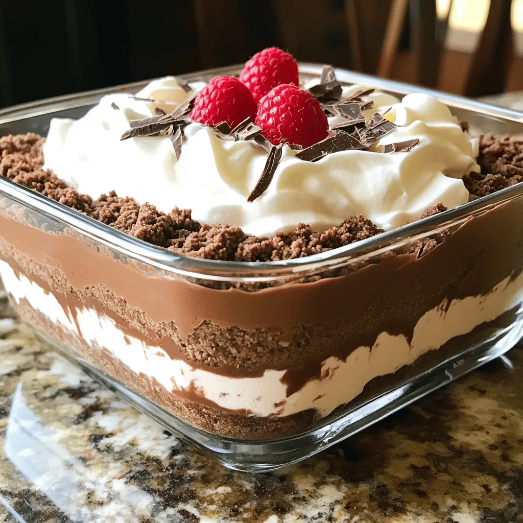To make No Bake Chocolate Lasagna, gather these ingredients: - 1 package of chocolate cream cookies (about 15 oz) - 1/2 cup unsalted butter, melted - 2 cups cream cheese, softened - 1 cup powdered sugar - 2 cups whipped cream (or cool whip) - 1 cup chocolate pudding mix - 2 1/2 cups milk - 1 teaspoon vanilla extract - Shaved chocolate or chocolate chips for garnish - Optional: Fresh raspberries or strawberries for topping Here are some tips for measurements and substitutions: - Use gluten-free cookies if you need a gluten-free option. - If you like a richer taste, swap regular cream cheese for mascarpone. - You can replace powdered sugar with granulated sugar if you blend it well. - Use almond milk or oat milk instead of regular milk for dairy-free. - If you want a lighter touch, use light whipped cream or yogurt. To make this dessert, you’ll need a few tools: - Mixing bowls (large and medium) - Electric mixer or whisk - 9x13 inch baking dish - Spatula for spreading layers - Plastic wrap for chilling These tools help you create the perfect layers. Enjoy making this fudge-like dessert! For the complete recipe, check the [Full Recipe]. To make No Bake Chocolate Lasagna, start with the cookie crust. Take your chocolate cream cookies and crush them finely in a large bowl. Mix in the melted butter. Press this mixture evenly into the bottom of a 9x13 inch dish. This forms the base of your dessert. Next, you'll create the cream cheese layer. In another bowl, beat the softened cream cheese until it’s smooth. Slowly add the powdered sugar while mixing. Once combined, fold in one cup of whipped cream. This makes the cream cheese layer light and fluffy. Now, spread the cream cheese mixture over the cookie crust. Use a spatula to smooth it out evenly. This layer should be thick and creamy. For the chocolate pudding layer, whisk the pudding mix and milk in a separate bowl. Keep mixing until it thickens. Add vanilla extract for a richer flavor. Pour this pudding over the cream cheese layer and spread it evenly. Finally, top the pudding with the remaining whipped cream. Spread it to create a smooth finish on top. Layering is key to a great No Bake Chocolate Lasagna. Start with a firm base. Press the cookie crust tightly to prevent it from crumbling. Each layer should be spread smoothly. Use a spatula to ensure even distribution. When adding the cream cheese layer, make sure it covers the crust completely. This prevents the pudding from soaking into the crust. When you pour the pudding, do it gently to keep the layers distinct. Consider chilling the dish between layers to set each one. This helps maintain separation and keeps everything looking neat. To achieve smooth layers, use softened cream cheese. It blends easily and creates a creamy texture. Always mix slowly to avoid lumps. When preparing the pudding, whisk thoroughly to remove any clumps. If you notice lumps, strain the mixture before adding it to the dessert. Chilling each layer for about 15 minutes helps firm them up. This makes it easier to spread the next layer without mixing. Lastly, for a polished finish, use an offset spatula to smooth the whipped cream on top. It gives a professional look to your dessert. For the full recipe, check out the complete guide above. To get the best texture for your no bake chocolate lasagna, focus on your layers. Start with a firm cookie crust. Press it down well to avoid crumbling later. For the cream cheese layer, beat the cream cheese until it's smooth. Mix in powdered sugar slowly. This helps avoid lumps. Fold in whipped cream gently. This keeps it light and fluffy. When making the pudding, whisk it until it’s thick. This ensures it won't run into other layers. If you have leftovers, store them in the fridge. Cover the dish tightly with plastic wrap. This keeps it fresh and prevents odors from other foods. You can also transfer it to an airtight container. It’s best to eat leftovers within three days for the best taste. If you want to keep it longer, consider freezing individual slices. Just wrap each slice in plastic wrap and place them in a freezer-safe bag. Avoid common mistakes to make your dessert shine. First, don’t skip chilling time. It’s key for the layers to set. Second, be careful with the whipped cream. Don't overmix it; otherwise, it can become grainy. Third, make sure to measure your ingredients accurately. Too much pudding mix can make it too thick. Lastly, don't rush the layering process. Take your time to spread each layer evenly. This way, you get a beautiful, tasty dessert. For more details, you can check the Full Recipe. {{image_2}} You can easily change the flavors in no bake chocolate lasagna. Here are some fun ideas: - Peanut Butter Surprise: Mix in peanut butter with the cream cheese layer. This adds a nutty twist. - Mint Chocolate: Add mint extract to the pudding layer. It gives a refreshing taste. - Espresso Delight: Stir in some espresso powder for a coffee flavor. It pairs well with chocolate. These options let you personalize your dessert for any occasion. Garnishing is key for making your dish look great. Try these ideas for a unique touch: - Fruit Medley: Top with fresh raspberries, strawberries, or banana slices. They add color and freshness. - Nutty Crunch: Sprinkle chopped nuts like walnuts or pecans on top. This adds texture and flavor. - Drizzle Magic: Drizzle caramel or chocolate sauce over the whipped cream. It looks fancy and tastes amazing. These garnishes make your dessert not just tasty but also eye-catching. You can modify this recipe to fit different diets. Here are some easy swaps: - Gluten-Free: Use gluten-free chocolate cookies for the crust. This keeps it safe for gluten-free eaters. - Dairy-Free: Substitute cream cheese and whipped cream with plant-based alternatives. Look for coconut or almond options. - Lower Sugar: Use sugar alternatives in the cream cheese layer. This makes it better for those watching their sugar. These adjustments let everyone enjoy this tasty dessert without worry. For the complete recipe, refer to the Full Recipe mentioned above. To keep your no bake chocolate lasagna fresh, refrigerate it right away. Cover the dish tightly with plastic wrap or foil. This helps keep air out and moisture in. Chill it for at least four hours. For the best taste, let it sit overnight. The flavors will meld beautifully. Remember, the longer it chills, the better the layers set. You can freeze no bake chocolate lasagna for later. Cut it into portions for easy serving. Wrap each piece tightly in plastic wrap. Place the wrapped slices in a freezer-safe bag. This way, you can enjoy a slice whenever you want. When ready to eat, let it thaw in the fridge overnight. Avoid freezing for more than two months to keep the flavor fresh. When stored correctly in the fridge, no bake chocolate lasagna lasts about 5 days. If you freeze it, the taste will stay good for about two months. However, keep in mind that the texture may change slightly after thawing. Always check for any signs of spoilage before eating. Enjoy your sweet treat while it’s fresh! No Bake Chocolate Lasagna is a layered dessert made without baking. It features a cookie crust, creamy layers, and rich chocolate pudding. This dessert is easy to make and great for gatherings. You combine simple ingredients to create a delightful treat. The layers blend together for a tasty experience. Kids and adults love it alike! Yes, you can make No Bake Chocolate Lasagna ahead of time. It needs to chill for at least four hours. For best results, chill it overnight. Preparing it in advance saves you time on the day of your event. Just remember to cover it tightly with plastic wrap. This will keep it fresh and delicious. To prevent soggy layers in No Bake Chocolate Lasagna, let the crust set well. Use crushed cookies mixed with melted butter for a firm base. Avoid adding too much liquid to your layers. Make sure your cream cheese mix and pudding are thick. Always refrigerate it for the right amount of time. This will help the layers hold together well. In this post, we explored the key steps to making No Bake Chocolate Lasagna. We covered the important ingredients, tools needed, and the step-by-step process for great results. I shared tips for perfect texture and ways to store leftovers. You also learned about fun variations and best practices for storage. Now, you can easily create a delicious dessert. Enjoy experimenting with flavors and impressing your friends!