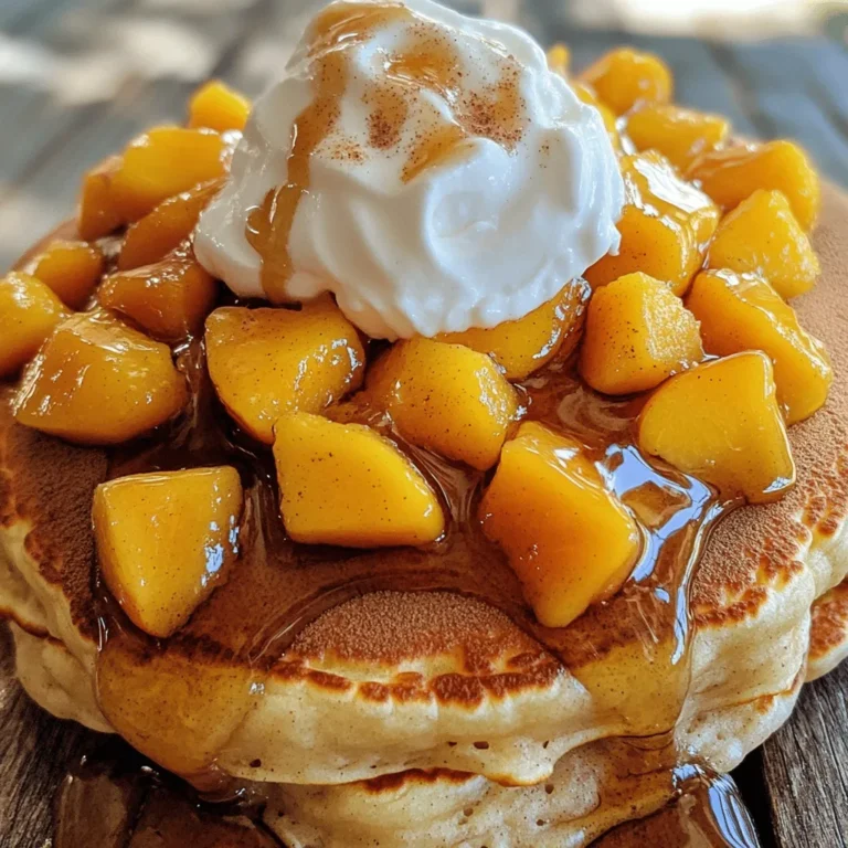 Peach Cobbler Pancakes need simple and fresh ingredients. Here’s what you will need: - 1 cup all-purpose flour - 1 tablespoon baking powder - 1 tablespoon sugar - 1/2 teaspoon salt - 1 cup buttermilk - 1 large egg - 1 tablespoon vanilla extract - 2 tablespoons melted butter - 1 cup fresh peaches, peeled and diced - 1 teaspoon ground cinnamon - 1/4 cup brown sugar (for topping) - Whipped cream (for serving) These ingredients come together to create a fluffy pancake that tastes like peach cobbler. The fresh peaches add a sweet burst, while the cinnamon gives warmth. The brown sugar on top melts slightly as you cook, creating a sweet crust. Make sure to use ripe peaches for the best flavor. They should be soft to the touch and fragrant. If you prefer, you can substitute with canned peaches, but fresh is always best. To find the full recipe, check out the recipe section above. Happy cooking! To start, gather your ingredients. First, we need to combine the dry ingredients. In a mixing bowl, whisk together: - 1 cup all-purpose flour - 1 tablespoon baking powder - 1 tablespoon sugar - 1/2 teaspoon salt This mix gives our pancakes a fluffy base. Next, in another bowl, mix the wet ingredients. Beat together: - 1 cup buttermilk - 1 large egg - 1 tablespoon vanilla extract - 2 tablespoons melted butter Once mixed, pour the wet ingredients into the dry mix. Stir gently until just combined. It’s okay to have a few lumps; this helps keep the pancakes light. Finally, fold in: - 1 cup fresh peaches, peeled and diced - 1 teaspoon ground cinnamon This adds flavor and makes the batter smell amazing. Now, heat a non-stick skillet or griddle over medium heat. Lightly grease it with butter or cooking spray. Pour about 1/4 cup of batter onto the skillet for each pancake. Cook for about 2-3 minutes. Look for bubbles forming on the surface; this shows they are ready to flip. When it’s time to flip, do it with confidence. A quick, smooth motion keeps the pancake from breaking. Cook for an additional 1-2 minutes until golden brown. To add a sweet touch, sprinkle brown sugar on top of pancakes after flipping. This creates a nice caramelized finish. Serving your peach cobbler pancakes is where you can really shine. Place them on a warm plate for a nice touch. For extra flair, top with: - Whipped cream - Additional peach slices - A sprinkle of cinnamon This not only makes them look great but also adds more flavor. Enjoy your delicious breakfast treat that feels like dessert! - Overmixing the batter: This is a common error. When you mix too much, your pancakes can turn out tough. Just mix until the dry ingredients blend with the wet ones. A few lumps are perfectly fine. - Cooking at the wrong temperature: If your skillet is too hot, the outside burns before the inside cooks. Medium heat works best for even cooking. - Achieving fluffiness: For fluffy pancakes, use buttermilk. It adds moisture and lightness. Also, make sure to let the batter rest for a few minutes before cooking. This step helps the pancakes rise better. - Using fresh ingredients: Fresh peaches make a big difference. They add natural sweetness and flavor. Always choose ripe, firm peaches for the best result. - Adding spices: Ground cinnamon is a must for a warm flavor boost. You can also try nutmeg or cardamom for a unique twist. A pinch can elevate the taste. - Experimenting with sweetness: If you like your pancakes sweeter, adjust the brown sugar topping. You can also drizzle maple syrup or honey for added sweetness. Be creative and find your perfect balance! For the complete recipe, check out the Full Recipe. {{image_2}} You can easily adapt this recipe to fit your needs. - Gluten-free alternatives: Substitute all-purpose flour with a gluten-free blend. Look for blend options that contain xanthan gum to help with texture. - Dairy-free options: Use almond milk or oat milk instead of buttermilk. You can also try coconut yogurt for a creamy touch. Feel free to mix up the flavors! - Different fruits: Try using blueberries, strawberries, or even bananas. Each fruit brings its own unique taste. - Nut and grain options: You can add chopped nuts like pecans or walnuts for crunch. For more fiber, mix in oats or quinoa flakes. Explore other cultures with your pancakes! - Adding spices from different cuisines: Consider adding cardamom for a Middle Eastern flair or nutmeg for a warm, cozy taste. Cinnamon is always a classic choice too. - Regional pancake variations: Try making these pancakes with a Southern twist by adding a hint of cornmeal. For a French touch, serve with a drizzle of maple syrup and a dusting of powdered sugar. You can find the Full Recipe for these delightful Peach Cobbler Pancakes and unleash your creativity! To keep your peach cobbler pancakes fresh, store them in the fridge. Place them in an airtight container. They can last about 3 to 4 days this way. If you want to save them longer, you can freeze the pancakes. Just stack them with parchment paper in between each one. Then, place them in a freezer bag. They will stay good for up to 2 months in the freezer. When it comes to reheating, you want your pancakes to stay fluffy. The best method is to use a skillet. Heat it on low and add a little butter. Place the pancakes in the skillet for about 1-2 minutes on each side. If you need to use a microwave, set it to medium power. Heat for 20-30 seconds at a time until warm. This helps keep the texture nice. These pancakes are best enjoyed fresh, but they can last a while. In the fridge, they last about 3-4 days. In the freezer, they can last up to 2 months. Check for signs they are no longer good. If they smell sour or have a slimy texture, it’s best to toss them out. Always trust your senses when it comes to food safety. Peach cobbler pancakes are a sweet breakfast dish. They combine fluffy pancakes with sweet, juicy peaches. The pancakes have a warm, cinnamon flavor that reminds you of peach cobbler. You can top them with whipped cream and brown sugar for extra sweetness. Each bite feels like a cozy hug on a plate! Yes, you can! Prepare the pancake batter the night before. Store it in the fridge, covered. When you are ready to cook, just give the batter a quick stir. You can also cook the pancakes in advance. Store them in the fridge or freezer. To reheat, use a toaster or microwave. This way, you can enjoy them any time! If your peaches are hard, you can ripen them quickly. Place the peaches in a paper bag. Close the bag loosely and leave it at room temperature. The ethylene gas will help them ripen faster. Check them daily. Once soft, they are ready to use in your pancakes! For the full recipe, check out [Peach Cobbler Pancakes](#). Enjoy making this tasty dish! In this post, we explored how to make peach cobbler pancakes from scratch. We listed all the ingredients, provided step-by-step instructions, and shared tips for perfect pancakes. You learned common mistakes to avoid, variations to try, and how to store leftovers. Enjoy these pancakes fresh or experiment with flavors. Remember, cooking is about fun and creativity. With these tips, you can impress anyone. Enjoy making and sharing these delicious pancakes with family and friends.