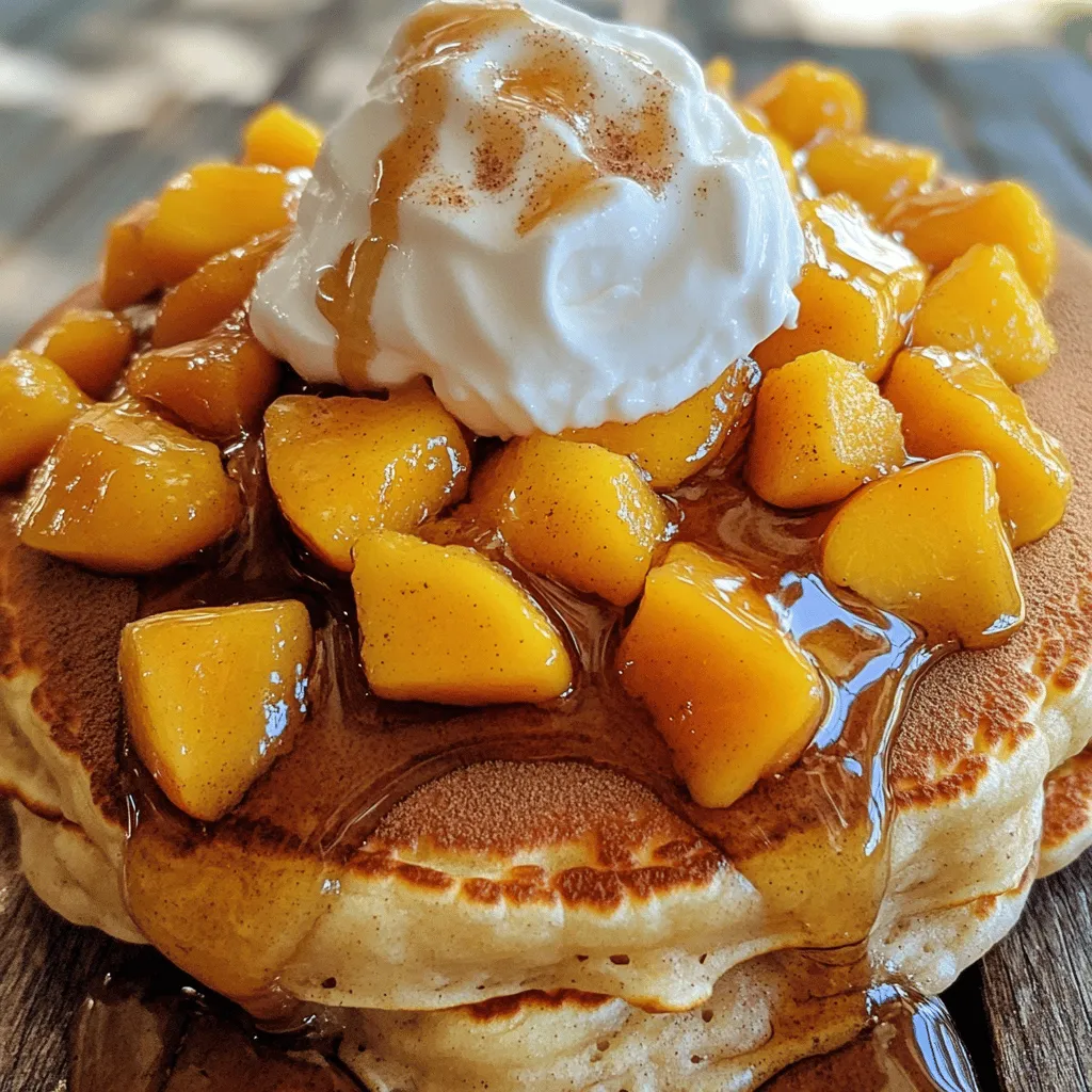 Peach Cobbler Pancakes need simple and fresh ingredients. Here’s what you will need: - 1 cup all-purpose flour - 1 tablespoon baking powder - 1 tablespoon sugar - 1/2 teaspoon salt - 1 cup buttermilk - 1 large egg - 1 tablespoon vanilla extract - 2 tablespoons melted butter - 1 cup fresh peaches, peeled and diced - 1 teaspoon ground cinnamon - 1/4 cup brown sugar (for topping) - Whipped cream (for serving) These ingredients come together to create a fluffy pancake that tastes like peach cobbler. The fresh peaches add a sweet burst, while the cinnamon gives warmth. The brown sugar on top melts slightly as you cook, creating a sweet crust. Make sure to use ripe peaches for the best flavor. They should be soft to the touch and fragrant. If you prefer, you can substitute with canned peaches, but fresh is always best. To find the full recipe, check out the recipe section above. Happy cooking! To start, gather your ingredients. First, we need to combine the dry ingredients. In a mixing bowl, whisk together: - 1 cup all-purpose flour - 1 tablespoon baking powder - 1 tablespoon sugar - 1/2 teaspoon salt This mix gives our pancakes a fluffy base. Next, in another bowl, mix the wet ingredients. Beat together: - 1 cup buttermilk - 1 large egg - 1 tablespoon vanilla extract - 2 tablespoons melted butter Once mixed, pour the wet ingredients into the dry mix. Stir gently until just combined. It’s okay to have a few lumps; this helps keep the pancakes light. Finally, fold in: - 1 cup fresh peaches, peeled and diced - 1 teaspoon ground cinnamon This adds flavor and makes the batter smell amazing. Now, heat a non-stick skillet or griddle over medium heat. Lightly grease it with butter or cooking spray. Pour about 1/4 cup of batter onto the skillet for each pancake. Cook for about 2-3 minutes. Look for bubbles forming on the surface; this shows they are ready to flip. When it’s time to flip, do it with confidence. A quick, smooth motion keeps the pancake from breaking. Cook for an additional 1-2 minutes until golden brown. To add a sweet touch, sprinkle brown sugar on top of pancakes after flipping. This creates a nice caramelized finish. Serving your peach cobbler pancakes is where you can really shine. Place them on a warm plate for a nice touch. For extra flair, top with: - Whipped cream - Additional peach slices - A sprinkle of cinnamon This not only makes them look great but also adds more flavor. Enjoy your delicious breakfast treat that feels like dessert! - Overmixing the batter: This is a common error. When you mix too much, your pancakes can turn out tough. Just mix until the dry ingredients blend with the wet ones. A few lumps are perfectly fine. - Cooking at the wrong temperature: If your skillet is too hot, the outside burns before the inside cooks. Medium heat works best for even cooking. - Achieving fluffiness: For fluffy pancakes, use buttermilk. It adds moisture and lightness. Also, make sure to let the batter rest for a few minutes before cooking. This step helps the pancakes rise better. - Using fresh ingredients: Fresh peaches make a big difference. They add natural sweetness and flavor. Always choose ripe, firm peaches for the best result. - Adding spices: Ground cinnamon is a must for a warm flavor boost. You can also try nutmeg or cardamom for a unique twist. A pinch can elevate the taste. - Experimenting with sweetness: If you like your pancakes sweeter, adjust the brown sugar topping. You can also drizzle maple syrup or honey for added sweetness. Be creative and find your perfect balance! For the complete recipe, check out the Full Recipe. {{image_2}} You can easily adapt this recipe to fit your needs. - Gluten-free alternatives: Substitute all-purpose flour with a gluten-free blend. Look for blend options that contain xanthan gum to help with texture. - Dairy-free options: Use almond milk or oat milk instead of buttermilk. You can also try coconut yogurt for a creamy touch. Feel free to mix up the flavors! - Different fruits: Try using blueberries, strawberries, or even bananas. Each fruit brings its own unique taste. - Nut and grain options: You can add chopped nuts like pecans or walnuts for crunch. For more fiber, mix in oats or quinoa flakes. Explore other cultures with your pancakes! - Adding spices from different cuisines: Consider adding cardamom for a Middle Eastern flair or nutmeg for a warm, cozy taste. Cinnamon is always a classic choice too. - Regional pancake variations: Try making these pancakes with a Southern twist by adding a hint of cornmeal. For a French touch, serve with a drizzle of maple syrup and a dusting of powdered sugar. You can find the Full Recipe for these delightful Peach Cobbler Pancakes and unleash your creativity! To keep your peach cobbler pancakes fresh, store them in the fridge. Place them in an airtight container. They can last about 3 to 4 days this way. If you want to save them longer, you can freeze the pancakes. Just stack them with parchment paper in between each one. Then, place them in a freezer bag. They will stay good for up to 2 months in the freezer. When it comes to reheating, you want your pancakes to stay fluffy. The best method is to use a skillet. Heat it on low and add a little butter. Place the pancakes in the skillet for about 1-2 minutes on each side. If you need to use a microwave, set it to medium power. Heat for 20-30 seconds at a time until warm. This helps keep the texture nice. These pancakes are best enjoyed fresh, but they can last a while. In the fridge, they last about 3-4 days. In the freezer, they can last up to 2 months. Check for signs they are no longer good. If they smell sour or have a slimy texture, it’s best to toss them out. Always trust your senses when it comes to food safety. Peach cobbler pancakes are a sweet breakfast dish. They combine fluffy pancakes with sweet, juicy peaches. The pancakes have a warm, cinnamon flavor that reminds you of peach cobbler. You can top them with whipped cream and brown sugar for extra sweetness. Each bite feels like a cozy hug on a plate! Yes, you can! Prepare the pancake batter the night before. Store it in the fridge, covered. When you are ready to cook, just give the batter a quick stir. You can also cook the pancakes in advance. Store them in the fridge or freezer. To reheat, use a toaster or microwave. This way, you can enjoy them any time! If your peaches are hard, you can ripen them quickly. Place the peaches in a paper bag. Close the bag loosely and leave it at room temperature. The ethylene gas will help them ripen faster. Check them daily. Once soft, they are ready to use in your pancakes! For the full recipe, check out [Peach Cobbler Pancakes](#). Enjoy making this tasty dish! In this post, we explored how to make peach cobbler pancakes from scratch. We listed all the ingredients, provided step-by-step instructions, and shared tips for perfect pancakes. You learned common mistakes to avoid, variations to try, and how to store leftovers. Enjoy these pancakes fresh or experiment with flavors. Remember, cooking is about fun and creativity. With these tips, you can impress anyone. Enjoy making and sharing these delicious pancakes with family and friends.