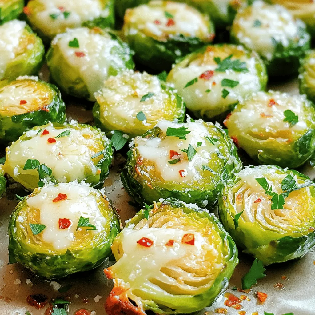 To make Garlic Parmesan Brussels Sprouts, you need just a few simple items. Here is what you will need: - 1 lb Brussels sprouts, trimmed and halved - 3 tablespoons olive oil - 4 cloves garlic, minced - 1/2 teaspoon red pepper flakes (optional) - 1/2 cup grated Parmesan cheese - Salt and pepper to taste These ingredients create a tasty base for a dish that is both easy and delicious. The Brussels sprouts are key. Their natural sweetness pairs well with the garlic and cheese. You can add a few extra items to kick up the flavor. Consider these: - 1 tablespoon balsamic vinegar (for extra tang) - Fresh parsley, chopped (for garnish) The balsamic vinegar adds a lovely depth. It brightens the dish and gives it a bit of zing. Fresh parsley adds color and a hint of freshness. This dish is not only tasty but also healthy. Here’s a quick look at the nutrition per serving: - Calories: Approximately 220 - Protein: 6g - Fat: 16g - Carbohydrates: 14g - Fiber: 5g Brussels sprouts are high in fiber and vitamins. They make this dish a great choice for a healthy side. You can enjoy these Garlic Parmesan Brussels Sprouts guilt-free! For the complete recipe, check out the [Full Recipe]. First, gather your ingredients. You need: - 1 lb Brussels sprouts, trimmed and halved - 3 tablespoons olive oil - 4 cloves garlic, minced - 1/2 teaspoon red pepper flakes (optional) - 1/2 cup grated Parmesan cheese - Salt and pepper to taste - 1 tablespoon balsamic vinegar (optional) - Fresh parsley, chopped Next, preheat the oven to 425°F (220°C). This step is key for a great roast. In a large bowl, mix the halved Brussels sprouts with olive oil, minced garlic, red pepper flakes, salt, and pepper. Stir until all sprouts are coated. This helps them roast well. Now, spread the Brussels sprouts on a baking sheet. Place them cut side down. This helps them caramelize and become crispy. Roast them for 20-25 minutes. Halfway through, give them a stir for even cooking. Keep an eye on them. You want them golden brown and crunchy. Once they are roasted, take them out of the oven. Sprinkle the grated Parmesan cheese all over the sprouts. If you like, drizzle balsamic vinegar on top for more flavor. Place them back in the oven for another 5 minutes. This melts the cheese and adds a nice touch. Finally, garnish with chopped fresh parsley. Serve warm and enjoy! For the complete recipe, check out the Full Recipe. To get those Brussels sprouts crispy, start with dry sprouts. After washing, pat them dry with a towel. Toss them well in olive oil. Make sure each sprout is coated but not swimming in oil. Place them cut side down on a baking sheet. This helps them caramelize better. Roast at 425°F for 20 to 25 minutes. Stir halfway through for even cooking. For extra crispiness, return them to the oven after adding cheese. Just five more minutes does the trick! If you're dairy-free, swap the Parmesan with nutritional yeast. It gives a cheesy flavor without the dairy. For a low-carb option, you can use cauliflower instead of Brussels sprouts. Just follow the same steps. If you want it spicy, add more red pepper flakes or chili powder. For a nutty taste, try adding some toasted nuts like almonds or pine nuts. To boost the flavor, add balsamic vinegar. It adds a sweet tang that pairs well with garlic. You can also mix in lemon zest for a bright note. Fresh herbs like thyme or rosemary can enhance the taste too. If you want more umami, try adding a splash of soy sauce. These little tweaks can make your dish stand out. For the full recipe, be sure to check the complete list of ingredients and steps! {{image_2}} You can switch up the cheese to change the taste. Try using shredded mozzarella for a gooey, melty texture. Feta brings a tangy flavor that pairs well with Brussels sprouts. Goat cheese adds creaminess, making each bite rich and tasty. For a sharper taste, use aged cheddar. Each cheese adds its own flair to the dish. To make this dish more filling, add proteins. Cooked bacon bits give a smoky crunch that contrasts with the sprouts' texture. Grilled chicken adds lean protein and works well with garlic and cheese. For a vegetarian option, add chickpeas for protein and fiber. This makes the dish heartier while keeping it delicious. You can play with many seasonings to boost flavors. A sprinkle of lemon zest adds brightness and freshness. For a spicy kick, add cayenne pepper or smoked paprika. Experiment with Italian herbs like oregano and thyme for a fresh twist. You can even mix in a pinch of curry powder for a bold flavor. For the full recipe and detailed instructions, check out the [Full Recipe]. You can store leftover Brussels sprouts in an airtight container. Keep them in the fridge. They stay fresh for up to three days. Allow them to cool before storing. This helps keep their texture. To reheat, use the oven for best results. Preheat your oven to 350°F. Place the Brussels sprouts on a baking sheet. Heat them for about 10-15 minutes. This helps regain their crispiness. You can also use a microwave if you're short on time. Just heat them in 30-second intervals. If you want to freeze Brussels sprouts, first cool them completely. Place them in a freezer-safe bag or container. They will last up to three months in the freezer. When ready to eat, thaw them overnight in the fridge. Reheat them in the oven to keep them crispy. For the full recipe, check the earlier section. Yes, you can use frozen Brussels sprouts. They work in a pinch. However, fresh sprouts taste better. Frozen sprouts may need longer cooking time. Make sure to thaw and drain them first. This helps avoid sogginess. For best results, follow the same steps in the Full Recipe. Roasted Brussels sprouts last about 3 to 5 days in the fridge. Store them in an airtight container. Reheat them in the oven for better crispness. Avoid using the microwave as it can make them soft. Garlic Parmesan Brussels sprouts pair well with many dishes. Try them with roasted chicken or grilled steak. They also complement pasta and quinoa bowls. For a light meal, serve them on a salad. Enjoy your culinary creations! Garlic Parmesan Brussels sprouts are a tasty side dish you can enjoy anytime. We covered the key ingredients, preparation steps, and roasting tips to make them crispy. I shared ideas for variations and how to store leftovers. Remember, you can mix in different cheeses or proteins for excitement. Try it out and customize it to your taste. Follow these steps, and you’ll have a dish everyone loves. Happy cooking!
