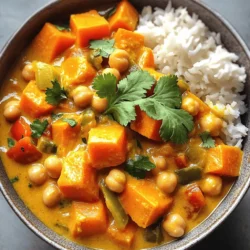 - 2 medium sweet potatoes, peeled and diced - 1 can (400 ml) coconut milk - 1 can (400 g) chickpeas, drained and rinsed Sweet potatoes bring a sweet, earthy flavor. They also add a creamy texture. Coconut milk adds richness and a hint of sweetness. Chickpeas provide protein and a hearty bite. Together, they create a balanced and filling dish. - 2 tablespoons red curry paste - 2 cloves garlic, minced - 1 inch ginger, grated - 1 tablespoon lime juice Red curry paste gives the dish its spicy kick. Garlic adds a robust flavor, while ginger gives warmth. Lime juice brightens the curry and adds a zesty twist. These spices work together to create a rich, comforting flavor. - 1 large onion, chopped - 1 bell pepper, diced (any color) - 1 tablespoon olive oil Onion adds sweetness and depth. Bell pepper adds color and crunch. Olive oil helps sauté the vegetables, enhancing their flavors. Each ingredient plays a role in making this curry a delightful experience. You can find the full recipe to make this dish easily. 1. Start by peeling the sweet potatoes. Use a sharp peeler for best results. 2. Dice the sweet potatoes into small cubes. Aim for even sizes for even cooking. 3. Next, chop the onion until it is in small pieces. This adds great flavor. 4. Dice the bell pepper into small chunks. You can use any color you like. 1. In a large pot, heat the olive oil over medium heat. Wait for it to shimmer. 2. Add the chopped onion and sauté for about 5 minutes. Cook until it is soft and translucent. 3. Stir in the minced garlic and grated ginger. Cook for another minute until fragrant. 4. Add the red curry paste to the pot. Mix it well with the onions, garlic, and ginger. Cook for 2 more minutes while stirring. 5. Toss in the diced sweet potatoes and bell pepper. Stir to coat them with the spices. 6. Pour in the vegetable broth and coconut milk. Bring the mixture to a gentle simmer. 1. Cover the pot and let it simmer for about 15-20 minutes. Cook until the sweet potatoes are tender. 2. Stir in the chickpeas and lime juice. Cook for an additional 5 minutes to heat through. 3. Season with salt and pepper to taste. Adjust the seasoning to your liking. 4. Remove from heat and let it sit for a few minutes before serving. This easy method helps you create a warm and tasty Vegan Sweet Potato Curry. For the complete recipe, check the Full Recipe section. To achieve a creamy consistency in your curry, use full-fat coconut milk. This gives a rich texture and flavor. Stir it well into the pot to blend with the spices. For the best cooking times for sweet potatoes, cut them into small, even pieces. This helps them cook evenly and quickly. Simmer them for about 15 to 20 minutes until they're tender. When serving, place the curry in deep bowls. This makes it look inviting. Garnish with fresh cilantro for color. Serve with fluffy rice or warm naan for a hearty meal. You can also pair it with a simple side salad. A fresh cucumber salad offers a nice crunch and complements the curry well. Sweet potatoes are packed with vitamins A and C. They also provide fiber, which is good for digestion. Eating sweet potatoes can help you feel full longer. A vegan diet has many advantages. It can lower the risk of heart disease and improve overall health. Plus, it encourages eating a variety of fruits and veggies, which boosts your nutrient intake. {{image_2}} You can easily change the vegetables in this curry. Try adding carrots, peas, or zucchini. Each will bring a unique taste and texture. You can also swap chickpeas for lentils or black beans. These options add protein and fiber, making your dish even more filling. If you like heat, add more red curry paste. For a milder dish, use less. You can also add fresh herbs like basil or cilantro. These herbs can brighten the dish and add fresh notes. A squeeze of fresh lime juice can also enhance flavors. You can make this curry in different ways. The Instant Pot is quick and easy. It cooks the sweet potatoes perfectly in a short time. The stovetop method allows you to watch as it cooks and adjust flavors. A slow cooker is great for busy days. Just set it up in the morning, and dinner will be ready when you return. For the full recipe, follow the steps outlined above. Enjoy making your vegan sweet potato curry! You can store leftover vegan sweet potato curry in an airtight container. Make sure it cools down first. Place it in the fridge within two hours of cooking. This dish will last for about 3 to 5 days. When reheating, make sure it is heated all the way through. To freeze the curry, let it cool completely before packing. Use a freezer-safe container or bag. This way, you can store it for up to 3 months. When you're ready to eat, thaw it overnight in the fridge. Reheat it on the stove or in the microwave, stirring often. You can prepare this curry ahead of time for busy days. Cook a larger batch and divide it into portions. Store them in individual containers for quick meals. This makes it easy to grab and heat when you need something tasty and healthy. This way, you always have a comforting meal ready to enjoy! What to serve with Vegan Sweet Potato Curry? I love serving Vegan Sweet Potato Curry with fluffy rice or warm naan. Rice soaks up the rich sauce. Naan adds a nice touch of flavor. You can also add a fresh salad on the side for crunch. Can I make this curry gluten-free? Yes, this recipe is easily gluten-free! Just ensure you use gluten-free naan or rice. Most red curry pastes are gluten-free, but check the label to be sure. How to make it spicier? To add heat, try using extra red curry paste. You can also add sliced fresh chili peppers. If you like it really hot, sprinkle in some cayenne pepper to taste. Ways to add protein to the dish Chickpeas are great, but you can also add tofu or tempeh. Cook the tofu until golden before adding it to the curry. You could also mix in edamame or lentils for extra protein. Caloric content per serving Each serving of Vegan Sweet Potato Curry has about 300 calories. This can vary based on portion size and added ingredients. Key vitamins and minerals benefits Sweet potatoes are rich in vitamin A, great for your eyes and skin. Chickpeas provide protein and fiber, helping you feel full. Coconut milk adds healthy fats, which keep your heart happy. This blog post covers delicious vegan sweet potato curry. We discussed main ingredients like sweet potatoes, coconut milk, and chickpeas. I shared cooking steps and tips for a perfect dish. You can adjust the spices and customize it easily. Remember to store leftovers correctly to keep them fresh. Overall, this recipe is not just tasty but also packed with nutrients. Enjoy making this dish for yourself or friends!