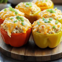 For Buffalo Chicken Stuffed Peppers, you will need: - 4 large bell peppers (any color) - 2 cups cooked shredded chicken - 1/2 cup buffalo sauce (adjust to taste) - 1 cup cream cheese, softened - 1/2 cup shredded cheddar cheese - 1/4 cup green onions, chopped - 1/2 teaspoon garlic powder - 1/2 teaspoon onion powder - Salt and pepper to taste - Optional: blue cheese crumbles for topping When measuring, be precise. Use a standard measuring cup for liquids. For dry ingredients, use a dry measuring cup. If you want more heat, add extra buffalo sauce. If you want it creamier, increase the cream cheese. You can swap out ingredients for dietary needs. For a dairy-free option, use dairy-free cream cheese and cheese. If you want a lower-carb option, use cauliflower rice instead of chicken. You can also use any color of bell pepper. Red, yellow, or green peppers all work well. First, preheat your oven to 375°F (190°C). This helps cook the peppers evenly. Next, take four large bell peppers and slice off their tops. Remove the seeds and membranes inside. This step is key for getting the filling just right. Set the cleaned peppers aside for now. In a large bowl, mix together the cooked shredded chicken, buffalo sauce, and softened cream cheese. This mix gives the peppers their flavor. Add shredded cheddar cheese, chopped green onions, garlic powder, onion powder, salt, and pepper. Stir everything until it is well combined. Now, it’s time to stuff the peppers. Carefully fill each bell pepper with your buffalo chicken mix. Pack it in gently but firmly to avoid spillage. Place the stuffed peppers upright in a baking dish. If they wobble, you can trim a bit off the bottom for balance. Cover the dish with aluminum foil and bake it in the preheated oven for 25 minutes. After that, remove the foil. Bake for another 10 minutes. This helps the peppers become tender and the cheese to bubble. If you like blue cheese, sprinkle some on top during the last few minutes of baking. Once the peppers are done, take them out of the oven. Let them cool for a few minutes before serving. This step keeps you from burning your mouth. For a nice presentation, serve the stuffed peppers on a platter. Garnish with extra chopped green onions. A drizzle of ranch or blue cheese dressing on the side adds a lovely touch. Enjoy this tasty dish! For the full recipe, check the earlier section. To make your stuffed peppers shine, start with fresh bell peppers. Choose ones that feel firm and have no soft spots. Cut the tops off carefully and remove all seeds. This helps the filling mix blend well. When mixing the filling, use shredded chicken for easy bites. Cream cheese adds a rich taste. For a kick, adjust the buffalo sauce to your liking. Want extra flavor? Add more green onions or garlic powder. One mistake is overcooking the peppers. They should be tender but not mushy. If you stuff them too tightly, they may burst. Don’t skip the foil while baking. This keeps them moist. Lastly, avoid using cold filling. Let it sit out while you prep the peppers. This helps everything cook evenly. These stuffed peppers are great on their own, but you can add sides. Serve them with a cool ranch or blue cheese dressing for dipping. Fresh veggies like carrot sticks or celery pair well, too. If you want more crunch, add a fresh salad. For a complete meal, serve with rice or quinoa. These sides balance the spice of the peppers. For the full recipe, check out the link! {{image_2}} You can change the heat level in Buffalo chicken stuffed peppers easily. If you like it spicy, use extra buffalo sauce. You can add hot sauce or diced jalapeños for more kick. For a milder taste, use less buffalo sauce. You can also mix in some ranch dressing to balance the heat. Experiment with flavors like garlic or smoked paprika for a twist. Buffalo chicken stuffed peppers can fit many diets. To make it gluten-free, confirm your buffalo sauce is safe. Most brands are gluten-free, but check the label. If you need a dairy-free option, swap cream cheese with cashew cream or dairy-free cheese. This way, you can enjoy the same great taste without the dairy. You can switch out ingredients based on what you have. If you lack bell peppers, zucchini or mushrooms work well too. For chicken, use shredded turkey or even canned chicken. If you prefer a different cheese, try mozzarella or pepper jack. Each option can give a new flavor. Just keep the main idea—stuffing is key! For the full recipe, check out the complete instructions above. After making Buffalo Chicken Stuffed Peppers, let them cool. Store them in an airtight container. They will stay fresh for up to three days in the fridge. If you want to keep them longer, think about freezing. To freeze these tasty stuffed peppers, wrap each one in plastic wrap. Then, place them in a freezer-safe bag or container. They can last up to three months in the freezer. When you are ready to eat them, just thaw in the fridge overnight. Reheat stuffed peppers in the oven for the best results. Set your oven to 350°F (175°C). Place the peppers in a baking dish and cover with foil. Heat for about 20 minutes or until they are warm throughout. You can also use the microwave for quick reheating. Just place a pepper on a microwave-safe plate and heat for 2-3 minutes. Enjoy your meal again! For the full recipe, check out the detailed cooking steps. You can prepare these stuffed peppers in advance. Make the filling and stuff the peppers. Then, cover them and store them in the fridge for up to 24 hours. When you're ready to cook, just pop them in the oven. This saves time and makes dinner easy. Yes, you can use different types of peppers. While bell peppers are common, you can try poblano or jalapeño for a twist. Choose peppers based on your taste and heat preference. Just remember to adjust cooking time if the peppers are larger or smaller. Buffalo Chicken Stuffed Peppers pair well with several sides. Consider serving them with a fresh salad or some crispy veggies. You might also enjoy them with some ranch or blue cheese dressing for dipping. These all add great flavors to your meal. Adjusting the heat is simple. Use more or less buffalo sauce based on your taste. For a milder dish, use a mild buffalo sauce or mix in cream cheese. If you love spice, add some chopped jalapeños or hot sauce to the filling. Enjoy customizing your peppers! In this blog post, we explored Buffalo Chicken Stuffed Peppers in detail. We covered ingredients, step-by-step instructions, and tips for perfecting the dish. You learned about flavor variations and dietary options, along with storage methods. Making these peppers can be fun and easy. Remember to enjoy your cooking journey and try new variations. Feel free to serve them with your favorite sides for a complete meal. Happy cooking!