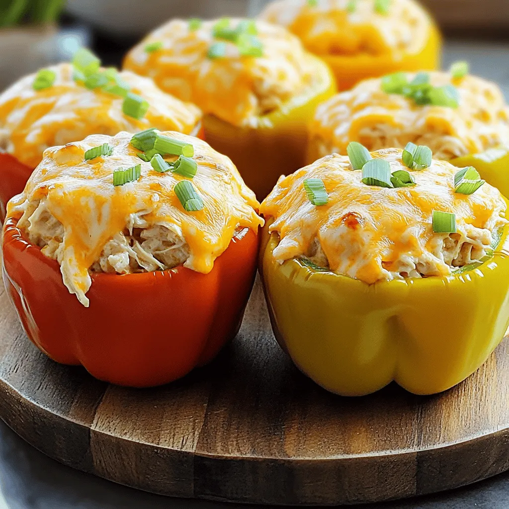 For Buffalo Chicken Stuffed Peppers, you will need: - 4 large bell peppers (any color) - 2 cups cooked shredded chicken - 1/2 cup buffalo sauce (adjust to taste) - 1 cup cream cheese, softened - 1/2 cup shredded cheddar cheese - 1/4 cup green onions, chopped - 1/2 teaspoon garlic powder - 1/2 teaspoon onion powder - Salt and pepper to taste - Optional: blue cheese crumbles for topping When measuring, be precise. Use a standard measuring cup for liquids. For dry ingredients, use a dry measuring cup. If you want more heat, add extra buffalo sauce. If you want it creamier, increase the cream cheese. You can swap out ingredients for dietary needs. For a dairy-free option, use dairy-free cream cheese and cheese. If you want a lower-carb option, use cauliflower rice instead of chicken. You can also use any color of bell pepper. Red, yellow, or green peppers all work well. First, preheat your oven to 375°F (190°C). This helps cook the peppers evenly. Next, take four large bell peppers and slice off their tops. Remove the seeds and membranes inside. This step is key for getting the filling just right. Set the cleaned peppers aside for now. In a large bowl, mix together the cooked shredded chicken, buffalo sauce, and softened cream cheese. This mix gives the peppers their flavor. Add shredded cheddar cheese, chopped green onions, garlic powder, onion powder, salt, and pepper. Stir everything until it is well combined. Now, it’s time to stuff the peppers. Carefully fill each bell pepper with your buffalo chicken mix. Pack it in gently but firmly to avoid spillage. Place the stuffed peppers upright in a baking dish. If they wobble, you can trim a bit off the bottom for balance. Cover the dish with aluminum foil and bake it in the preheated oven for 25 minutes. After that, remove the foil. Bake for another 10 minutes. This helps the peppers become tender and the cheese to bubble. If you like blue cheese, sprinkle some on top during the last few minutes of baking. Once the peppers are done, take them out of the oven. Let them cool for a few minutes before serving. This step keeps you from burning your mouth. For a nice presentation, serve the stuffed peppers on a platter. Garnish with extra chopped green onions. A drizzle of ranch or blue cheese dressing on the side adds a lovely touch. Enjoy this tasty dish! For the full recipe, check the earlier section. To make your stuffed peppers shine, start with fresh bell peppers. Choose ones that feel firm and have no soft spots. Cut the tops off carefully and remove all seeds. This helps the filling mix blend well. When mixing the filling, use shredded chicken for easy bites. Cream cheese adds a rich taste. For a kick, adjust the buffalo sauce to your liking. Want extra flavor? Add more green onions or garlic powder. One mistake is overcooking the peppers. They should be tender but not mushy. If you stuff them too tightly, they may burst. Don’t skip the foil while baking. This keeps them moist. Lastly, avoid using cold filling. Let it sit out while you prep the peppers. This helps everything cook evenly. These stuffed peppers are great on their own, but you can add sides. Serve them with a cool ranch or blue cheese dressing for dipping. Fresh veggies like carrot sticks or celery pair well, too. If you want more crunch, add a fresh salad. For a complete meal, serve with rice or quinoa. These sides balance the spice of the peppers. For the full recipe, check out the link! {{image_2}} You can change the heat level in Buffalo chicken stuffed peppers easily. If you like it spicy, use extra buffalo sauce. You can add hot sauce or diced jalapeños for more kick. For a milder taste, use less buffalo sauce. You can also mix in some ranch dressing to balance the heat. Experiment with flavors like garlic or smoked paprika for a twist. Buffalo chicken stuffed peppers can fit many diets. To make it gluten-free, confirm your buffalo sauce is safe. Most brands are gluten-free, but check the label. If you need a dairy-free option, swap cream cheese with cashew cream or dairy-free cheese. This way, you can enjoy the same great taste without the dairy. You can switch out ingredients based on what you have. If you lack bell peppers, zucchini or mushrooms work well too. For chicken, use shredded turkey or even canned chicken. If you prefer a different cheese, try mozzarella or pepper jack. Each option can give a new flavor. Just keep the main idea—stuffing is key! For the full recipe, check out the complete instructions above. After making Buffalo Chicken Stuffed Peppers, let them cool. Store them in an airtight container. They will stay fresh for up to three days in the fridge. If you want to keep them longer, think about freezing. To freeze these tasty stuffed peppers, wrap each one in plastic wrap. Then, place them in a freezer-safe bag or container. They can last up to three months in the freezer. When you are ready to eat them, just thaw in the fridge overnight. Reheat stuffed peppers in the oven for the best results. Set your oven to 350°F (175°C). Place the peppers in a baking dish and cover with foil. Heat for about 20 minutes or until they are warm throughout. You can also use the microwave for quick reheating. Just place a pepper on a microwave-safe plate and heat for 2-3 minutes. Enjoy your meal again! For the full recipe, check out the detailed cooking steps. You can prepare these stuffed peppers in advance. Make the filling and stuff the peppers. Then, cover them and store them in the fridge for up to 24 hours. When you're ready to cook, just pop them in the oven. This saves time and makes dinner easy. Yes, you can use different types of peppers. While bell peppers are common, you can try poblano or jalapeño for a twist. Choose peppers based on your taste and heat preference. Just remember to adjust cooking time if the peppers are larger or smaller. Buffalo Chicken Stuffed Peppers pair well with several sides. Consider serving them with a fresh salad or some crispy veggies. You might also enjoy them with some ranch or blue cheese dressing for dipping. These all add great flavors to your meal. Adjusting the heat is simple. Use more or less buffalo sauce based on your taste. For a milder dish, use a mild buffalo sauce or mix in cream cheese. If you love spice, add some chopped jalapeños or hot sauce to the filling. Enjoy customizing your peppers! In this blog post, we explored Buffalo Chicken Stuffed Peppers in detail. We covered ingredients, step-by-step instructions, and tips for perfecting the dish. You learned about flavor variations and dietary options, along with storage methods. Making these peppers can be fun and easy. Remember to enjoy your cooking journey and try new variations. Feel free to serve them with your favorite sides for a complete meal. Happy cooking!