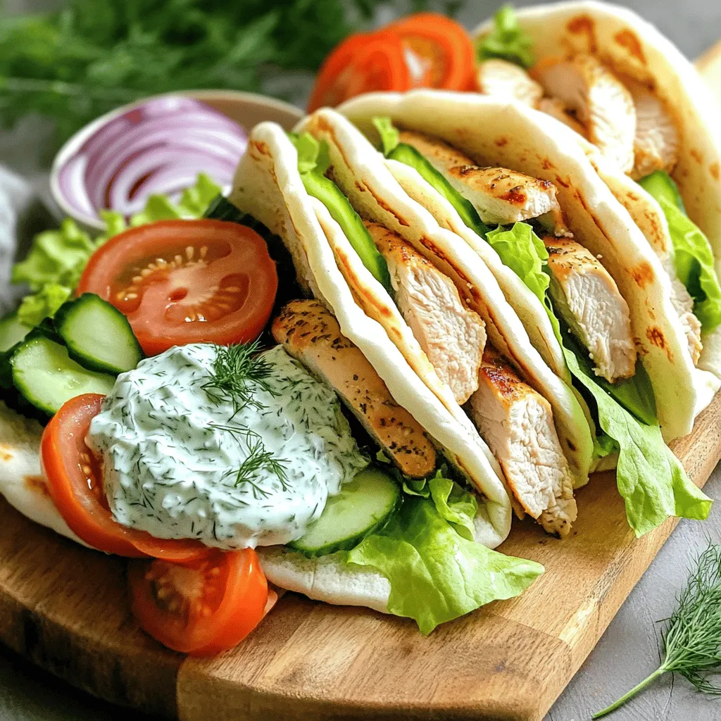 To make easy chicken gyros, you need some key items: - 500g chicken breast, thinly sliced - 2 tablespoons olive oil - 1 tablespoon lemon juice - 1 teaspoon garlic powder - 1 teaspoon onion powder - 1 teaspoon dried oregano - Salt and pepper to taste These ingredients bring flavor and zest to your gyros. The chicken breast serves as the main protein source, while olive oil and lemon juice add moisture and tang. Garlic and onion powders enhance the taste, and oregano gives a hint of earthiness. Don’t forget to season with salt and pepper for balance. For the refreshing tzatziki sauce, gather these simple ingredients: - 1 cup Greek yogurt - 1 cucumber, grated - 1 tablespoon fresh dill, chopped - Lemon juice This sauce is a must. Greek yogurt forms the base, giving it creaminess. The grated cucumber adds crunch, while fresh dill offers a burst of flavor. A squeeze of lemon juice brightens the sauce, making it perfect for your gyros. For serving, you’ll need: - 4 pita breads - Fresh veggies: tomatoes, red onion, lettuce, sliced Pita bread wraps around the filling, making it easy to hold. Fresh veggies add color and crunch. Using ripe tomatoes, crisp lettuce, and sharp red onions elevates your meal. These components make your chicken gyros not just tasty but also beautiful on the plate. For the full recipe, check out the details mentioned above. Enjoy your cooking! First, you need to mix the marinade. In a bowl, combine these ingredients: - 2 tablespoons olive oil - 1 tablespoon lemon juice - 1 teaspoon garlic powder - 1 teaspoon onion powder - 1 teaspoon dried oregano - Salt and pepper to taste Stir it well until the mixture is smooth. Next, add the thinly sliced chicken breast. Make sure each piece gets coated in the marinade. Cover the bowl with plastic wrap and let it sit in the fridge for 30 minutes. This helps the chicken soak up all the great flavors. While the chicken is marinating, we can whip up the tzatziki sauce. In a separate bowl, mix: - 1 cup Greek yogurt - 1 cucumber, grated - 1 tablespoon fresh dill, chopped - A pinch of salt - A squeeze of lemon juice Stir until everything is well combined. This sauce adds a creamy touch to your gyros. It’s cool, fresh, and full of flavor! After marinating, it’s time to cook the chicken. Heat a non-stick skillet or grill pan over medium-high heat. Cook the chicken for about 5-7 minutes. You want it to be fully cooked and slightly golden brown. Make sure to turn the pieces occasionally. This way, they cook evenly and get that nice color. Now comes the fun part—putting it all together! Warm the pita breads in a dry skillet for about 1 minute on each side. This makes them soft and easy to fold. To assemble, lay a warm pita flat. Spread a generous amount of tzatziki sauce on it. Then, add the cooked chicken on top. Don’t forget to add your fresh veggies like lettuce, tomatoes, and red onion. Finally, fold the pita in half and enjoy! For a complete guide, check out the Full Recipe. To save time when marinating chicken, use thin slices. Thin pieces soak up the flavor fast. You can also marinate the chicken overnight. This makes it even tastier. If you’re in a rush, try marinating for just 15 minutes. It still adds great flavor. To make tzatziki sauce thicker, start with good yogurt. Greek yogurt has the right texture. Grate the cucumber and squeeze out excess water. This helps keep the sauce from being runny. You can also add a bit of sour cream for extra creaminess. If you want more flavor, mix in some minced garlic or lemon zest. You can serve gyros in many fun ways. For a crowd, consider a gyro bar. Set out pita, chicken, tzatziki, and fresh veggies. Let everyone build their own! For something different, try using lettuce wraps instead of pita. You can also add unique toppings like feta cheese or olives. Mix and match for tasty variations! {{image_2}} You can switch the chicken for beef or lamb. Both meats bring rich flavors. If you want a lighter choice, try tofu or tempeh for a vegetarian dish. These options add unique tastes and textures to your gyros. You can also use chickpeas for a hearty, plant-based meal. If you need a gluten-free meal, skip the pita bread. Instead, use lettuce wraps. They hold all the tasty fillings well. You can also find gluten-free pita in stores. This way, everyone can enjoy gyros without worry. Spice blends can change your gyros’ taste. Try adding paprika for smoky notes. Cumin gives a warm and earthy flavor. You can also mix in chili powder for some heat. Experimenting with spices lets you find what you love best. Each blend makes your gyros special, and you can have fun with it! For the complete recipe, check out the Full Recipe section. To keep your chicken gyros fresh, store leftovers in an airtight container. Place the chicken and veggies separately from the pita and sauce. This prevents sogginess. Store everything in the fridge. They will last for up to three days. Make sure to cool the chicken before placing it in the fridge. When you reheat the chicken, aim to keep it juicy. You can use the microwave, but cover it with a damp paper towel. This helps retain moisture. Heat it for 30 seconds, then check. If it's not hot enough, keep heating in 15-second bursts. Another option is to use a skillet. Heat it on low with a splash of water. Cover it with a lid to steam the chicken gently. Tzatziki can stay fresh in the fridge for about four days. Store it in a sealed container to avoid contamination. If you notice any off smell or change in texture, it's best to toss it. You can also freeze tzatziki, but it may change in texture. To thaw, place it in the fridge overnight before using. Yes, you can prepare gyros in advance. This saves time for busy days. Here's how: - Marinate the chicken: You can marinate the chicken the night before. Store it in the fridge. - Make the tzatziki sauce: Prepare the sauce ahead of time. It tastes better after chilling for a few hours. - Chop veggies: Slice your tomatoes, onions, and lettuce ahead. Store them in airtight containers. - Warm pita bread: When you're ready to eat, just warm the pita. This keeps it soft. If you need a substitute for Greek yogurt, here are some options: - Sour cream: This will give you a similar creamy texture. - Plain yogurt: Regular yogurt works too but is thinner. - Cottage cheese: Blend it to make it smooth. - Dairy-free options: Look for coconut yogurt or almond yogurt for a vegan choice. Knowing when chicken is fully cooked is key. Here are some signs: - Color: The chicken should be white and not pink. - Juices: When you cut it, the juices should run clear. - Temperature: Use a meat thermometer. The internal temp should reach 165°F (75°C). These tips will help you enjoy your Easy Chicken Gyros, made from the Full Recipe, without any worries! In this post, we explored making delicious gyros. We covered the main ingredients, from chicken to tzatziki sauce. You learned step-by-step instructions for marinating, cooking, and assembling gyros. We also shared tips for tasty variations and how to store your leftovers. Remember, cooking is all about fun and creativity. Enjoy trying new flavors and adapting recipes. You can impress your friends and family with simple skills. Happy cooking!