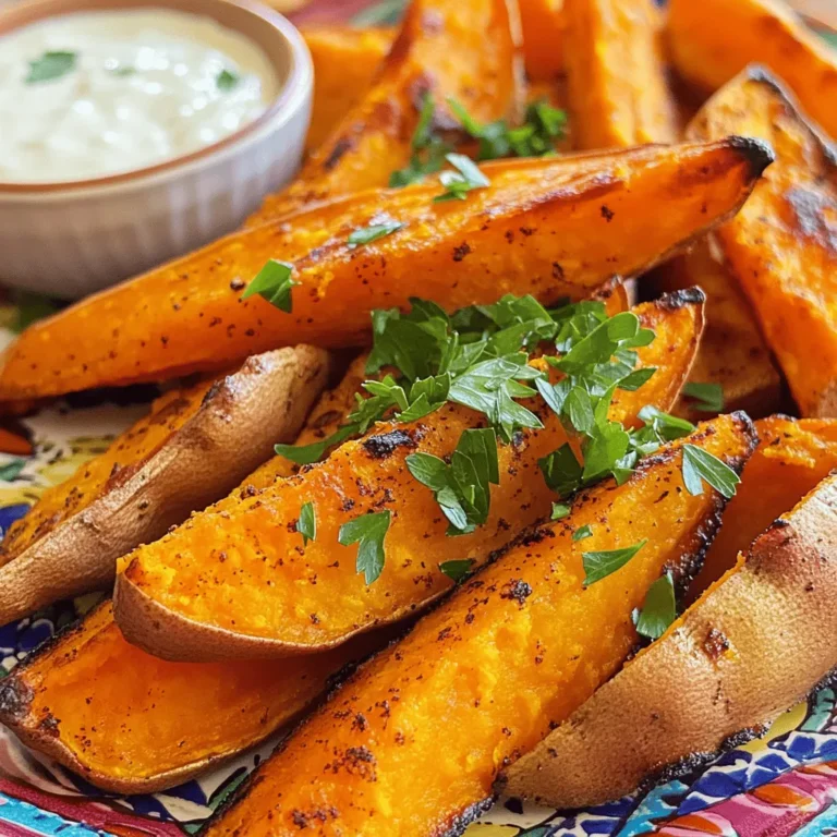- 2 medium sweet potatoes, scrubbed and cut into wedges - 3 tablespoons olive oil - 1 teaspoon smoked paprika - 1 teaspoon garlic powder - 1/2 teaspoon cumin - 1/2 teaspoon cayenne pepper (adjust to taste) - Salt and pepper to taste - Fresh parsley, chopped (for garnish) When making roasted sweet potato wedges, choose firm sweet potatoes. Look for ones with smooth skin and no soft spots. The olive oil adds a rich flavor and helps the wedges crisp up nicely. Smoked paprika gives them a nice, smoky taste, while garlic powder adds depth. Cumin and cayenne give a warm kick to the dish. You can adjust the cayenne based on your heat preference. Don’t forget salt and pepper, which enhance all the flavors. Fresh parsley adds a pop of color and freshness when you serve the wedges. - Mixing bowl - Baking sheet - Parchment paper - Knife and cutting board You’ll want a sturdy knife for cutting the sweet potatoes. A cutting board protects your counter and gives you a stable surface. The mixing bowl is for combining the oil and spices. Using a baking sheet lined with parchment paper makes cleanup easy and helps the wedges crisp up without sticking. For the full experience, check out the Full Recipe. This will guide you through each step to achieve perfectly crispy and flavorful sweet potato wedges! - Preheat the oven to 425°F (220°C). - Prepare the baking sheet with parchment paper. - In a large bowl, mix olive oil and spices. - Toss sweet potato wedges in the spice mixture. - Arrange wedges on the baking sheet in a single layer. - Roast in the oven for 25-30 minutes. - Flip wedges halfway through cooking for even crispiness. - Before serving, garnish with fresh parsley. Roasting sweet potatoes is simple. The high heat makes them crispy. The spices give them a great flavor. You can find the full recipe above. Enjoy your snack! To get crispy sweet potato wedges, space is key. When you lay out the wedges, make sure they are not touching. This helps the hot air flow around them, making them crunchy. Also, line your baking sheet with parchment paper. This keeps the wedges from sticking and makes cleanup easy. Adjusting the spice mix can make a big difference. Feel free to add more cayenne if you like heat. You can also try using different spices. For instance, cinnamon adds a sweet touch, while Italian herbs like oregano give a nice twist. Experiment with flavors to find what you love best. Dipping sauces can elevate your wedges. Try pairing them with spicy aioli or creamy ranch. For gatherings, serve the wedges on a colorful platter. Add a small bowl of your favorite sauce in the center. This makes a fun and tasty snack for everyone. If you want to get creative, top the wedges with shredded cheese or fresh herbs for extra flavor. {{image_2}} You can change the flavor of your roasted sweet potato wedges easily. Try a sweet and spicy mix. Just add honey and chili powder to the recipe. This will give your wedges a nice kick. Another option is to use herbs. Rosemary or thyme can add a fresh taste. Just sprinkle them over the wedges before roasting. These herbs pair well with the natural sweetness of the potatoes. You can cook sweet potato wedges in different ways. The air fryer is a great choice for a quick meal. It cooks them fast and keeps them crispy. Just set the air fryer to a high temperature and check them often. Grilling is another method that adds a smoky flavor. Just toss the wedges on the grill for a charred taste. This method works best when you want a nice outdoor meal. If you follow a vegan diet, these wedges are perfect for you. They are naturally vegan and gluten-free. You can enjoy them without any worries. For those looking to cut carbs, you can swap sweet potatoes for other veggies. Try zucchini or cauliflower wedges. They roast well and can take on the same spices. This way, you’ll have a delicious low-carb snack. For the full recipe, check out the complete guide on making crispy roasted sweet potato wedges. To keep your roasted sweet potato wedges fresh, let them cool first. Place them in an airtight container. This helps keep out moisture, which can make them soggy. Use a glass or plastic container with a tight lid. If you have a lot of wedges, stack them in layers with parchment paper between. This helps them stay crispy. When you reheat your sweet potato wedges, you want them crispy again. The best way is to use the oven. Preheat it to 400°F (200°C). Spread the wedges out on a baking sheet. Bake for about 10-15 minutes. Flip them halfway through to get even heat. If you use a microwave, they may get soft. If you must use the microwave, try a lower power setting. Heat for a short time and check often. Yes, you can freeze sweet potato wedges! To freeze, let them cool completely. Place them in a single layer on a baking sheet. Freeze for a few hours until solid. Then, transfer them to a freezer bag. Squeeze out air before sealing. When you want to eat them, thaw in the fridge overnight. Reheat them in the oven for best results. This way, they’ll stay tasty and crispy. To make your roasted sweet potato wedges crispy, follow these tips: - Cut wedges evenly: This ensures they cook at the same rate. - Use enough oil: Coat the wedges lightly with olive oil. It helps them crisp up. - Don’t overcrowd the pan: Space them out on the baking sheet. This allows hot air to circulate. - Flip halfway: Turn the wedges halfway through roasting for an even crisp. These steps will keep your sweet potato wedges from getting soggy. Roasted sweet potato wedges pair well with many main dishes. Here are a few ideas: - Grilled chicken: The sweetness complements the savory flavor. - Burgers: They make a great side for any type of burger. - Tacos: Add a crunchy side to your favorite taco meal. - Fish: Roasted wedges balance nicely with grilled or baked fish. These options enhance the meal and make it more satisfying. Roasted sweet potato wedges can last in the fridge for about 3-5 days. Store them in an airtight container. If you freeze them, they can last up to 2 months. Make sure to cool them first before freezing. For best results, reheat in the oven to bring back the crispiness. Enjoy them as a tasty snack or side dish again! You can make delicious roasted sweet potato wedges easily. We covered ingredients, tools, and steps to get crispy wedges. I shared tips on seasoning and serving suggestions. You learned variations, storage info, and solutions to common questions. Experiment with flavors and methods to find your favorite. Enjoy making these tasty wedges for meals or gatherings! Keep these tips handy, and your sweet potato game will be on point.