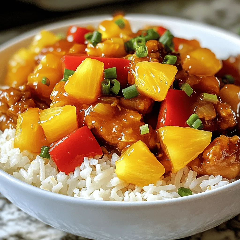 For a great sweet and sour chicken, you need simple ingredients. Here’s what you will use: - 1 lb boneless, skinless chicken thighs, cut into bite-sized pieces - 1 cup bell peppers (red, yellow, green), diced - 1 cup pineapple chunks (fresh or canned) - 1 medium onion, chopped - 2 cloves garlic, minced - 1 tablespoon ginger, minced - 1/2 cup orange juice - 1/4 cup soy sauce (low sodium) - 1/4 cup apple cider vinegar - 1/4 cup honey or maple syrup - 2 tablespoons cornstarch - 1/4 cup water - 2 tablespoons vegetable oil - Salt and pepper to taste - Cooked rice or quinoa for serving You can switch some ingredients if needed. Use chicken breast instead of thighs for a leaner option. If you dislike pineapple, try mango or even peaches. For the bell peppers, any color works. If you have no orange juice, use pineapple juice. Maple syrup can also replace honey. To get the best taste, use fresh ingredients whenever possible. Fresh garlic and ginger give strong flavor. If using canned pineapple, choose the one packed in juice, not syrup. For the soy sauce, low sodium helps keep it balanced. Lastly, let the chicken sit in the marinade for extra flavor. This simple step makes a big difference! For the full recipe, check out the details above. Happy cooking! Start by cutting 1 pound of boneless, skinless chicken thighs into bite-sized pieces. This helps the chicken cook evenly. Season the pieces with salt and pepper. In a medium bowl, mix together orange juice, soy sauce, apple cider vinegar, honey or maple syrup, minced garlic, and ginger. Stir it well and set it aside. This mix adds a great tangy flavor to your dish. Heat 2 tablespoons of vegetable oil in a large skillet or wok over medium-high heat. Once the oil is hot, add the seasoned chicken. Cook for about 5-7 minutes. Stir frequently until the chicken is browned and cooked through. Next, add the chopped onion and 1 cup of diced bell peppers. Sauté for 3-4 minutes. You want them to soften but still stay crisp. Now it's time to bring it all together. First, mix 2 tablespoons of cornstarch with 1/4 cup of water in a small bowl until smooth. Add this to your earlier sauce mixture. Pour the sauce over the chicken and veggies in the skillet. Bring it to a gentle simmer and cook for an additional 3-5 minutes. This will help the sauce thicken up nicely. Finally, fold in 1 cup of pineapple chunks and cook for another 2 minutes until heated through. Serve your sweet and sour chicken hot over cooked rice or quinoa. Enjoy the vibrant flavors! To make your sweet and sour chicken pop, focus on the balance of flavors. You want a mix of sweet, tangy, and savory. Use fresh ingredients like garlic and ginger for a strong taste. If you like spice, add chili flakes for a kick. A splash of lime juice at the end can brighten it all up. This adds freshness and makes the dish even better. Cooking the chicken right is key. Use boneless, skinless chicken thighs; they stay juicy. Cut them into small, even pieces for quick cooking. Don't overcrowd the pan; this helps them sear nicely. Cook over medium-high heat until they are golden brown. This adds flavor and texture. Remember to season with salt and pepper at the start for the best taste. Serve your sweet and sour chicken on a bed of rice or quinoa. This helps soak up all the tasty sauce. You can add steamed broccoli or snap peas for color and crunch. For extra fun, garnish with sesame seeds or chopped green onions. This makes your dish look appealing and adds flavor too. If you want the full experience, check out the Full Recipe to explore more ideas! {{image_2}} You can switch the chicken for other proteins. Try shrimp, pork, or tofu. Shrimp cooks fast and adds a nice taste. Pork has a different texture but works well, too. Tofu is great for a plant-based meal. Just make sure to press and dry it before cooking. This helps it soak up the sauce better. Sweet and sour chicken varies around the world. In some areas, they use different fruits, like mango or peach. You might find pineapple in many recipes, but not all. Some recipes add cashews or peanuts for crunch. Others may use different sauces, like teriyaki or hoisin. Explore these variations to discover new flavors. You can easily make a vegetarian or vegan version. Replace chicken with tofu, tempeh, or seitan. Use vegetable broth instead of chicken broth if your recipe needs it. For a fruity twist, add extra pineapple or try adding some fresh mango. You can use agave nectar or maple syrup instead of honey. This way, everyone can enjoy sweet and sour goodness. Check out the Full Recipe for all the details! To store your sweet and sour chicken, let it cool to room temperature. Then, place it in an airtight container. Make sure to keep it sealed well. This helps it stay fresh. You can store it in the fridge for up to three days. For best results, eat it sooner rather than later. When you’re ready to enjoy leftovers, reheat them gently. You can use a microwave or a skillet. If using a microwave, cover it to avoid splatters. Heat it for about 1-2 minutes, stirring halfway. If using a skillet, warm it on medium heat. This method keeps the chicken juicy and the sauce flavorful. You can freeze sweet and sour chicken for later meals. Just make sure it’s completely cool before freezing. Place it in a freezer-safe container or bag. It can last up to three months in the freezer. When you’re ready to eat it, thaw it in the fridge overnight. Reheat it as mentioned above for the best taste. Enjoy your tangy delight anytime! For the full recipe, check out the previous section. Sweet and sour chicken has roots in Chinese cuisine. It became popular in the West in the 20th century. The dish combines savory and sweet flavors, creating a unique taste. Many cultures have their own versions. You will find variations in Chinese restaurants worldwide. Yes, you can use frozen chicken! Just thaw it completely before cooking. This ensures even cooking and better flavor. If you forget to thaw it, you can cook it from frozen. It may take a bit longer, so keep an eye on it. To add spice, try adding chili flakes or fresh chili peppers. You can also use sriracha or hot sauce in the sauce mixture. Start with a small amount and taste as you go. Adjust the heat to suit your preference. Sweet and sour chicken pairs well with several side dishes. Here are some great options: - Steamed rice or quinoa - Fried rice with vegetables - Stir-fried green beans - Egg rolls or spring rolls - A fresh cucumber salad These sides complement the dish and enhance the meal. Don't forget to check out the Full Recipe for a complete guide! Sweet and sour chicken is a fun dish to make. We covered essential ingredients and tasty substitutions. You learned how to prepare chicken and cook veggies, plus tips for great flavor. Variations allow for different proteins and diets. Proper storage keeps your leftovers fresh. This dish can fit any meal plan. With the right steps, anyone can do it. Enjoy your cooking!