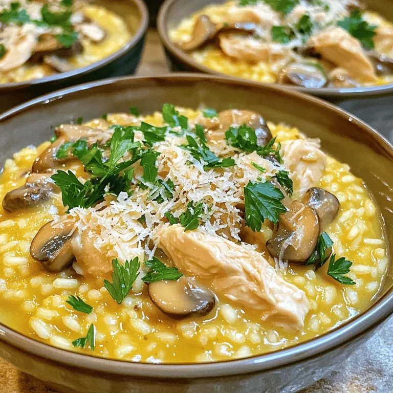 To make creamy chicken and mushroom risotto, you will need: - 1 cup Arborio rice - 1 lb chicken breast, diced - 8 oz mushrooms, sliced - 1 small onion, finely chopped - 2 cloves garlic, minced - 4 cups chicken broth - 1 cup unsweetened almond milk - 1/2 cup Parmesan cheese, grated - 2 tablespoons olive oil - 2 tablespoons butter - Salt and pepper to taste - Fresh parsley for garnish You can swap some ingredients if needed. Here are my suggestions: - Use vegetable broth instead of chicken broth for a vegetarian option. - Swap chicken for diced tofu or mushrooms for a meat-free dish. - If you don’t have Arborio rice, try Carnaroli rice; it works well too. - Any cheese can replace Parmesan, like Pecorino or nutritional yeast for a vegan twist. - Use coconut milk instead of almond milk for a richer flavor. Fresh ingredients make a big difference in taste. Here are my tips: - Choose firm chicken breast with no discoloration. It should smell fresh. - Pick mushrooms that feel firm and smooth to the touch. Avoid slimy ones. - Use fresh garlic and onion for the best flavor. Store them in a cool place. - Buy chicken broth or make your own for a richer taste. Homemade is best! - Check the expiration date on your almond milk and cheese for freshness. Using fresh ingredients ensures your dish is tasty and healthy. Enjoy your cooking! For the full recipe, check out the instructions above. Start by gathering your ingredients. For this creamy chicken and mushroom risotto, you need: - 1 cup Arborio rice - 1 lb chicken breast, diced - 8 oz mushrooms, sliced - 1 small onion, finely chopped - 2 cloves garlic, minced - 4 cups chicken broth - 1 cup unsweetened almond milk - 1/2 cup Parmesan cheese, grated - 2 tablespoons olive oil - 2 tablespoons butter - Salt and pepper to taste - Fresh parsley for garnish Next, warm the chicken broth in a saucepan. Keep it on low heat while you cook. This step helps the rice absorb the broth well. In a large skillet, heat the olive oil and one tablespoon of butter over medium heat. Add the diced chicken to the skillet. Season it with salt and pepper. Cook until the chicken is browned and cooked through, about 5-7 minutes. Once done, remove the chicken and set it aside. In the same skillet, add the remaining butter. Sauté the chopped onion and minced garlic until they are soft and smell great, about 3-4 minutes. Then, add the sliced mushrooms. Cook them for another 5 minutes until they are tender and browned. Now, add the Arborio rice to the skillet. Stir it well to coat the rice with the oil and mushroom mix. Cook for 1-2 minutes until the rice turns slightly translucent. Begin adding the warm chicken broth, one ladle at a time. Stir frequently. Allow the rice to absorb each ladle before adding the next. This process takes about 15-20 minutes. You want the rice to be creamy and al dente. After the broth is mostly absorbed, pour in the unsweetened almond milk. Stir it in well. Cook for an extra 5 minutes, mixing constantly. This will help achieve that lovely creamy texture. Once the risotto is creamy, fold in the cooked chicken and Parmesan cheese. Mix well, and taste it. Adjust the seasoning with more salt and pepper if needed. Let it rest for 2-3 minutes before serving. For a stunning finish, serve the risotto in shallow bowls. Garnish with fresh parsley and an extra sprinkle of Parmesan. This dish is rich in flavor and sure to impress. For the full recipe, check out the detailed instructions above. To cook risotto well, you should always use Arborio rice. This rice has the right starch to create a creamy texture. You also want to keep your broth warm on the stove. This helps the rice cook evenly. Stir the rice often. Stirring helps release the starch, making the risotto creamy. When you add broth, do it slowly. Add one ladle at a time. Wait until the rice absorbs the broth before adding more. This takes patience, but it’s worth it. One common mistake is adding too much broth at once. This can make the risotto watery. Another mistake is not stirring enough. Stirring is key to creamy risotto. Some cooks forget to season the rice. Be sure to add salt and pepper at each step. Lastly, don’t rush the cooking time. Good risotto takes about 20 minutes. To make your risotto even creamier, try using almond milk. Adding it near the end of cooking makes a big difference. You can also fold in more cheese, like Parmesan, for extra richness. Another trick is to finish with a pat of butter. This adds a lovely gloss to the dish. Remember to let the risotto rest before serving. This short wait helps the flavors blend. For more details, check the Full Recipe for guidance. {{image_2}} You can easily make a vegetarian risotto. Simply swap the chicken for diced tofu or chickpeas. Use vegetable broth instead of chicken broth. This keeps the dish tasty and creamy while making it meat-free. Add in your favorite veggies such as spinach, peas, or zucchini for more flavor and color. You can still use the same cooking steps from the full recipe. Want to spice up your risotto? Try adding sun-dried tomatoes, artichokes, or roasted red peppers. These add a burst of flavor. You can also mix in fresh herbs like basil, thyme, or chives. These herbs give the dish a fresh taste and aroma. For a richer flavor, consider adding a splash of white wine before the broth. This gives the risotto a nice depth. If you want to switch up the grains, you have options! You can use farro, quinoa, or barley. Each grain brings a unique texture and flavor. Just note that different grains may need different cooking times. Make sure to check your package instructions. Follow the same method as the full recipe for cooking, and you’ll have a delicious meal! To keep your risotto fresh, let it cool down first. Once it’s cool, place it in an airtight container. Make sure to store it in the fridge. It should last for about three days. If you want to enjoy it later, you can freeze it too. When reheating, add a splash of chicken broth or almond milk. This helps to bring back its creamy texture. You can use the microwave or a skillet. Heat it gently over low heat. Stir often to avoid burning. Freezing risotto is easy! Just portion it into freezer-safe bags. Remove as much air as possible before sealing. This will help prevent freezer burn. When you’re ready to eat it, thaw it in the fridge overnight. Reheat as mentioned above to enjoy a warm, creamy dish again. If you're curious, check out the Full Recipe for more details! You can serve this risotto with a simple side salad. A fresh green salad adds crunch and balance. Try a mix of greens, tomatoes, and a light vinaigrette. For a heartier meal, pair it with garlic bread. The bread soaks up the creamy risotto well. If you want to add more protein, grilled chicken or shrimp work nicely too. Yes, you can use other rice types. However, Arborio rice is best for risotto. It gives that creamy texture. If you want to try, you can use Carnaroli or Vialone Nano. These types also create a great risotto. If you use regular rice, like long grain, the texture changes. It won't be as creamy, and you may need to adjust cooking times. You can tell risotto is finished by its texture. It should be al dente, meaning it is soft but has a slight bite. You want it creamy, not dry. Stir it frequently and check the rice every few minutes. When it is tender but firm, it is done. If you see a nice creamy sauce around the rice, that is perfect. For the best result, let it rest for a few minutes before serving. For more details and a step-by-step guide, check the Full Recipe for Chicken and Mushroom Risotto. In this post, we covered key elements for making Chicken and Mushroom Risotto. We discussed the right ingredients, how to prepare them, and tips for that perfect creamy texture. I shared best practices and common mistakes to avoid. We also explored fun variations, along with smart ways to store leftovers. Now you have the tools to create a tasty dish. Enjoy making risotto that suits your taste!