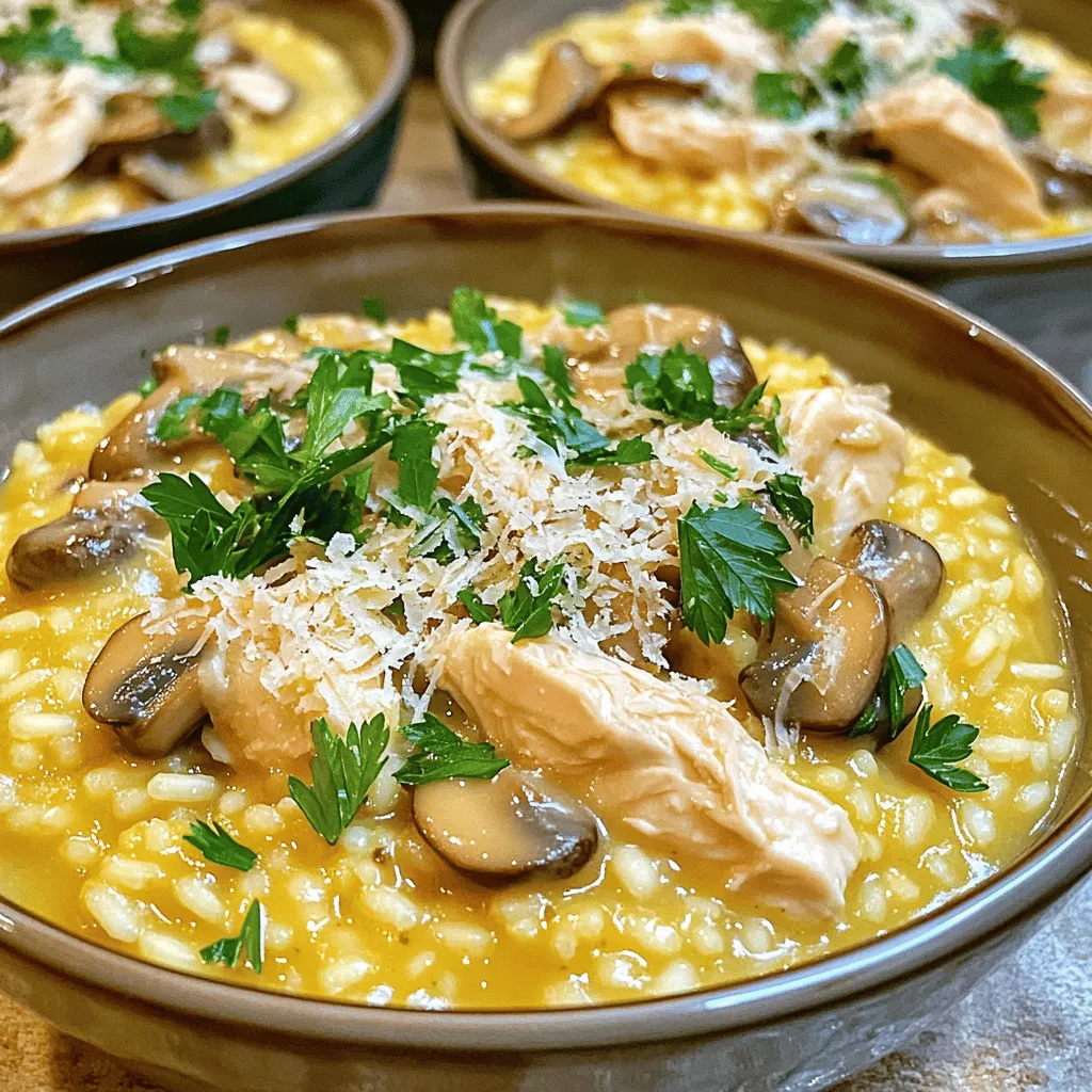 To make creamy chicken and mushroom risotto, you will need: - 1 cup Arborio rice - 1 lb chicken breast, diced - 8 oz mushrooms, sliced - 1 small onion, finely chopped - 2 cloves garlic, minced - 4 cups chicken broth - 1 cup unsweetened almond milk - 1/2 cup Parmesan cheese, grated - 2 tablespoons olive oil - 2 tablespoons butter - Salt and pepper to taste - Fresh parsley for garnish You can swap some ingredients if needed. Here are my suggestions: - Use vegetable broth instead of chicken broth for a vegetarian option. - Swap chicken for diced tofu or mushrooms for a meat-free dish. - If you don’t have Arborio rice, try Carnaroli rice; it works well too. - Any cheese can replace Parmesan, like Pecorino or nutritional yeast for a vegan twist. - Use coconut milk instead of almond milk for a richer flavor. Fresh ingredients make a big difference in taste. Here are my tips: - Choose firm chicken breast with no discoloration. It should smell fresh. - Pick mushrooms that feel firm and smooth to the touch. Avoid slimy ones. - Use fresh garlic and onion for the best flavor. Store them in a cool place. - Buy chicken broth or make your own for a richer taste. Homemade is best! - Check the expiration date on your almond milk and cheese for freshness. Using fresh ingredients ensures your dish is tasty and healthy. Enjoy your cooking! For the full recipe, check out the instructions above. Start by gathering your ingredients. For this creamy chicken and mushroom risotto, you need: - 1 cup Arborio rice - 1 lb chicken breast, diced - 8 oz mushrooms, sliced - 1 small onion, finely chopped - 2 cloves garlic, minced - 4 cups chicken broth - 1 cup unsweetened almond milk - 1/2 cup Parmesan cheese, grated - 2 tablespoons olive oil - 2 tablespoons butter - Salt and pepper to taste - Fresh parsley for garnish Next, warm the chicken broth in a saucepan. Keep it on low heat while you cook. This step helps the rice absorb the broth well. In a large skillet, heat the olive oil and one tablespoon of butter over medium heat. Add the diced chicken to the skillet. Season it with salt and pepper. Cook until the chicken is browned and cooked through, about 5-7 minutes. Once done, remove the chicken and set it aside. In the same skillet, add the remaining butter. Sauté the chopped onion and minced garlic until they are soft and smell great, about 3-4 minutes. Then, add the sliced mushrooms. Cook them for another 5 minutes until they are tender and browned. Now, add the Arborio rice to the skillet. Stir it well to coat the rice with the oil and mushroom mix. Cook for 1-2 minutes until the rice turns slightly translucent. Begin adding the warm chicken broth, one ladle at a time. Stir frequently. Allow the rice to absorb each ladle before adding the next. This process takes about 15-20 minutes. You want the rice to be creamy and al dente. After the broth is mostly absorbed, pour in the unsweetened almond milk. Stir it in well. Cook for an extra 5 minutes, mixing constantly. This will help achieve that lovely creamy texture. Once the risotto is creamy, fold in the cooked chicken and Parmesan cheese. Mix well, and taste it. Adjust the seasoning with more salt and pepper if needed. Let it rest for 2-3 minutes before serving. For a stunning finish, serve the risotto in shallow bowls. Garnish with fresh parsley and an extra sprinkle of Parmesan. This dish is rich in flavor and sure to impress. For the full recipe, check out the detailed instructions above. To cook risotto well, you should always use Arborio rice. This rice has the right starch to create a creamy texture. You also want to keep your broth warm on the stove. This helps the rice cook evenly. Stir the rice often. Stirring helps release the starch, making the risotto creamy. When you add broth, do it slowly. Add one ladle at a time. Wait until the rice absorbs the broth before adding more. This takes patience, but it’s worth it. One common mistake is adding too much broth at once. This can make the risotto watery. Another mistake is not stirring enough. Stirring is key to creamy risotto. Some cooks forget to season the rice. Be sure to add salt and pepper at each step. Lastly, don’t rush the cooking time. Good risotto takes about 20 minutes. To make your risotto even creamier, try using almond milk. Adding it near the end of cooking makes a big difference. You can also fold in more cheese, like Parmesan, for extra richness. Another trick is to finish with a pat of butter. This adds a lovely gloss to the dish. Remember to let the risotto rest before serving. This short wait helps the flavors blend. For more details, check the Full Recipe for guidance. {{image_2}} You can easily make a vegetarian risotto. Simply swap the chicken for diced tofu or chickpeas. Use vegetable broth instead of chicken broth. This keeps the dish tasty and creamy while making it meat-free. Add in your favorite veggies such as spinach, peas, or zucchini for more flavor and color. You can still use the same cooking steps from the full recipe. Want to spice up your risotto? Try adding sun-dried tomatoes, artichokes, or roasted red peppers. These add a burst of flavor. You can also mix in fresh herbs like basil, thyme, or chives. These herbs give the dish a fresh taste and aroma. For a richer flavor, consider adding a splash of white wine before the broth. This gives the risotto a nice depth. If you want to switch up the grains, you have options! You can use farro, quinoa, or barley. Each grain brings a unique texture and flavor. Just note that different grains may need different cooking times. Make sure to check your package instructions. Follow the same method as the full recipe for cooking, and you’ll have a delicious meal! To keep your risotto fresh, let it cool down first. Once it’s cool, place it in an airtight container. Make sure to store it in the fridge. It should last for about three days. If you want to enjoy it later, you can freeze it too. When reheating, add a splash of chicken broth or almond milk. This helps to bring back its creamy texture. You can use the microwave or a skillet. Heat it gently over low heat. Stir often to avoid burning. Freezing risotto is easy! Just portion it into freezer-safe bags. Remove as much air as possible before sealing. This will help prevent freezer burn. When you’re ready to eat it, thaw it in the fridge overnight. Reheat as mentioned above to enjoy a warm, creamy dish again. If you're curious, check out the Full Recipe for more details! You can serve this risotto with a simple side salad. A fresh green salad adds crunch and balance. Try a mix of greens, tomatoes, and a light vinaigrette. For a heartier meal, pair it with garlic bread. The bread soaks up the creamy risotto well. If you want to add more protein, grilled chicken or shrimp work nicely too. Yes, you can use other rice types. However, Arborio rice is best for risotto. It gives that creamy texture. If you want to try, you can use Carnaroli or Vialone Nano. These types also create a great risotto. If you use regular rice, like long grain, the texture changes. It won't be as creamy, and you may need to adjust cooking times. You can tell risotto is finished by its texture. It should be al dente, meaning it is soft but has a slight bite. You want it creamy, not dry. Stir it frequently and check the rice every few minutes. When it is tender but firm, it is done. If you see a nice creamy sauce around the rice, that is perfect. For the best result, let it rest for a few minutes before serving. For more details and a step-by-step guide, check the Full Recipe for Chicken and Mushroom Risotto. In this post, we covered key elements for making Chicken and Mushroom Risotto. We discussed the right ingredients, how to prepare them, and tips for that perfect creamy texture. I shared best practices and common mistakes to avoid. We also explored fun variations, along with smart ways to store leftovers. Now you have the tools to create a tasty dish. Enjoy making risotto that suits your taste!