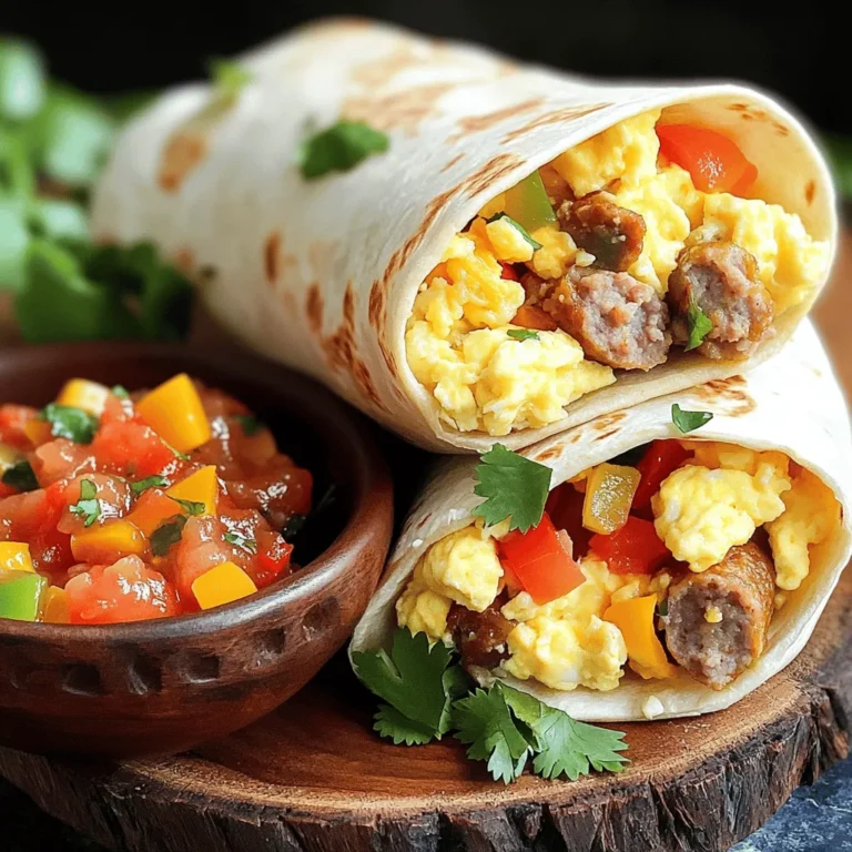 To make these Easy Sausage Breakfast Burritos, you will need: - 4 large eggs - 1 cup cooked breakfast sausage, crumbled - 1/2 cup bell pepper, diced (any color) - 1/4 cup onion, diced - 1/2 cup shredded cheddar cheese - 4 large flour tortillas - 2 tablespoons milk - 1 tablespoon olive oil - Salt and pepper to taste - 1/4 cup salsa (optional, for serving) - Fresh cilantro, chopped (for garnish, optional) You can easily swap some ingredients if needed. Here are a few ideas: - Use turkey or chicken sausage instead of pork sausage for a leaner option. - Substitute egg whites for whole eggs if you want fewer calories. - Try spinach or zucchini instead of bell peppers for a different veggie. - Use any cheese you like, such as pepper jack for extra flavor. - Whole wheat tortillas can replace regular flour tortillas if you prefer. To make these burritos, you'll want to have the following tools ready: - A medium mixing bowl for whisking eggs - A large skillet for cooking - A spatula for stirring and serving - A cutting board and knife for chopping veggies - A measuring cup for measuring ingredients - Aluminum foil or parchment paper (optional, for wrapping burritos) These ingredients and tools will help you create a tasty and simple meal. Enjoy the process and experiment with different flavors! Don't forget to check the Full Recipe for detailed cooking instructions. To make these Easy Sausage Breakfast Burritos, gather your ingredients first. Start by whisking the eggs and milk in a bowl. Add salt and pepper to taste. Next, heat the olive oil in a large skillet over medium heat. Once hot, add the diced onion and bell pepper. Cook them for 3-4 minutes until they are soft. Now, add the crumbled breakfast sausage to the skillet. Stir it in and heat for another 2-3 minutes. Push the sausage and veggies to one side of the skillet. Pour the whisked eggs into the empty side. Stir gently to scramble the eggs for about 3-4 minutes. When the eggs are cooked, mix them with the sausage and veggies. Add the shredded cheddar cheese and stir until it melts. Remove the skillet from heat. Warm the flour tortillas in another pan or microwave for about 15 seconds each. This will help them bend easily. Spoon the sausage mixture onto each tortilla’s center. Fold in the sides, then roll it tightly from the bottom. If you like, place the burritos seam side down in the skillet for 1-2 minutes to toast them. To make great scrambled eggs, focus on low heat. High heat can make them tough. Stir gently and frequently. This will keep them soft and fluffy. Remember, they will continue to cook a bit after you take them off the heat. So, remove them just before you think they’re done. Warming tortillas is key to a good burrito. If you use a microwave, wrap them in a damp paper towel. This adds moisture and keeps them soft. In a skillet, heat them for about 15 seconds on each side over medium heat. This makes them warm and flexible. Use this method to avoid tearing when you fill them. For the full recipe, check out the earlier sections. Enjoy your cooking! Meal prep makes mornings easier. You can save time and stress. Here are some tips: - Cook sausage and veggies ahead: You can cook the sausage and veggies the night before. Store them in the fridge. This way, you only need to add eggs in the morning. - Whisk eggs in advance: Mix the eggs and milk the night before. Keep them in a sealed bowl in the fridge. This saves time and keeps things easy. - Wrap and store burritos: If you make extra burritos, wrap them tightly in foil or plastic wrap. This keeps them fresh for later. These burritos are very flexible! You can change them to suit your tastes. Here are some ideas: - Add more veggies: Try spinach, mushrooms, or zucchini for extra flavor and nutrition. - Change the cheese: Swap cheddar for pepper jack or feta. Each cheese adds its own twist. - Spice it up: Add jalapeños or a dash of hot sauce to bring heat. If you love spice, go for it! - Try different meats: Use bacon or ham instead of sausage. You can even go meatless with beans or tofu. Even simple recipes can have hiccups. Here are mistakes to watch for: - Overcooking eggs: Keep an eye on your eggs! Cook them just until they are set. Overcooked eggs can become dry. - Too much filling: Stuffing too much into the tortilla makes it hard to roll. Use just enough filling for a neat wrap. - Not warming tortillas: Cold tortillas can break. Warm them for a few seconds to make them soft and bendable. - Skipping seasoning: Always season your eggs and veggies. A little salt and pepper make a big difference in flavor. With these tips, you’ll master making Easy Sausage Breakfast Burritos. Check out the Full Recipe for more details! {{image_2}} You can make a great vegetarian version of the sausage breakfast burrito. Just swap out the sausage for a meat-free option. Use plant-based sausage or skip the meat entirely. Add more veggies like spinach or mushrooms for extra flavor. This variation keeps it tasty and fun. If you like some heat, try a spicy southwest burrito. Add diced jalapeños or a dash of hot sauce to the egg mixture. You could also mix in black beans and corn for a heartier filling. Topping with avocado adds creaminess and balances the spice. Enjoy this bold twist! For a low-carb version, use lettuce wraps instead of tortillas. Fill them with the sausage, eggs, and cheese. You can also use cauliflower tortillas if you prefer. This way, you keep the taste without the carbs. It’s a great option for those watching their carb intake. For the full recipe, make sure to check out the complete guide! To keep your leftover burritos fresh, wrap them tightly in plastic wrap or foil. Place them in an airtight container. This helps prevent moisture loss and keeps them tasty. Store the wrapped burritos in the fridge for up to three days. Make sure to label the container with the date. This way, you know when they were made. When you're ready to enjoy your leftover burritos, you have a few great options. For the best taste, reheat them in a skillet. Heat the skillet over medium-low heat. Place the burrito seam side down in the pan. Cook for about 2-3 minutes on each side. This warms the filling and gives the outside a nice crisp. You can also use a microwave. Wrap the burrito in a damp paper towel and heat for 30-60 seconds. Check if it's hot throughout before eating. If you want to save burritos for later, freezing is a good choice. Let the burritos cool completely first. Then, wrap each one in plastic wrap, followed by aluminum foil. This helps keep them from freezer burn. Place the wrapped burritos in a freezer bag. They will stay fresh for up to three months. To reheat, simply thaw them in the fridge overnight and then use the reheating instructions above. Enjoy your Easy Sausage Breakfast Burritos whenever you like! Yes, you can make these burritos ahead of time. Prepare the filling by cooking the sausage, eggs, and veggies. Once cooked, let the mixture cool. Next, fill the tortillas and wrap them tightly. You can store these in the fridge for up to three days. For best taste, reheat them in a skillet or microwave before serving. Breakfast burritos pair well with many sides. Here are some tasty options: - Fresh fruit salad - Sliced avocado - Hash browns or home fries - A simple green salad - Yogurt with granola These sides add great flavor and balance to your meal. Making healthier burritos is easy! Here are some tips: - Use whole wheat tortillas instead of regular ones. - Swap regular sausage for turkey or veggie sausage. - Add more veggies, like spinach or mushrooms, for extra nutrients. - Use low-fat cheese or reduce the cheese amount. - Serve with salsa instead of sour cream. These changes keep the taste while boosting health benefits. For the complete recipe, check out the Full Recipe. You learned how to make Easy Sausage Breakfast Burritos. We covered the ingredients, tools, and step-by-step cooking instructions. I gave tips for perfect eggs and tortilla warming. You also discovered how to customize your burritos and avoid common mistakes. Remember, meal prep helps save time. Store leftovers carefully and reheat them well. With these tricks, you can enjoy great burritos anytime. Try different variations to keep meals fun! Happy cooking!