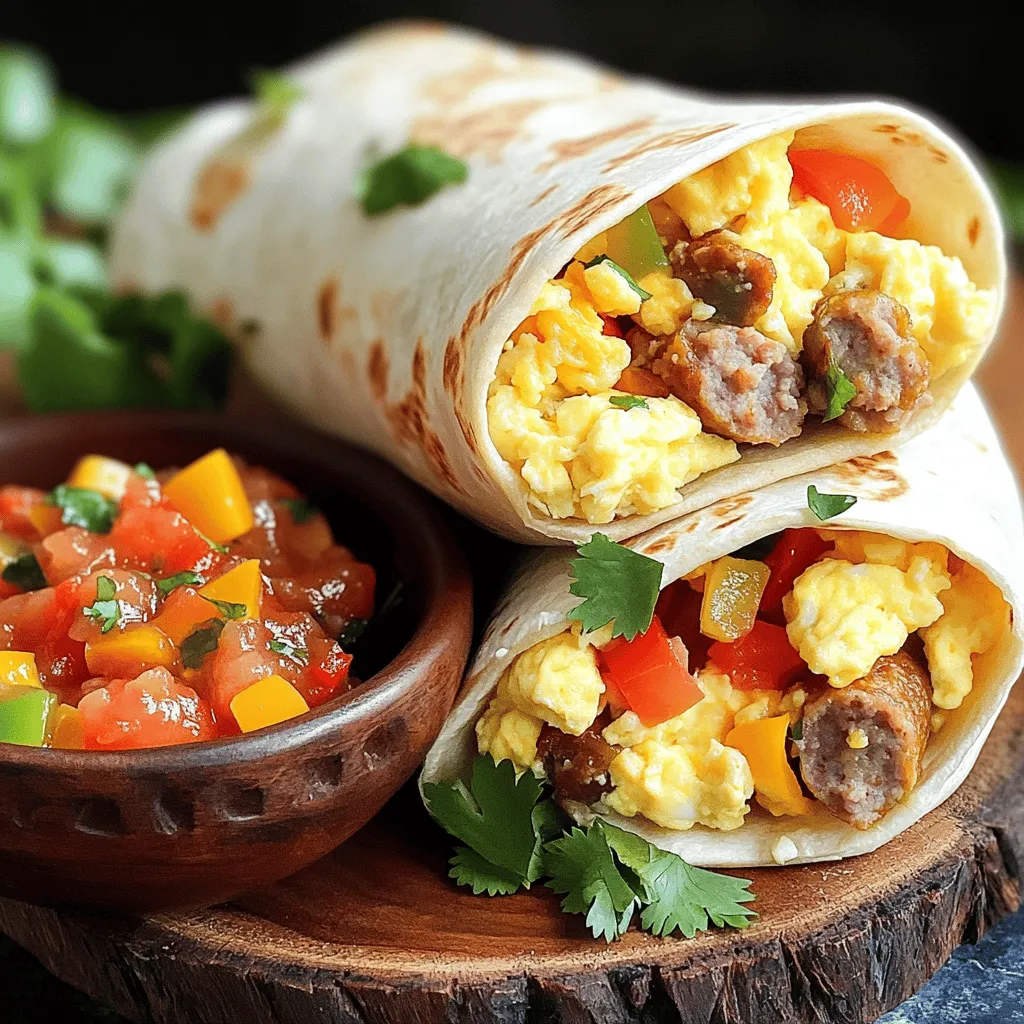 To make these Easy Sausage Breakfast Burritos, you will need: - 4 large eggs - 1 cup cooked breakfast sausage, crumbled - 1/2 cup bell pepper, diced (any color) - 1/4 cup onion, diced - 1/2 cup shredded cheddar cheese - 4 large flour tortillas - 2 tablespoons milk - 1 tablespoon olive oil - Salt and pepper to taste - 1/4 cup salsa (optional, for serving) - Fresh cilantro, chopped (for garnish, optional) You can easily swap some ingredients if needed. Here are a few ideas: - Use turkey or chicken sausage instead of pork sausage for a leaner option. - Substitute egg whites for whole eggs if you want fewer calories. - Try spinach or zucchini instead of bell peppers for a different veggie. - Use any cheese you like, such as pepper jack for extra flavor. - Whole wheat tortillas can replace regular flour tortillas if you prefer. To make these burritos, you'll want to have the following tools ready: - A medium mixing bowl for whisking eggs - A large skillet for cooking - A spatula for stirring and serving - A cutting board and knife for chopping veggies - A measuring cup for measuring ingredients - Aluminum foil or parchment paper (optional, for wrapping burritos) These ingredients and tools will help you create a tasty and simple meal. Enjoy the process and experiment with different flavors! Don't forget to check the Full Recipe for detailed cooking instructions. To make these Easy Sausage Breakfast Burritos, gather your ingredients first. Start by whisking the eggs and milk in a bowl. Add salt and pepper to taste. Next, heat the olive oil in a large skillet over medium heat. Once hot, add the diced onion and bell pepper. Cook them for 3-4 minutes until they are soft. Now, add the crumbled breakfast sausage to the skillet. Stir it in and heat for another 2-3 minutes. Push the sausage and veggies to one side of the skillet. Pour the whisked eggs into the empty side. Stir gently to scramble the eggs for about 3-4 minutes. When the eggs are cooked, mix them with the sausage and veggies. Add the shredded cheddar cheese and stir until it melts. Remove the skillet from heat. Warm the flour tortillas in another pan or microwave for about 15 seconds each. This will help them bend easily. Spoon the sausage mixture onto each tortilla’s center. Fold in the sides, then roll it tightly from the bottom. If you like, place the burritos seam side down in the skillet for 1-2 minutes to toast them. To make great scrambled eggs, focus on low heat. High heat can make them tough. Stir gently and frequently. This will keep them soft and fluffy. Remember, they will continue to cook a bit after you take them off the heat. So, remove them just before you think they’re done. Warming tortillas is key to a good burrito. If you use a microwave, wrap them in a damp paper towel. This adds moisture and keeps them soft. In a skillet, heat them for about 15 seconds on each side over medium heat. This makes them warm and flexible. Use this method to avoid tearing when you fill them. For the full recipe, check out the earlier sections. Enjoy your cooking! Meal prep makes mornings easier. You can save time and stress. Here are some tips: - Cook sausage and veggies ahead: You can cook the sausage and veggies the night before. Store them in the fridge. This way, you only need to add eggs in the morning. - Whisk eggs in advance: Mix the eggs and milk the night before. Keep them in a sealed bowl in the fridge. This saves time and keeps things easy. - Wrap and store burritos: If you make extra burritos, wrap them tightly in foil or plastic wrap. This keeps them fresh for later. These burritos are very flexible! You can change them to suit your tastes. Here are some ideas: - Add more veggies: Try spinach, mushrooms, or zucchini for extra flavor and nutrition. - Change the cheese: Swap cheddar for pepper jack or feta. Each cheese adds its own twist. - Spice it up: Add jalapeños or a dash of hot sauce to bring heat. If you love spice, go for it! - Try different meats: Use bacon or ham instead of sausage. You can even go meatless with beans or tofu. Even simple recipes can have hiccups. Here are mistakes to watch for: - Overcooking eggs: Keep an eye on your eggs! Cook them just until they are set. Overcooked eggs can become dry. - Too much filling: Stuffing too much into the tortilla makes it hard to roll. Use just enough filling for a neat wrap. - Not warming tortillas: Cold tortillas can break. Warm them for a few seconds to make them soft and bendable. - Skipping seasoning: Always season your eggs and veggies. A little salt and pepper make a big difference in flavor. With these tips, you’ll master making Easy Sausage Breakfast Burritos. Check out the Full Recipe for more details! {{image_2}} You can make a great vegetarian version of the sausage breakfast burrito. Just swap out the sausage for a meat-free option. Use plant-based sausage or skip the meat entirely. Add more veggies like spinach or mushrooms for extra flavor. This variation keeps it tasty and fun. If you like some heat, try a spicy southwest burrito. Add diced jalapeños or a dash of hot sauce to the egg mixture. You could also mix in black beans and corn for a heartier filling. Topping with avocado adds creaminess and balances the spice. Enjoy this bold twist! For a low-carb version, use lettuce wraps instead of tortillas. Fill them with the sausage, eggs, and cheese. You can also use cauliflower tortillas if you prefer. This way, you keep the taste without the carbs. It’s a great option for those watching their carb intake. For the full recipe, make sure to check out the complete guide! To keep your leftover burritos fresh, wrap them tightly in plastic wrap or foil. Place them in an airtight container. This helps prevent moisture loss and keeps them tasty. Store the wrapped burritos in the fridge for up to three days. Make sure to label the container with the date. This way, you know when they were made. When you're ready to enjoy your leftover burritos, you have a few great options. For the best taste, reheat them in a skillet. Heat the skillet over medium-low heat. Place the burrito seam side down in the pan. Cook for about 2-3 minutes on each side. This warms the filling and gives the outside a nice crisp. You can also use a microwave. Wrap the burrito in a damp paper towel and heat for 30-60 seconds. Check if it's hot throughout before eating. If you want to save burritos for later, freezing is a good choice. Let the burritos cool completely first. Then, wrap each one in plastic wrap, followed by aluminum foil. This helps keep them from freezer burn. Place the wrapped burritos in a freezer bag. They will stay fresh for up to three months. To reheat, simply thaw them in the fridge overnight and then use the reheating instructions above. Enjoy your Easy Sausage Breakfast Burritos whenever you like! Yes, you can make these burritos ahead of time. Prepare the filling by cooking the sausage, eggs, and veggies. Once cooked, let the mixture cool. Next, fill the tortillas and wrap them tightly. You can store these in the fridge for up to three days. For best taste, reheat them in a skillet or microwave before serving. Breakfast burritos pair well with many sides. Here are some tasty options: - Fresh fruit salad - Sliced avocado - Hash browns or home fries - A simple green salad - Yogurt with granola These sides add great flavor and balance to your meal. Making healthier burritos is easy! Here are some tips: - Use whole wheat tortillas instead of regular ones. - Swap regular sausage for turkey or veggie sausage. - Add more veggies, like spinach or mushrooms, for extra nutrients. - Use low-fat cheese or reduce the cheese amount. - Serve with salsa instead of sour cream. These changes keep the taste while boosting health benefits. For the complete recipe, check out the Full Recipe. You learned how to make Easy Sausage Breakfast Burritos. We covered the ingredients, tools, and step-by-step cooking instructions. I gave tips for perfect eggs and tortilla warming. You also discovered how to customize your burritos and avoid common mistakes. Remember, meal prep helps save time. Store leftovers carefully and reheat them well. With these tricks, you can enjoy great burritos anytime. Try different variations to keep meals fun! Happy cooking!