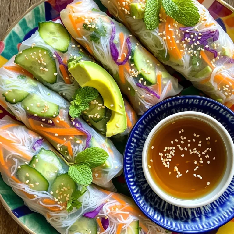 For my rice paper spring rolls, you need: - 10 rice paper wrappers - 1 cup cooked vermicelli noodles - 1 cup shredded carrots - 1 cucumber, julienned - 1 cup purple cabbage, thinly sliced - 1 avocado, sliced - 1 cup fresh mint leaves - 1 cup fresh cilantro leaves - 1 cup cooked shrimp or tofu (optional) - 1/4 cup soy sauce - 2 tablespoons sesame oil - 1 tablespoon lime juice - 1 tablespoon honey or agave syrup - Salt and pepper to taste You can change your spring rolls to match your taste. Here are some fun options: - Add cooked chicken or beef for more protein. - Use bell peppers or radishes for extra crunch. - Swap in different noodles like rice noodles or soba. - Try adding fruits like mango or pineapple for a sweet twist. Fresh herbs make your spring rolls pop with flavor. I suggest using: - Mint: It gives a fresh, cool taste. - Cilantro: It adds a bright, zesty note. - Basil: It brings a sweet touch to the mix. Feel free to mix and match these herbs for a unique flavor in each roll! Check out the full recipe for more tips. To start, gather all your ingredients. You will need rice paper wrappers, cooked vermicelli noodles, and fresh veggies. Here is what you need: - 10 rice paper wrappers - 1 cup cooked vermicelli noodles - 1 cup shredded carrots - 1 cucumber, julienned - 1 cup purple cabbage, thinly sliced - 1 avocado, sliced - 1 cup fresh mint leaves - 1 cup fresh cilantro leaves - 1 cup cooked shrimp or tofu (optional) If you use shrimp, boil it until pink. For tofu, pan-fry or bake until golden. Set them aside to cool. Cook the vermicelli noodles as the package says. Drain and rinse them in cold water. This stops them from sticking. Now, let’s make the dipping sauce. In a small bowl, combine: - 1/4 cup soy sauce - 2 tablespoons sesame oil - 1 tablespoon lime juice - 1 tablespoon honey or agave syrup - Salt and pepper to taste Mix everything well. Let it sit while you make the spring rolls. Next, it’s time to assemble the rolls. Fill a shallow dish with warm water. Dip one rice paper wrapper in the water for about 10 to 15 seconds. It should be soft but not too soggy. Lay it flat on a clean surface. On the bottom third of the rice paper, add a small handful of noodles. Then, layer the carrots, cucumber, cabbage, avocado, mint, cilantro, and shrimp or tofu if you choose to use it. Now, fold in the sides of the rice paper. Start rolling from the bottom tightly to cover the filling. Repeat this with the rest of the wrappers. Once done, place the rolls on a platter. Serve them with your tasty dipping sauce on the side. Enjoy your fresh and vibrant rice paper spring rolls! For a complete guide, check the Full Recipe. When making rice paper spring rolls, there are a few common mistakes to watch out for. First, do not soak the rice paper for too long. If you do, it becomes too soft and hard to handle. Soak it just until it feels pliable. Second, avoid overfilling the rolls. If you add too much, the paper can tear. Keep the filling light. Lastly, don’t skip the dipping sauce. It adds the perfect flavor. If you have leftover spring rolls, store them properly. Place them in a single layer in an airtight container. You can also use parchment paper between layers to keep them from sticking. Keep them in the fridge for up to two days. To revive them, simply dip in warm water for a few seconds before serving. Soaking rice paper is key to getting it just right. Use warm water, as it helps the rice paper soften quickly. Dip each wrapper for about 10-15 seconds. If you see bubbles forming, it is time to take it out. Lay it flat on a clean surface to fill. Wet a few at a time to keep up with rolling. This will help keep them fresh and prevent drying out. For the complete recipe, check out the Full Recipe link. {{image_2}} You can easily make rice paper spring rolls vegetarian or vegan. Simply skip the shrimp or tofu. Use extra veggies instead. Try adding bell peppers, bean sprouts, or radishes. These add fresh crunch and flavor. You can also include more herbs, like basil or parsley. For a protein boost, include edamame or chickpeas. This way, your rolls stay light and tasty. Feel free to get creative with fillings. You can use cooked chicken, beef, or even crab if you like. If you want something different, try adding fruits like mango or pineapple. They add a sweet twist. You can also use grains like quinoa for added texture. Mix and match your favorite ingredients to create unique rolls. The dipping sauce makes a big difference. While soy sauce is great, try mixing it up. A peanut sauce adds a rich flavor. You can blend peanut butter with soy sauce, lime juice, and a bit of water. Another option is sweet chili sauce for a spicy kick. You can even make a yogurt-based sauce with herbs for a creamy touch. Each sauce will change the taste of your spring rolls. To keep rice paper wrappers fresh, store them in a cool, dry place. Make sure the package is sealed tightly. If you open a package, place unused wrappers in an airtight container. This helps prevent them from drying out. If you have leftover spring rolls, place them in a single layer on a plate. Cover them with a damp paper towel. This keeps them moist. Then, wrap the plate in plastic wrap. Store it in the fridge. They will stay fresh for up to two days. You can freeze spring rolls for later use. First, place them on a baking sheet in a single layer. Freeze them for about an hour until firm. Then, transfer them to a freezer-safe bag. Remove as much air as possible. They can last up to three months in the freezer. When ready to eat, thaw them in the fridge overnight before serving. For a crispy texture, reheat them in the oven or air fryer. For a detailed recipe, check the Full Recipe section. Rice paper spring rolls taste best fresh. If you store them, they can last in the fridge for about one day. Wrap them in a damp paper towel and place them in an airtight container. This helps keep them moist. If they dry out, they become hard and tough to eat. Yes, you can prepare spring rolls ahead of time. Make them up to a few hours before you serve. Just be sure to keep them covered. Use a damp cloth to keep them moist. This way, they won't dry out before your meal. You can find rice paper wrappers at most grocery stores. Look in the Asian foods aisle. You can also buy them at Asian markets or online. They usually come in packs, so you can make many rolls at once. Just be sure to check the expiration date before you buy. This blog post covered all you need to make rice paper spring rolls. We looked at ingredients, with a list of main and optional choices. You learned how to prepare and assemble the rolls, along with tips to avoid common mistakes. We also explored tasty variations and how to store them. Remember, customizing your rolls can make cooking fun! Enjoy making these rolls fresh or frozen, and don’t forget to share with friends. Happy cooking!