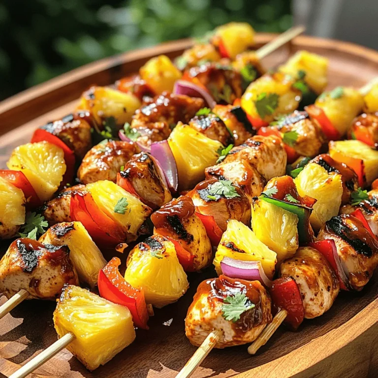 - 1 lb chicken breast, cut into 1-inch cubes - 1 cup fresh pineapple, cut into 1-inch cubes - 1 bell pepper (red or yellow), cut into 1-inch pieces - 1/2 cup BBQ sauce (store-bought or homemade) - 2 tablespoons olive oil - 1 teaspoon garlic powder - 1 teaspoon smoked paprika - Salt and pepper to taste - Skewers (soaked if wooden) - Optional: fresh cilantro for garnish Gathering these ingredients is simple. You want fresh chicken that is juicy and tender. Use ripe pineapple for a sweet punch. The bell pepper adds a nice crunch and color. For the marinade, you can use your favorite BBQ sauce. If you prefer homemade, it only takes a few minutes. Olive oil helps everything stick and adds flavor. The garlic powder and smoked paprika boost the taste. Salt and pepper are key to bring it all together. Make sure your skewers are ready. If you use wooden ones, soak them for about 30 minutes. This keeps them from burning on the grill. You can also add fresh cilantro on top for a pop of color. For the full recipe, check out the complete guide. It walks you through every step to make these kabobs perfect! To start, you need to marinate the chicken. This step adds great taste. In a large bowl, combine the chicken cubes, BBQ sauce, olive oil, garlic powder, smoked paprika, salt, and pepper. Mix it all together until the chicken is coated well. Cover the bowl and place it in the fridge. Let it marinate for at least 30 minutes. If you have time, refrigerate for up to 2 hours. This longer time helps the flavors soak in deeply. While the chicken marinates, prepare your skewers. If you use wooden skewers, soak them in water for 30 minutes. This helps prevent burning on the grill. After soaking, take the skewers and thread the marinated chicken on them. Alternate the chicken with pieces of pineapple, bell pepper, and red onion. Aim for 3-4 pieces of chicken on each skewer, followed by a piece of pineapple and a piece of bell pepper or onion. This mix gives each bite a burst of flavor. Now it's time to grill! Preheat your grill to medium-high heat. If using a grill pan, heat it over medium heat and brush it with a bit of oil. This keeps the kabobs from sticking. Once the grill is hot, place the skewers on it. Grill the kabobs for about 10-12 minutes. Turn them occasionally. You want the chicken to cook fully and get nice grill marks. Check the internal temperature; it should reach 165°F (75°C). For extra flavor, brush some more BBQ sauce on the kabobs during the last few minutes of grilling. This adds a tasty glaze to your kabobs. If you want to see the complete instructions, check out the Full Recipe. Marinating the chicken is key to great flavor. I suggest marinating for at least 30 minutes. This allows the chicken to soak up all the tasty BBQ sauce and spices. If you have more time, go for up to 2 hours. This gives even more flavor. Just remember, do not marinate too long. The acid in the sauce can change the chicken's texture. For even cooking, preheat your grill well. Medium-high heat works best. Place the kabobs on the grill and turn them every few minutes. This helps cook the chicken evenly and gives nice grill marks. Always check that the internal temperature hits 165°F (75°C). Avoid overcooking, as this can make the chicken dry. If using wooden skewers, soak them in water for 30 minutes first. This prevents burning on the grill. To boost flavor, glaze your kabobs with extra BBQ sauce in the last few minutes of grilling. This adds a tasty caramelized layer. After grilling, garnish with fresh herbs like cilantro for color. A squeeze of lime juice also brightens the dish. The sweet and smoky flavors work great together. If you want more heat, add red pepper flakes to your sauce. Check the Full Recipe for more tips! {{image_2}} You can switch up the chicken in your kabobs. Try using shrimp, beef, or tofu. Each protein brings its own taste. You can also add more veggies. Zucchini, mushrooms, or cherry tomatoes work great. They add color and flavor. If you want a twist, use different fruits. Mango or peaches can shine on the grill. To change the taste, experiment with marinades. Try teriyaki sauce for an Asian flair. Or use curry paste for a spicy kick. You can even mix honey with mustard for a sweet and tangy sauce. Spices are also fun. Add cumin, chili powder, or fresh herbs to your BBQ sauce. These will make your kabobs pop with flavor. Serve your kabobs with tasty side dishes. Rice or quinoa is a great base. You can also make a fresh salad with greens and citrus. Grilled corn on the cob adds a sweet crunch. For a fun twist, serve with flatbreads or pita. A cool yogurt dip can balance the heat from the grill. Enjoy your meal with a refreshing drink. You have endless options to make your meal special. Check out the Full Recipe for more ideas! To keep your Pineapple BBQ Chicken Kabobs fresh, store them in the fridge. First, let the kabobs cool down to room temperature. Then, place them in an airtight container. This way, they stay juicy and tasty for up to four days. If you want to keep them longer, consider freezing. When it's time to eat your leftovers, you can reheat them safely. The best way is to use the oven. Preheat your oven to 350°F (175°C). Place the kabobs on a baking sheet and cover them with foil. Heat for about 10-15 minutes until warmed through. This keeps the chicken moist and the flavors intact. You can also reheat them in a microwave. Just cover them with a damp paper towel and heat in short bursts, checking often. To freeze your kabobs, wrap them well in plastic wrap or foil. Then, place them in a freezer bag. Make sure to remove as much air as possible. This way, they can last for up to three months. When you are ready to grill them, thaw the kabobs in the fridge overnight. Once thawed, you can grill them as fresh. This method helps keep the taste and texture just right. For the full recipe, check out the details above. For kabobs, I recommend chicken breast. It cooks evenly and stays juicy. You can also use chicken thighs. They have more fat, which adds flavor. Both cuts are easy to cut into cubes. Choose what you like best! Yes, you can prepare these kabobs ahead of time. Marinate the chicken for at least 30 minutes. If you want more flavor, let it sit for up to 2 hours. You can assemble the kabobs, cover them, and refrigerate. Just remember to grill them fresh for the best taste. Kabobs pair well with many sides. I love serving them with rice or a fresh salad. You can also add grilled vegetables, corn on the cob, or coleslaw. These sides add color and balance to your meal. For the full recipe, check out the Pineapple BBQ Chicken Kabobs details! In this post, we covered how to make delicious Pineapple BBQ Chicken Kabobs. We discussed the main ingredients, marinade, and grilling steps. You learned tips for marinating, cooking techniques, and even variations. Don’t forget about storage for leftovers and reheating. These kabobs are fun to make and full of flavor. Try different ingredients and sides to make it your own. Enjoy your cooking and have fun grilling!