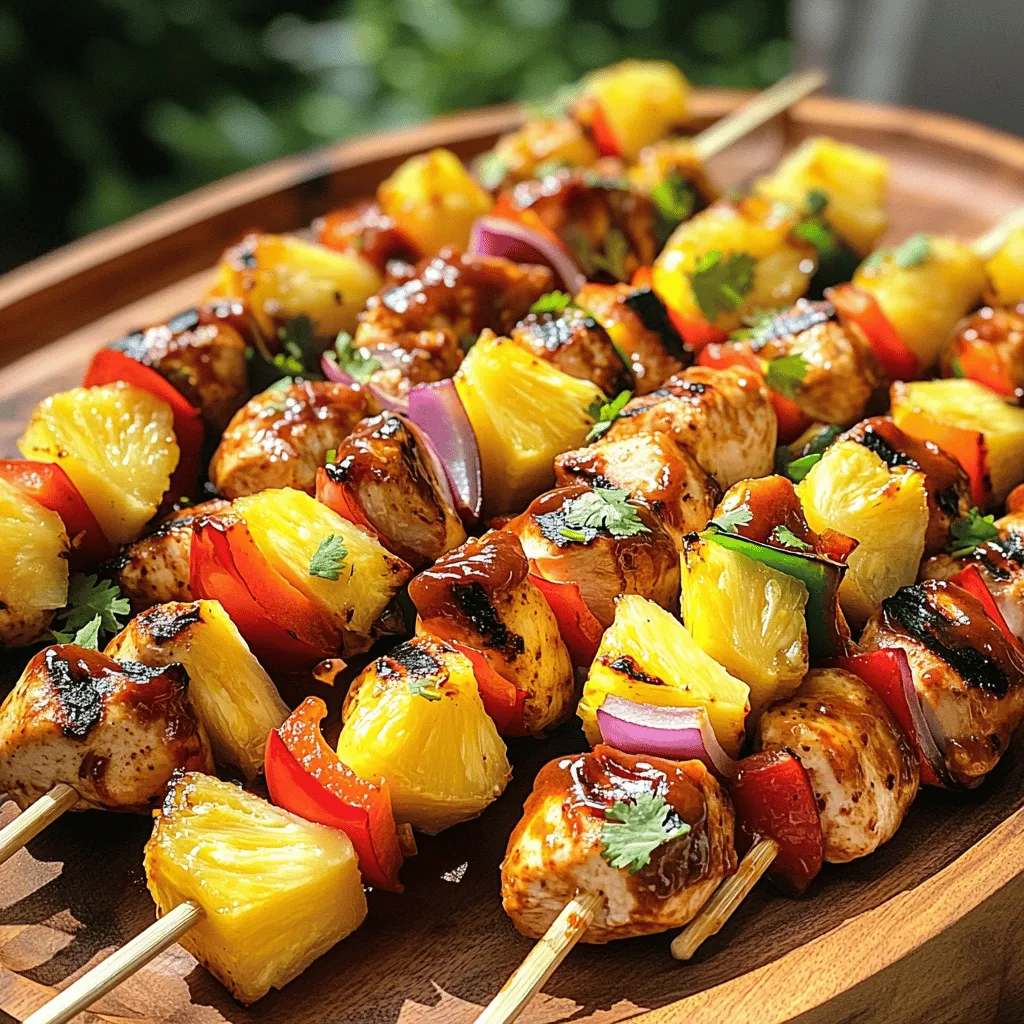 - 1 lb chicken breast, cut into 1-inch cubes - 1 cup fresh pineapple, cut into 1-inch cubes - 1 bell pepper (red or yellow), cut into 1-inch pieces - 1/2 cup BBQ sauce (store-bought or homemade) - 2 tablespoons olive oil - 1 teaspoon garlic powder - 1 teaspoon smoked paprika - Salt and pepper to taste - Skewers (soaked if wooden) - Optional: fresh cilantro for garnish Gathering these ingredients is simple. You want fresh chicken that is juicy and tender. Use ripe pineapple for a sweet punch. The bell pepper adds a nice crunch and color. For the marinade, you can use your favorite BBQ sauce. If you prefer homemade, it only takes a few minutes. Olive oil helps everything stick and adds flavor. The garlic powder and smoked paprika boost the taste. Salt and pepper are key to bring it all together. Make sure your skewers are ready. If you use wooden ones, soak them for about 30 minutes. This keeps them from burning on the grill. You can also add fresh cilantro on top for a pop of color. For the full recipe, check out the complete guide. It walks you through every step to make these kabobs perfect! To start, you need to marinate the chicken. This step adds great taste. In a large bowl, combine the chicken cubes, BBQ sauce, olive oil, garlic powder, smoked paprika, salt, and pepper. Mix it all together until the chicken is coated well. Cover the bowl and place it in the fridge. Let it marinate for at least 30 minutes. If you have time, refrigerate for up to 2 hours. This longer time helps the flavors soak in deeply. While the chicken marinates, prepare your skewers. If you use wooden skewers, soak them in water for 30 minutes. This helps prevent burning on the grill. After soaking, take the skewers and thread the marinated chicken on them. Alternate the chicken with pieces of pineapple, bell pepper, and red onion. Aim for 3-4 pieces of chicken on each skewer, followed by a piece of pineapple and a piece of bell pepper or onion. This mix gives each bite a burst of flavor. Now it's time to grill! Preheat your grill to medium-high heat. If using a grill pan, heat it over medium heat and brush it with a bit of oil. This keeps the kabobs from sticking. Once the grill is hot, place the skewers on it. Grill the kabobs for about 10-12 minutes. Turn them occasionally. You want the chicken to cook fully and get nice grill marks. Check the internal temperature; it should reach 165°F (75°C). For extra flavor, brush some more BBQ sauce on the kabobs during the last few minutes of grilling. This adds a tasty glaze to your kabobs. If you want to see the complete instructions, check out the Full Recipe. Marinating the chicken is key to great flavor. I suggest marinating for at least 30 minutes. This allows the chicken to soak up all the tasty BBQ sauce and spices. If you have more time, go for up to 2 hours. This gives even more flavor. Just remember, do not marinate too long. The acid in the sauce can change the chicken's texture. For even cooking, preheat your grill well. Medium-high heat works best. Place the kabobs on the grill and turn them every few minutes. This helps cook the chicken evenly and gives nice grill marks. Always check that the internal temperature hits 165°F (75°C). Avoid overcooking, as this can make the chicken dry. If using wooden skewers, soak them in water for 30 minutes first. This prevents burning on the grill. To boost flavor, glaze your kabobs with extra BBQ sauce in the last few minutes of grilling. This adds a tasty caramelized layer. After grilling, garnish with fresh herbs like cilantro for color. A squeeze of lime juice also brightens the dish. The sweet and smoky flavors work great together. If you want more heat, add red pepper flakes to your sauce. Check the Full Recipe for more tips! {{image_2}} You can switch up the chicken in your kabobs. Try using shrimp, beef, or tofu. Each protein brings its own taste. You can also add more veggies. Zucchini, mushrooms, or cherry tomatoes work great. They add color and flavor. If you want a twist, use different fruits. Mango or peaches can shine on the grill. To change the taste, experiment with marinades. Try teriyaki sauce for an Asian flair. Or use curry paste for a spicy kick. You can even mix honey with mustard for a sweet and tangy sauce. Spices are also fun. Add cumin, chili powder, or fresh herbs to your BBQ sauce. These will make your kabobs pop with flavor. Serve your kabobs with tasty side dishes. Rice or quinoa is a great base. You can also make a fresh salad with greens and citrus. Grilled corn on the cob adds a sweet crunch. For a fun twist, serve with flatbreads or pita. A cool yogurt dip can balance the heat from the grill. Enjoy your meal with a refreshing drink. You have endless options to make your meal special. Check out the Full Recipe for more ideas! To keep your Pineapple BBQ Chicken Kabobs fresh, store them in the fridge. First, let the kabobs cool down to room temperature. Then, place them in an airtight container. This way, they stay juicy and tasty for up to four days. If you want to keep them longer, consider freezing. When it's time to eat your leftovers, you can reheat them safely. The best way is to use the oven. Preheat your oven to 350°F (175°C). Place the kabobs on a baking sheet and cover them with foil. Heat for about 10-15 minutes until warmed through. This keeps the chicken moist and the flavors intact. You can also reheat them in a microwave. Just cover them with a damp paper towel and heat in short bursts, checking often. To freeze your kabobs, wrap them well in plastic wrap or foil. Then, place them in a freezer bag. Make sure to remove as much air as possible. This way, they can last for up to three months. When you are ready to grill them, thaw the kabobs in the fridge overnight. Once thawed, you can grill them as fresh. This method helps keep the taste and texture just right. For the full recipe, check out the details above. For kabobs, I recommend chicken breast. It cooks evenly and stays juicy. You can also use chicken thighs. They have more fat, which adds flavor. Both cuts are easy to cut into cubes. Choose what you like best! Yes, you can prepare these kabobs ahead of time. Marinate the chicken for at least 30 minutes. If you want more flavor, let it sit for up to 2 hours. You can assemble the kabobs, cover them, and refrigerate. Just remember to grill them fresh for the best taste. Kabobs pair well with many sides. I love serving them with rice or a fresh salad. You can also add grilled vegetables, corn on the cob, or coleslaw. These sides add color and balance to your meal. For the full recipe, check out the Pineapple BBQ Chicken Kabobs details! In this post, we covered how to make delicious Pineapple BBQ Chicken Kabobs. We discussed the main ingredients, marinade, and grilling steps. You learned tips for marinating, cooking techniques, and even variations. Don’t forget about storage for leftovers and reheating. These kabobs are fun to make and full of flavor. Try different ingredients and sides to make it your own. Enjoy your cooking and have fun grilling!