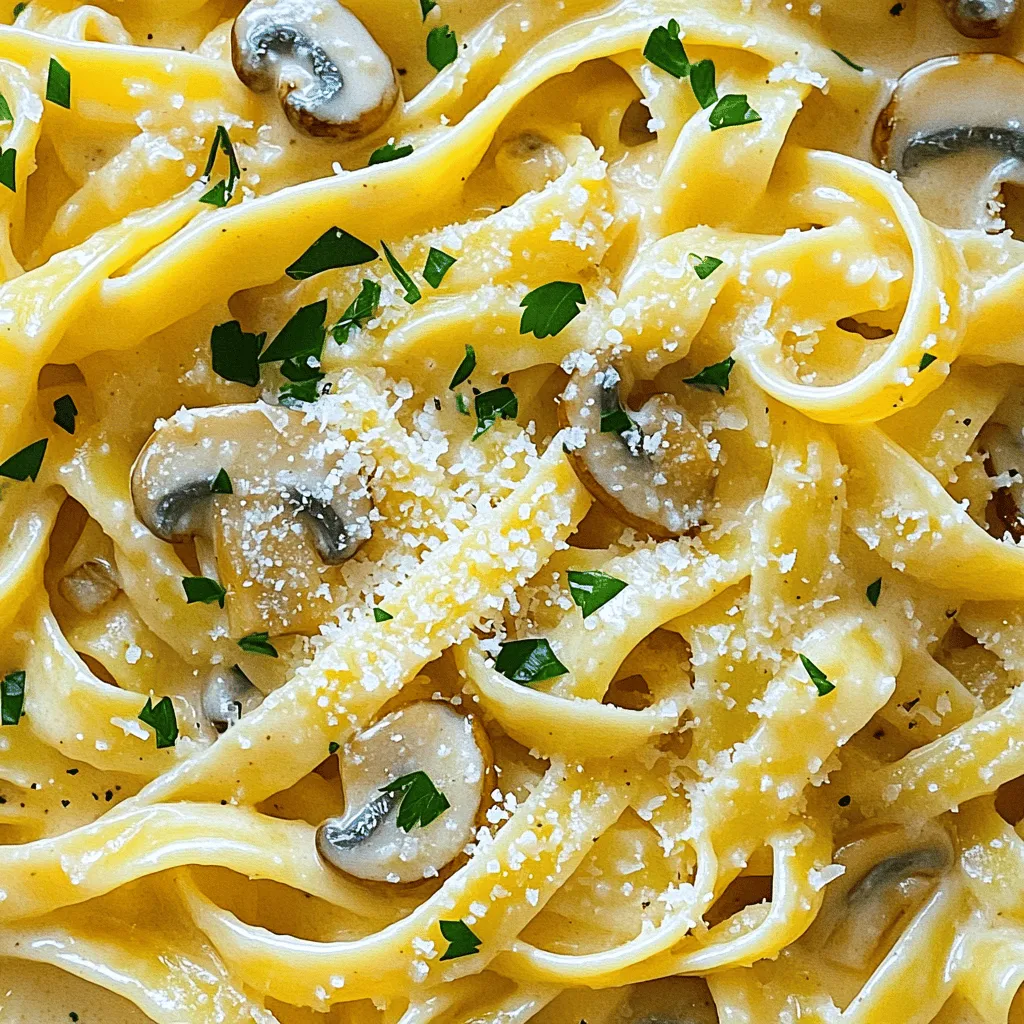 For this creamy garlic mushroom pasta, you need these main ingredients: - 12 oz (340g) fettuccine pasta - 3 cups button mushrooms, sliced - 1 cup heavy cream - 1 cup vegetable broth These ingredients create a rich and satisfying base for the dish. The fettuccine provides the perfect texture to hold the creamy sauce. The mushrooms add depth and umami flavor, while the cream and broth combine to create a luscious sauce. To enhance the flavor, gather these seasoning ingredients: - 2 tablespoons olive oil - 4 cloves garlic, minced - 1 teaspoon dried thyme - ½ teaspoon crushed red pepper flakes (optional) The garlic brings a fragrant aroma, while the thyme adds a lovely herbal note. If you enjoy some heat, the red pepper flakes can give the dish a nice kick. Finally, don’t forget these garnishes: - ½ cup grated parmesan cheese (plus extra for serving) - Fresh parsley, chopped The parmesan cheese melts into the sauce, giving it a rich, cheesy flavor. The fresh parsley adds a pop of color and brightness, making your dish look beautiful and inviting. You can find the [Full Recipe](#) to make this delightful meal. Enjoy the process and savor every bite! Boil 12 ounces of fettuccine in salted water. Cook it according to the package directions. Once it's al dente, drain it, but save about half a cup of the pasta water. This water helps adjust the sauce later. Heat 2 tablespoons of olive oil in a large skillet over medium heat. Add 3 cups of sliced button mushrooms. Cook them until they turn golden brown. This takes about 5 to 7 minutes. Stir them often for even cooking. Now, add 4 cloves of minced garlic to the skillet. Sauté for 1 to 2 minutes until it smells amazing. Be careful not to burn the garlic. Next, pour in 1 cup of vegetable broth. Stir it in well, then slowly add 1 cup of heavy cream. Bring this mix to a gentle simmer. Season the sauce with 1 teaspoon of dried thyme, ½ teaspoon of crushed red pepper flakes (if you want some heat), salt, and black pepper. Let it simmer for about 5 minutes until it thickens a bit. Stir in ½ cup of grated parmesan cheese. Mix it until it melts into the sauce. Now, add the cooked fettuccine to the skillet. Toss it until the pasta is well coated with the creamy sauce. If the sauce seems too thick, add some reserved pasta water to reach your desired creaminess. Taste it and adjust the seasoning if needed. Serve it hot, with fresh parsley and extra parmesan on top. For the full recipe, check the section above. Enjoy this simple and tasty meal! To make your sauce creamy, use the pasta water. This water has starch that helps thicken the sauce. After cooking your fettuccine, save about half a cup of that water. If your sauce seems too thick, add a bit of this water. Stir well to mix. You can boost the flavor of your creamy garlic mushroom pasta with herbs. Dried thyme adds a nice touch. Fresh herbs like basil or parsley also work well. For some heat, try crushed red pepper flakes. Just a pinch can make a big difference. Be careful not to burn the garlic. Cook it on medium heat and watch closely. If it burns, it will taste bitter. Also, don’t overcook your pasta. Follow the package time. Al dente pasta holds up better in the sauce. This way, you’ll enjoy a tasty meal full of flavor. {{image_2}} To make this creamy garlic mushroom pasta vegan, swap out the heavy cream and parmesan. Use canned coconut milk or unsweetened almond milk for the cream. Nutritional yeast works great as a parmesan replacement. It adds a cheesy flavor without dairy. You can also try cashew cream for a rich texture. If you need a gluten-free option, choose gluten-free pasta. Look for brands made from rice, corn, or quinoa. These options taste great and hold up well in sauce. Cook them just like regular pasta for best results. Want to add some protein? You can include cooked chicken, shrimp, or tofu. For chicken, sauté it in the skillet before adding mushrooms. For shrimp, toss them in when the garlic is fragrant. If you use tofu, press it first, then cube and sauté until golden. This will give your meal a hearty boost! To store leftovers, let the creamy garlic mushroom pasta cool to room temperature. Place it in an airtight container. It will last in the fridge for up to three days. Make sure to seal it well to avoid drying out. Freezing creamy pasta dishes can be tricky. The cream may change texture when thawed. To freeze, portion the pasta into freezer-safe bags. Remove as much air as possible. It can last up to two months in the freezer. When ready to eat, thaw it in the fridge overnight. To reheat, use a stovetop pan over low heat. Add a splash of vegetable broth or water to help restore creaminess. Stir often to avoid sticking. You can also microwave it, but cover the dish to keep it moist. Heat in short bursts, stirring in between. Enjoy your pasta as if it was freshly made! Yes, you can use other types of pasta! While I love fettuccine, other shapes work well too. You can try spaghetti, penne, or even farfalle. Each pasta shape holds sauce differently, so experiment to see what you like best. Just be sure to cook it according to the package instructions. If you need a cheese substitute, there are great options. For a non-dairy choice, use nutritional yeast for a cheesy flavor. You can also try pecorino romano or asiago for a similar taste. If you're avoiding dairy, look for vegan cheeses made from nuts or soy. To add spice to your creamy garlic mushroom pasta, consider these tips. Start by adding more crushed red pepper flakes. You can also mix in diced jalapeños or a dash of hot sauce. Don't forget to taste as you go! Adjust until you reach your perfect level of heat. In this post, we explored a creamy fettuccine recipe that's both simple and tasty. We went through the key ingredients, cooking steps, and tips to ensure great flavor and texture. Remember, you can customize this dish with vegan options or different proteins. Store your leftovers wisely to keep them fresh. Follow these steps, and you'll impress everyone at the table. Enjoy making this dish and finding your own variations! You’ll love how easy it is to create a satisfying meal.