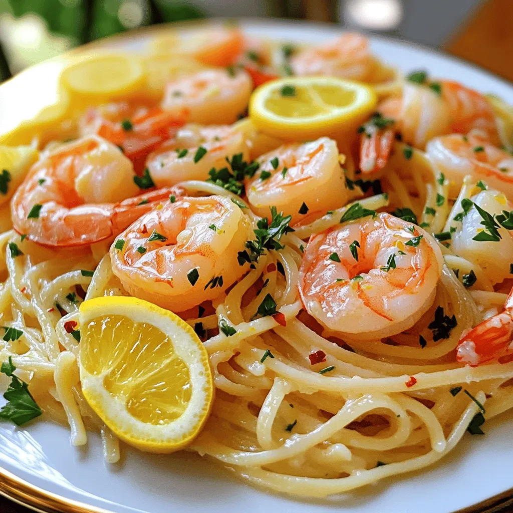 - 1 pound large shrimp, peeled and deveined - 8 ounces linguine or spaghetti - 4 tablespoons unsalted butter - 3 tablespoons olive oil - 4 cloves garlic, minced - 1 teaspoon red pepper flakes - Zest and juice of 1 lemon - Salt and pepper to taste - Fresh parsley, chopped - Lemon slices for garnish To make my easy shrimp scampi, I start with fresh, large shrimp. They should be peeled and deveined for quick cooking. I love using linguine or spaghetti for this dish. The pasta holds the sauce well. Butter and olive oil create a rich base for my sauce. Garlic is a must for flavor. I use four cloves, minced finely. Red pepper flakes add a nice kick. Adjust these to your taste. I always add lemon zest and juice. The acidity brightens the dish. Don't forget salt and pepper for seasoning. For a lovely finish, I like to sprinkle some fresh parsley on top. Lemon slices make a great garnish too. They add color and extra flavor. This combination makes the dish pop. You can find the full recipe in the complete Lemon Garlic Shrimp Scampi recipe section. - Boil water in a large pot. Add salt to the water. - Cook 8 ounces of linguine or spaghetti until it is al dente. - Drain the pasta and save ½ cup of the pasta water. Cooking the pasta this way gives it the right texture. Al dente means it has a slight bite. It also holds the sauce better. - In a large skillet, heat 3 tablespoons of olive oil and 4 tablespoons of butter over medium-high heat. - Once hot, add 1 pound of shrimp in a single layer. - Season with salt and pepper. Sauté for 2-3 minutes until the shrimp turn pink. - Remove the shrimp from the skillet and set them aside. Shrimp cook quickly. Be careful not to overcook them. They should be firm but tender. - Lower the heat to medium. In the same skillet, add 2 more tablespoons of butter and 1 tablespoon of olive oil. - Add 4 cloves of minced garlic and 1 teaspoon of red pepper flakes. Stir for about 1 minute, until the garlic is fragrant. - Pour in the zest and juice of 1 lemon. - Return the shrimp to the skillet and toss to coat in the sauce. - If the sauce seems dry, add some reserved pasta water until it reaches the right consistency. This sauce is bright and full of flavor. The lemon complements the shrimp well. - Add the cooked pasta to the skillet and toss everything together. - Taste and adjust seasoning with salt and pepper if needed. For a delicious finish, sprinkle chopped fresh parsley on top. Serve hot, with lemon slices for extra zest. For the full recipe, check out the Lemon Garlic Shrimp Scampi. Choosing the right shrimp Select large shrimp. They have a sweet taste and firm texture. Fresh shrimp will give you the best flavor. Look for shrimp that smell like the ocean, not fishy. You can use frozen shrimp too, just thaw them before cooking. The importance of fresh ingredients Fresh ingredients make your dish shine. Use whole garlic cloves, not pre-minced. Fresh lemon adds brightness. Buy fresh parsley to garnish your dish. Each ingredient adds its own flavor. Prepping ingredients ahead of time Prep your ingredients before cooking. Chop garlic, zest the lemon, and measure spices. This makes cooking quick and fun. You won’t feel rushed when you're ready. Adjusting cooking times for different pasta types Different pasta cooks at different times. Check package instructions for cooking times. Linguine usually takes 9 to 11 minutes. Spaghetti takes about the same time. Start cooking pasta before the shrimp for smooth timing. Recommended side dishes Pair shrimp scampi with a light salad. A simple green salad balances the meal. Garlic bread is also a great side. It helps soak up the delicious sauce. Best wine pairings for shrimp scampi Choose a crisp white wine. Sauvignon Blanc or Pinot Grigio works well. The acidity cuts through the richness of the butter. Enjoy your meal with a glass of wine for a special touch. {{image_2}} You can easily change the pasta type for shrimp scampi. While I love linguine or spaghetti, you can try fettuccine or even penne. Each pasta brings its own texture and flavor. If you want to swap butter for olive oil, go ahead! Olive oil adds a nice touch and keeps it light. It also gives a different flavor that many people enjoy. Adding herbs can boost the dish. Fresh basil or thyme works great. They add a lovely aroma and taste that brightens the meal. You can also mix in vegetables like spinach or cherry tomatoes. Spinach wilts nicely, while cherry tomatoes burst with flavor. Both add color and nutrients to your dish. If you need a gluten-free option, try using gluten-free pasta. Many brands taste just as good as regular pasta. You won’t miss out on flavor! For low-calorie shrimp scampi, use less butter and olive oil. You can also add more veggies to fill you up. This keeps the dish tasty and lighter on calories. For the full recipe, check out the Lemon Garlic Shrimp Scampi recipe. To store leftover shrimp scampi, use airtight containers. Glass or plastic containers work well. Make sure they are sealed tight to keep out air and moisture. Store your shrimp scampi in the fridge for up to three days. This keeps the flavors fresh and tasty. When you are ready to eat your leftovers, reheating is key. You can use a skillet or microwave. If using a skillet, heat it over low. Add a splash of water or broth to keep it moist. Stir often to prevent it from sticking. If using a microwave, cover the dish with a lid. Heat in short bursts, stirring in between. This helps ensure the shrimp remain tender and do not overcook. If you want to save shrimp scampi for later, freezing works great. Portion out the scampi into freezer-safe bags or containers. Remove as much air as possible to prevent freezer burn. Shrimp scampi can be frozen for up to three months. When you are ready to eat it, thaw it in the fridge overnight. Reheat as mentioned above for the best results. This way, you can enjoy a quick meal anytime! For the full recipe, check out the Lemon Garlic Shrimp Scampi. I recommend using large shrimp for scampi. They have a nice size and taste. Fresh shrimp is best if you can find it. Fresh shrimp has a sweet flavor and a firm texture. If fresh isn’t available, frozen shrimp works well too. Just make sure to thaw them properly before cooking. Yes, you can! Shrimp scampi is great on its own. You can serve it over rice or with crusty bread. It also pairs well with steamed veggies. For a lighter meal, toss it on a salad. These options keep the dish fresh and fun. To avoid rubbery shrimp, cook them quickly. Shrimp need just 2-3 minutes on high heat. Remove them from the pan as soon as they turn pink. Overcooking makes them tough. Also, let them rest for a minute before serving. This keeps them tender and juicy. Yes, you can change the sauce! A creamy sauce works well if you want a twist. Try adding cream or cheese for something different. You can also use a white wine sauce for depth. Each option gives a unique flavor that makes the dish exciting. For the complete Lemon Garlic Shrimp Scampi recipe, check out the [Full Recipe]. In this blog post, we covered the simple yet delicious shrimp scampi recipe. You learned about the main ingredients, step-by-step cooking instructions, and helpful tips. We also explored variations for taste and dietary needs, plus storage info for leftovers. Remember, fresh ingredients make a big difference. Try adding your favorite herbs or veggies. Cooking shrimp perfectly can elevate your dish. Enjoy making this classic meal, and share it with family and friends. With these tips, you’ll impress everyone at the dinner table.