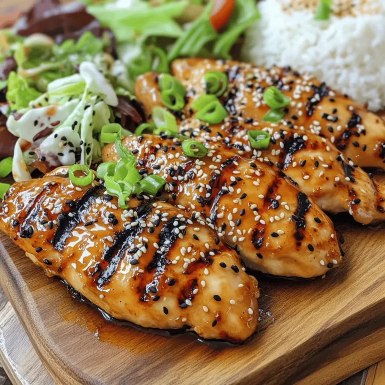 - 4 boneless, skinless chicken breasts - 1/4 cup soy sauce - 2 tablespoons sesame oil - 2 tablespoons honey - 2 garlic cloves, minced - 1 tablespoon fresh ginger, grated - 1 tablespoon rice vinegar - 1 teaspoon black sesame seeds - 1 teaspoon white sesame seeds - 1 green onion, finely chopped (for garnish) To make the sesame soy grilled chicken, gather these ingredients. The chicken breasts should be fresh and of good quality. The soy sauce brings a salty, umami flavor. Sesame oil adds a nice, nutty taste. Honey gives a hint of sweetness, balancing the flavors well. Garlic and ginger are key for depth. They add boldness to the marinade. Rice vinegar brings acidity, which helps tenderize the chicken. The black and white sesame seeds add crunch and visual appeal. Finally, the green onion is for garnish, giving a pop of color. This recipe is simple and quick. You can find the full recipe in the article. Enjoy cooking! To start, gather your ingredients. You need soy sauce, sesame oil, honey, garlic, ginger, and rice vinegar. In a medium bowl, mix these ingredients well. This blend creates the marinade. The soy sauce gives a salty flavor, while the sesame oil adds a nutty taste. Honey adds sweetness, and garlic and ginger bring in a punch of flavor. This mix is the key to tasty chicken. Next, take the chicken breasts. Place them in a large resealable bag or a shallow dish. Pour the marinade over the chicken. Make sure each piece is well-coated. Seal the bag or cover the dish. Refrigerate the chicken for at least one hour. For best flavor, leave it overnight. This step is important. The longer the chicken sits, the more it soaks up those delicious flavors. Now, it's time to grill! Preheat your grill to medium-high heat. While it heats, remove the chicken from the marinade. Let any excess marinade drip off. Discard the leftover marinade. Once the grill is ready, place the chicken on it. Grill each side for about 6-7 minutes. The chicken should reach an internal temperature of 165°F (75°C). You want nice grill marks too! In the last minute of grilling, sprinkle black and white sesame seeds on top. This adds extra crunch and flavor. After grilling, let the chicken rest for five minutes before slicing. Garnish with chopped green onions for a fresh touch. Enjoy your meal! For the full recipe, check the detailed instructions above. To enhance the flavor of your marinade, use fresh ingredients. Fresh garlic and ginger bring out the best taste. You can also add a pinch of chili flakes for some heat. For a deeper flavor, let the chicken marinate overnight. This allows the flavors to soak in. If you want a sweeter touch, add more honey. Just remember to balance the sweetness with soy sauce. To achieve perfect grill marks, preheat your grill to medium-high heat. This is key for good searing. Place the chicken on the grill and avoid moving it for the first few minutes. After about three minutes, you can flip it. This will help create those nice lines. Make sure to check the chicken's temperature. It should reach 165°F (75°C) for safe eating. For a complete meal, serve the grilled chicken with steamed rice or a fresh salad. The rice will soak up the marinade flavors. You can also add some roasted vegetables for color. For a fun twist, serve with a side of dipping sauce made from soy sauce and sesame oil. Adding some chopped green onions on top makes it look great, too! Try these ideas for a delightful dining experience. {{image_2}} You can mix up the marinade to suit your taste. Here are some ideas: - Citrus Twist: Add juice from one lime or lemon for zest. - Spicy Kick: Include a teaspoon of sriracha or crushed red pepper flakes. - Herbal Notes: Add fresh herbs like cilantro or basil for a fresh flavor. - Nutty Flavor: Try adding a tablespoon of peanut butter for richness. These simple swaps can change the flavor profile of your sesame soy grilled chicken. Experiment and find your favorite! You don’t have to grill to enjoy this dish. Here are two easy methods: - Oven-Baked: Preheat your oven to 400°F (200°C). Place marinated chicken on a baking sheet. Bake for 20-25 minutes or until the chicken is cooked through. - Stovetop: Heat a skillet over medium heat. Add a little oil and cook chicken for about 6-7 minutes on each side. This method gives you a nice sear. Choose the method that works best for you and your kitchen setup! Make your meal pop with fun serving ideas: - Platter Presentation: Arrange the grilled chicken on a colorful platter. Sprinkle extra sesame seeds and chopped green onions for brightness. - Wrap It Up: Slice the chicken and serve it in warm tortillas with fresh veggies and sauce. - Rice Bowl: Serve the chicken over a bed of steamed rice with pickled vegetables for a complete dish. These styles not only look great but also add to the flavor experience. Enjoy your meal and get creative! Store leftover grilled chicken in an airtight container. This keeps it fresh longer. Make sure the chicken cools down to room temperature before sealing. In the fridge, it stays good for up to four days. If you want to enjoy it later, you can make a tasty salad or sandwich. To freeze grilled chicken, wrap it tightly in plastic wrap. Then, place it in a freezer bag. Be sure to label the bag with the date. Chicken can stay frozen for about three months. When you're ready to eat it, thaw it in the fridge overnight. This helps keep the flavor and texture. To reheat chicken and keep it moist, use the oven. Preheat it to 350°F (175°C). Place the chicken in a baking dish, and add a splash of water or broth. Cover the dish with foil to trap steam. This keeps the chicken juicy. Heat it for 15 to 20 minutes or until hot. You can also use a microwave. Heat it in short bursts, checking often to avoid drying it out. Enjoy your sesame soy grilled chicken! For the best results, marinate your chicken for at least 1 hour. However, if you have time, let it sit overnight. This longer time allows the flavors to soak in deeply. The soy sauce and sesame oil will make the chicken juicy and full of flavor. Yes, you can use bone-in chicken for this recipe. Bone-in cuts add extra flavor and moisture. Just make sure to adjust the grilling time. Bone-in pieces may need a bit more time on the grill to cook through. You have many great options for side dishes! Here are a few ideas: - Steamed white or brown rice - A fresh garden salad - Grilled vegetables like zucchini or bell peppers - Noodles tossed in sesame oil and soy sauce - Stir-fried greens, such as bok choy or spinach These sides will complement the sesame soy grilled chicken perfectly. Enjoy your meal! You can find the full recipe above for more details. This blog post shares a tasty sesame soy grilled chicken recipe. We covered key ingredients, making the marinade, and grilling steps. I also shared tips for the best flavor and grilling techniques. You learned about storage and fun variations to try. Now, you have all you need to create a great meal. Enjoy cooking and sharing this dish with family and friends!