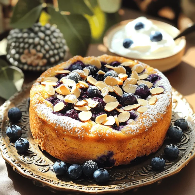 To make the Blueberry Almond Breakfast Cake, gather these items: - 1 cup all-purpose flour - 1/2 cup almond flour - 1/2 teaspoon baking powder - 1/2 teaspoon baking soda - 1/4 teaspoon salt - 1/2 cup unsalted butter, softened - 3/4 cup granulated sugar - 2 large eggs - 1 teaspoon vanilla extract - 1/2 cup Greek yogurt - 1 cup fresh blueberries - 1/4 cup sliced almonds (for topping) - Powdered sugar (for dusting, optional) You might want to change things up with these swaps: - Use whole wheat flour instead of all-purpose flour for more fiber. - Swap almond flour for oat flour if you need a gluten-free option. - Replace Greek yogurt with sour cream for a tangy twist. - If you have no fresh blueberries, frozen ones work just as well. Just toss them in frozen to avoid mush. - For a nut-free version, omit the almond flour and sliced almonds. Each ingredient plays a role in both taste and health: - Almond flour adds healthy fats and protein. It also gives a nice nutty flavor. - Greek yogurt provides moisture and protein. It keeps the cake light and fluffy. - Blueberries are packed with vitamins and antioxidants. They add sweetness and a burst of flavor. - Unsalted butter gives richness. It helps the cake rise beautifully. - Eggs are key for binding. They help the cake hold its shape. Using good ingredients makes this cake not just tasty but also a little healthier. For the full recipe, check the recipe section above. First, gather all your ingredients. You will need flour, almond flour, baking powder, baking soda, salt, butter, sugar, eggs, vanilla, Greek yogurt, blueberries, and sliced almonds. Preheat your oven to 350°F (175°C). Grease and flour an 8-inch round cake pan. You can also line it with parchment paper for easy removal. In a medium bowl, whisk together the all-purpose flour, almond flour, baking powder, baking soda, and salt. Set this mixture aside for now. In a large mixing bowl, beat the softened butter and sugar together. Mix them until they become light and fluffy. This might take about 3 to 4 minutes. Add the eggs one at a time. Be sure to mix well after each one. Then, stir in the vanilla extract and Greek yogurt until it all comes together. Gradually fold in the dry mixture you set aside earlier. Remember not to overmix. Next, gently fold in the fresh blueberries, spreading them evenly throughout the batter. Pour this mixture into your prepared cake pan. Spread it out evenly and sprinkle the sliced almonds on top for some nice crunch. Bake the cake in your preheated oven for 30 to 35 minutes. Check if it is done by inserting a toothpick into the center. If it comes out clean, it’s ready! Once baked, take it out and let it cool in the pan for 10 minutes. Then, transfer the cake to a wire rack to cool completely. If you like, dust it with powdered sugar before serving. This adds a nice touch! Serve slices on a pretty plate, perhaps with a sprig of mint or a dollop of Greek yogurt. Enjoy this cake at breakfast or as a tasty treat! Using fresh and high-quality ingredients is key. For the best results, use room temperature eggs and butter. This helps the batter mix well and rise nicely. Fresh blueberries add flavor and moisture. If possible, choose organic blueberries for a richer taste. One common mistake is overmixing the batter. Mix gently until just combined. Overmixing can lead to a dense cake. Also, ensure your oven is preheated. Baking in a cold oven can ruin the texture. Lastly, remember to check the cake with a toothpick. If it comes out clean, the cake is ready. You can boost flavor by adding a pinch of lemon zest or almond extract. These small additions make a big difference! For better texture, consider using both almond and all-purpose flour. This mix gives a nice crumb. Top the cake with sliced almonds for extra crunch. You could also sprinkle some powdered sugar for a sweet finish. {{image_2}} You can easily make this cake gluten-free. Just swap the all-purpose flour for a gluten-free blend. This blend will work great in most recipes. For a vegan option, replace eggs with flax eggs. Mix one tablespoon of ground flaxseed with three tablespoons of water for each egg. This will help bind the cake. Also, use non-dairy yogurt and butter for a vegan twist. Feel free to get creative with flavors. Add a teaspoon of cinnamon or nutmeg for warmth. You can also mix in some lemon zest for a fresh kick. If you love chocolate, try adding mini chocolate chips for a sweet surprise. You can even fold in some chopped nuts for extra crunch. These add-ins can make your cake unique and fun. Presentation makes food more enjoyable. Serve slices on a colorful plate. Add a sprig of mint for a pop of color. You can also dust the top with powdered sugar for a pretty finish. For an extra touch, place a dollop of Greek yogurt next to each slice. Top it with a few blueberries to make it look fancy. These simple ideas will impress your guests and make every bite delightful. Store your blueberry almond breakfast cake in an airtight container. This keeps it fresh. You can keep it at room temperature for up to three days. If you want it to last longer, place it in the fridge. It can stay fresh for up to a week when refrigerated. You can freeze the cake for later. First, let it cool completely. Then, wrap it tightly in plastic wrap. Place it in a freezer-safe bag or container. This helps prevent freezer burn. The cake will keep well for up to three months. When you are ready to eat, thaw it in the fridge overnight. To reheat the cake, preheat your oven to 350°F (175°C). Place slices on a baking sheet. Warm them for about 10 minutes. You can also use the microwave. Heat on medium power for about 20-30 seconds. This will make the cake warm and soft again. If you want, dust with powdered sugar before serving. If you don't have almond flour, you can use regular flour. You can also try ground oats or cashew flour. Each will change the texture, but they will work in the recipe. Yes, you can use frozen blueberries. Just make sure to thaw and drain them first. This helps avoid extra moisture in the cake. The cake is done when a toothpick comes out clean. Insert it into the center of the cake. If it is wet, bake it a bit longer. You can prepare the batter a few hours ahead. Just cover it tightly and keep it in the fridge. It’s best to bake it fresh for best results. Serve the cake either warm or at room temperature. You can dust it with powdered sugar. A dollop of Greek yogurt and some fresh berries on the side adds a nice touch. For the complete recipe, check the Full Recipe section. This post covered important ingredients and their benefits. We explored clear steps to prepare and bake your cake. I shared tips to improve flavor and avoid common errors. You can also try fun variations to fit your diet. Lastly, I provided storage tips for freshness and taste. Baking can be fun and easy with the right knowledge. Enjoy creating your delicious cake!