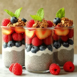 - Coconut milk: This creamy base adds rich flavor. It makes the parfait smooth and tasty. Choose full-fat for a richer taste or light for fewer calories. - Chia seeds: These tiny seeds absorb liquid and swell. They create a fun, pudding-like texture. Plus, they pack a nutritional punch with fiber and omega-3s. - Maple syrup: This natural sweetener balances the flavors. You can adjust the amount based on your sweetness preference. Honey is also a great option. - Granola: For a crunchy layer, sprinkle granola on top. It adds texture and makes the parfait more filling. Use your favorite kind or try a homemade version for extra flavor. - Fresh berries: Layer in more berries for added sweetness and color. Strawberries, blueberries, and raspberries work well. They provide vitamins and antioxidants, making this treat even healthier. - Fresh mint leaves: These leaves add a pop of color and a refreshing taste. Place a few on top for a lovely presentation. - Additional fruits: Consider adding sliced bananas or kiwi. They enhance the flavor and make your parfait look stunning. Choose fruits that are in season for the best taste. This Berry Coconut Chia Parfait is easy to make and fun to enjoy. You can find the full recipe above to get started! To make the Berry Coconut Chia Parfait, you first need to combine the ingredients. In a medium bowl, add the coconut milk, chia seeds, maple syrup, and vanilla extract. Whisk these ingredients together until they blend well. This step is key to getting a smooth texture. Next, cover the bowl with plastic wrap. You need to refrigerate the mixture for at least two hours. If you can, let it sit overnight. This chilling time allows the chia seeds to absorb the liquid and thicken the mixture. Once your chia pudding is ready, it's time to layer the parfait. Start by preparing your serving glasses. You can use jars or any clear glass you have. This allows you to see those beautiful layers. Now, it's time to layer the parfait. Begin with a layer of chia pudding at the bottom of each glass. Next, add a layer of mixed berries. You can use strawberries, blueberries, and raspberries for a colorful mix. Repeat these layers until your glasses are full. If you like, you can top each parfait with a sprinkle of granola. This adds a nice crunch. Finally, garnish with fresh mint leaves for a touch of color and freshness. When serving your Berry Coconut Chia Parfait, think about the presentation. Clear glasses show off the vibrant layers, making it look appealing. As for portion sizes, you can adjust based on your needs. This recipe serves two to four, depending on how big your glasses are. A small glass is perfect for a snack, while a larger one works well for breakfast. Enjoy every bite of this tasty treat! For the full recipe, check out [Full Recipe]. To get the best chia texture, chilling time is key. I recommend letting the chia mix chill for at least two hours. If you can wait overnight, that's even better! This allows the seeds to soak up the liquid and become plump. For mixing, use a whisk or fork. Mix well to avoid clumps. Stir the seeds into the coconut milk gently. This way, they spread evenly. If you find clumps after chilling, just stir again before serving. You can adjust the sweetness to fit your taste. If you want it sweeter, add more maple syrup or honey. Start with a small amount and taste as you go. You can also skip the sweetener if you prefer a less sweet treat. Try flavor variations too! Add a pinch of cinnamon or a splash of almond extract for a twist. You can even blend in a ripe banana for extra creaminess. Presentation makes your parfait shine! Use clear glasses or jars to show off the layers. I love using mason jars for their rustic look. For garnishing, fresh mint leaves add color and a pop of flavor. You can also sprinkle some granola on top for extra crunch. Layering is fun too! Alternate between chia pudding and berries to make it visually appealing. Enjoy creating your Berry Coconut Chia Parfait! For the full recipe, check out the detailed steps above. {{image_2}} You can switch up the coconut milk for other options. Almond milk works well. It gives a nutty flavor and is low in calories. Oat milk is another great choice. It adds creaminess and a slight sweetness. Both options keep the parfait tasty and healthy. Mixing fruits can change the whole vibe of your parfait. For a tropical twist, add mango, pineapple, and banana. This combo feels like a vacation in a glass. You can also use seasonal berries. Strawberries, blueberries, or raspberries brighten up the dish. They add natural sweetness and beautiful colors. If you're vegan, this parfait is already a fit. Use maple syrup for sweetness. For gluten-free needs, skip the granola or choose gluten-free options. You can still enjoy this treat without worry. Adjusting the recipe makes it friendly for many diets. To keep your berry coconut chia parfait fresh, refrigerate it right away. Make sure to store it in an airtight container. This will help keep all the flavors in and the parfait from drying out. Glass jars or plastic containers work well. They keep the parfait safe and easy to grab when you want a snack. In the fridge, your parfait lasts about 3 to 5 days. This is a great option for meal prep! Always check for signs of spoilage. If you see any mold or a strange smell, it's best to toss it. Fresh berries will go bad faster, so eat those layers first. If you have extras, don’t worry! You can use the chia pudding in smoothies or as a topping for oatmeal. Mix it into yogurt for a quick breakfast. You can also use leftover berries in salads or desserts. Get creative and enjoy every bite! For the complete method, check the Full Recipe. You can use different types of milk in this recipe. Almond milk works well if you want a nutty taste. Soy milk is a great dairy-free option too. If you need a nut-free choice, try oat milk. It provides a creamy texture without nuts. Chia pudding can stay fresh in the fridge for about five days. It’s best to store it in an airtight container. This keeps it from drying out and helps it stay tasty. If you notice any strange smells or colors, throw it away. Yes, you can prepare this parfait in advance. A night before serving is ideal. Just layer the chia pudding and berries in your glasses. Cover them well and store in the fridge. This way, the flavors mix nicely and save you time in the morning. You can find the Full Recipe to guide you through the steps. The parfait recipe combines simple ingredients like coconut milk and chia seeds. You learned how to layer the mixture for a stunning presentation. I shared tips to enhance texture and flavor, plus ideas for customization. Remember, this recipe is flexible. Use your favorite fruits and milks. Store it properly to enjoy fresh flavors later. With these ideas, you can create delicious parfaits that suit your taste. Enjoy making your next parfait!