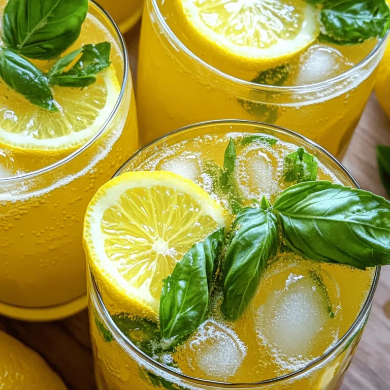 To make the Lemon Basil Spritz, gather the following ingredients: - 1 cup fresh lemon juice (about 4-5 lemons) - 1/2 cup fresh basil leaves, packed - 3 tablespoons honey or agave syrup - 4 cups sparkling water - Ice cubes - Lemon slices and basil sprigs for garnish These ingredients create a fresh and bright drink. The lemon juice gives a tart flavor, while the basil adds a nice herbal touch. Honey or agave syrup sweetens the drink, making it refreshing. Sparkling water adds fizz, making each sip exciting. Using fresh, high-quality ingredients makes a big difference. The taste of fresh lemon juice is far better than bottled juice. Fresh basil leaves bring a strong aroma and flavor. This drink is not just tasty, but it looks lovely too. The lemon slices and basil sprigs make it pretty and inviting. For the full recipe, you can follow the steps outlined to enjoy this delightful summer drink! Start by taking fresh basil leaves and honey or agave syrup. In a small saucepan, combine these with one cup of water. Heat over medium heat until it simmers. Stir well until the sugar dissolves completely. Remove it from heat and let it steep for about ten to fifteen minutes. This step brings out the sweet and fragrant basil flavor. Next, use a fine mesh sieve to strain the infused liquid into a bowl or pitcher. This step is key to removing the basil leaves, leaving you with a smooth syrup. Discard the leaves and allow the syrup to cool completely. In a large pitcher, combine the cooled basil syrup with fresh lemon juice. Use about one cup of lemon juice, which is around four to five lemons. Stir the mixture well to combine. Now, slowly add four cups of sparkling water. Stir gently to mix everything without losing the fizz. To serve, fill glasses with ice cubes. Then, pour the Lemon Basil Spritz over the ice. This keeps the drink refreshingly cold. For the final touch, garnish each glass with lemon slices and a sprig of fresh basil. This not only looks good but adds extra flavor too. Enjoy your drink! To make the best Lemon Basil Spritz, start with fresh ingredients. Fresh lemon juice and basil give your drink a vibrant taste. The quality of your ingredients matters. If you want to enhance the sweetness, you can adjust it to your liking. Honey or agave syrup works well to sweeten your drink. Start with three tablespoons, then add more if you prefer it sweeter. Presentation can make your drink more appealing. Serve the spritz in clear glasses. This lets everyone see the beautiful yellow color. It adds to the excitement! You can also use colorful straws. They add a fun touch. A sprig of basil or a slice of lemon on the rim makes the drink look fancy. These little details can impress your guests and make every sip enjoyable. {{image_2}} You can add fruits to your Lemon Basil Spritz. Strawberries, raspberries, or even blueberries work great. Just muddle them gently in the glass before adding the drink. This makes your spritz colorful and tasty. Try different fruits to find your favorite mix. Want a grown-up version? Simply add vodka or gin. This gives a nice kick to your spritz. Use about 1 to 2 ounces of your chosen spirit per glass. Mix it in after you add the sparkling water. Enjoy a refreshing drink with an adult twist. If you love herbs, try using mint or rosemary instead of basil. Both add unique flavors. Muddle the herbs with the honey syrup for a fresh taste. You can mix and match herbs to create your own blend. This makes every spritz special. For the complete recipe, check out the Full Recipe section. To keep your basil syrup fresh, store it in an airtight container in the fridge. This helps preserve the bright flavors of the basil and lemon. You want to enjoy every sip! For the best taste, use the syrup within a week. After that, the flavor may fade. Always check for any signs of spoilage before using. You can reuse the basil syrup for other drinks or cocktails. It adds a fresh twist to lemonade or iced tea. Try mixing it with soda or sparkling wine for a fun treat! Yes, you can prepare the basil syrup in advance. Simply mix it with sparkling water right before serving. This way, the drink stays fresh and bubbly. You can use agave syrup, maple syrup, or sugar as alternatives to honey. Each option adds a different flavor but still keeps the drink sweet. While fresh lemon juice is best for flavor, you can use bottled juice if needed. Just keep in mind that fresh juice offers a brighter, more vibrant taste. In this blog post, we explored how to create a refreshing Lemon Basil Spritz. We covered the ingredients, step-by-step instructions, and tips to perfect your drink. You learned how to store leftover basil syrup and even some fun variations to try. Enjoy making this drink with fresh flavors and your creative twists! It’s a simple way to impress friends and family. So gather your ingredients and start mixing today!