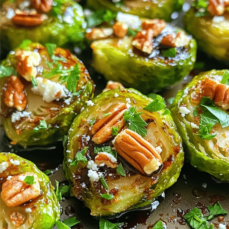 To make balsamic glazed Brussels sprouts, you need: - 1 pound Brussels sprouts, halved - 1/4 cup balsamic vinegar - 2 tablespoons honey or maple syrup - 2 tablespoons olive oil - Salt and pepper to taste - 1/4 cup toasted pecans, chopped - 1/4 cup crumbled feta cheese (optional) - Fresh parsley, chopped for garnish When measuring, use a standard cup and tablespoon. Make sure all ingredients are fresh. This helps boost flavor and texture. If you can, buy organic Brussels sprouts. They taste better and are better for you. You can swap ingredients if needed. Instead of honey, try maple syrup for a vegan option. For a nut-free dish, skip the pecans or use seeds. If you don’t like feta, leave it out. You can also try goat cheese or nutritional yeast for a different taste. Want more flavor? Add garlic or chili flakes to the glaze. For the best results, follow the full recipe. Start by rinsing your Brussels sprouts under cold water. This step removes dirt and debris. Next, cut off the tough ends. Slice each sprout in half to help them cook evenly. Halving them also increases their surface area. This allows for better flavor absorption from the glaze. In a large bowl, combine 1/4 cup of balsamic vinegar and 2 tablespoons of honey or maple syrup. Whisk these together until they blend well. Add 2 tablespoons of olive oil, salt, and pepper to taste. Whisk again to create a smooth glaze. This glaze is the heart of the dish, giving the sprouts a sweet and tangy flavor. Preheat your oven to 400°F (200°C). Spread the halved Brussels sprouts in a single layer on a baking sheet lined with parchment paper. Drizzle the balsamic glaze over them, tossing to coat well. Place the baking sheet in the oven and roast for 20-25 minutes. Stir them halfway through cooking for even browning. They should be tender and caramelized when done. For added crunch, mix in 1/4 cup of toasted pecans right after removing them from the oven. If you like, sprinkle some crumbled feta cheese on top while they are still warm. Finally, garnish with fresh parsley to add a pop of color. For the full recipe, refer to our earlier section. To get that rich, sweet flavor, focus on caramelization. The key is high heat. Roast your Brussels sprouts at 400°F (200°C). This temperature brings out their natural sugars. Make sure to spread them in a single layer on your baking sheet. This helps them cook evenly. Stir halfway through for that perfect brown color. Aim for about 20-25 minutes of roasting time. Keep an eye on them; you want a nice golden hue. Balsamic glazed Brussels sprouts shine as a side dish. Pair them with roasted chicken or grilled steak for a full meal. They also work well on a holiday table. For a fun twist, serve them on a bed of quinoa or mixed greens. Finish with a sprinkle of fresh herbs. Fresh parsley adds color and brightness. You can also top with crumbled feta cheese for added creaminess. Want to take your dish to the next level? Try adding spices. Garlic powder or onion powder can boost the flavor. A pinch of red pepper flakes gives it a nice kick. If you love nuts, toss in some walnuts or almonds for crunch. You can also drizzle a little extra balsamic glaze before serving. This adds more depth and flavor. For a sweet touch, consider using maple syrup instead of honey. Each choice brings your dish to life in a new way. For the full recipe, check out the details above. {{image_2}} If you want a nut-free version, skip the pecans. You can still enjoy the sweet and tangy glaze. This dish tastes great without nuts. If you want crunch, try using sunflower seeds. They add texture and flavor without the nuts. To make this dish vegan, just omit the feta cheese. You won’t miss the cheese because the balsamic glaze gives a rich flavor. The sweetness from honey can be replaced with maple syrup to keep it vegan. This keeps the dish plant-based and delicious! You can mix in other veggies for a colorful dish. Carrots, sweet potatoes, or cauliflower all work well. Just chop them to a similar size as the Brussels sprouts. Toss them in the same balsamic glaze for a great taste. Roasting helps all the flavors blend perfectly. For the full recipe, check out the steps to ensure your dish shines! You can store leftover balsamic glazed Brussels sprouts in an airtight container. Keep them in the fridge for up to three days. Make sure they cool down before sealing. This helps keep their flavor fresh. If you plan to eat them later, store them without the pecans and feta. This way, they remain crunchy and tasty. To reheat, use the oven for the best results. Preheat your oven to 350°F (175°C). Spread the sprouts on a baking sheet. Heat for about 10-15 minutes until they are warm. Check frequently to avoid overcooking. You can also use a microwave. Heat in short bursts of 30 seconds until warm. Stir in between to ensure even heating. You can freeze Brussels sprouts, but the texture may change after thawing. To freeze, first roast them as per the full recipe. Let them cool completely. Once cool, place them in a freezer bag. Remove as much air as possible before sealing. They can last up to three months in the freezer. When you're ready to eat, thaw them in the fridge overnight before reheating. Yes, you can make Balsamic Glazed Brussels Sprouts ahead of time. Cook them and let them cool. Store them in an airtight container in the fridge. They stay fresh for about three days. When you’re ready to eat, reheat them in the oven. This helps keep their flavor and texture nice. You can pair Balsamic Glazed Brussels Sprouts with many dishes. They go well with roasted chicken or pork. Try them alongside a rich steak for a tasty contrast. You can also serve them with grains like quinoa or rice. These sprouts add a fresh touch to any meal. To get crispy Brussels sprouts, start with dry ones. Wash and dry them well before cooking. Use high heat when roasting, around 400°F (200°C). Spread them out in a single layer on the baking sheet. Avoid crowding them, as this traps steam and makes them soggy. Toss them halfway through cooking for even crispness. For extra crunch, you can add toasted nuts like pecans. Check the full recipe for more detailed steps. In this post, we explored how to make Balsamic Glazed Brussels Sprouts. We covered key ingredients, step-by-step cooking methods, and useful tips for better results. Remember to try different variations and substitutions to make the dish your own. Enjoy these sprouts as a side or a main dish. Don’t forget storage tips for leftovers! With practice, you’ll master this tasty recipe and impress everyone. Now, it’s time to get cooking!
