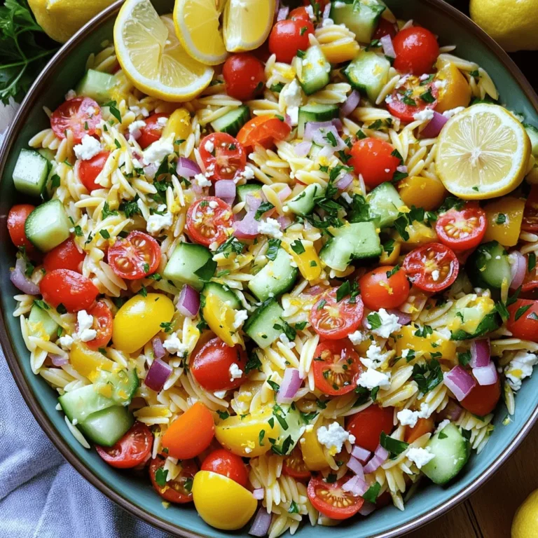 - 1 cup orzo pasta - 2 cups vegetable broth (or water) - 1 cup cherry tomatoes, halved - 1 small cucumber, diced - 1/4 red onion, finely chopped - 1 bell pepper (any color), diced - 1/4 cup parsley, chopped The heart of this salad is the orzo pasta. It gives a nice base and a fun texture. I love using vegetable broth for cooking the orzo. It adds extra flavor. Fresh vegetables like cherry tomatoes, cucumbers, red onions, and bell peppers bring color and crunch. They make the dish lively and fresh. Don't forget the parsley; it adds a burst of green. - 1/4 cup feta cheese, crumbled (optional) - Additional toppings like olives or nuts Feta cheese is a great choice for adding creaminess and saltiness. You can skip it if you want a lighter taste. You could also add olives for a briny twist or nuts for a crunchy bite. These optional add-ins let you customize the salad to your liking. - 3 tablespoons olive oil - Juice of 2 lemons - 2 cloves garlic, minced - Salt and black pepper to taste - 1/4 teaspoon red pepper flakes (optional) The dressing is simple yet packs a punch. A mix of olive oil and lemon juice creates a bright, zesty flavor. Minced garlic adds warmth and depth. Season with salt and black pepper for balance. If you like heat, sprinkle some red pepper flakes in. This dressing ties all the ingredients together and makes every bite delicious. For the full recipe, you can check the [Full Recipe]. To start, cook the orzo pasta. In a medium pot, bring 2 cups of vegetable broth to a boil. Add 1 cup of orzo pasta. Cook it according to the package instructions until it is al dente. This usually takes about 8 to 10 minutes. After cooking, drain the orzo and set it aside to cool. You want it to be at room temperature before mixing it with the veggies. Next, let's make the dressing. In a small bowl, whisk together 3 tablespoons of olive oil, the juice of 2 lemons, and 2 minced garlic cloves. Add salt and black pepper to taste, and if you like a bit of heat, include 1/4 teaspoon of red pepper flakes. Whisk until everything blends well. Taste it and adjust the flavors if needed. You might want a little more salt or lemon juice. Now it's time to mix everything. In a large bowl, combine 1 cup of halved cherry tomatoes, 1 diced cucumber, 1/4 finely chopped red onion, and 1 diced bell pepper. Add the cooled orzo into this veggie mix. Pour the dressing over the top and toss gently. Make sure everything is coated well. Finally, add 1/4 cup of chopped parsley and 1/4 cup of crumbled feta cheese if you like. Toss again to mix. It’s best to chill the salad in the fridge for at least 30 minutes before serving. This helps all the flavors come together beautifully. For the full recipe, check the details above. To boost the taste of your Lemon Garlic Orzo Salad, adjust the seasonings. Add salt and pepper to your liking. If you like heat, mix in red pepper flakes. Fresh ingredients shine here. Use fresh garlic and herbs for the best flavor. Dried herbs can work, but fresh ones bring more zest. For a beautiful presentation, serve the salad in a large bowl. You can also use individual plates to impress your guests. Garnish with extra feta cheese and a lemon wedge. This adds brightness and color. Consider adding sliced olives for more flavor and a pop of color. This salad pairs well with grilled chicken or fish for a light meal. You can make this salad ahead of time. It tastes great after chilling for a while. To chill, cover the bowl with plastic wrap or a lid. Best practice is to let it sit in the fridge for at least 30 minutes. This helps the flavors blend nicely. Remember, the longer it chills, the better it tastes! For the full recipe, refer to the instructions above. {{image_2}} You can swap orzo for other grains. Quinoa or farro can add a nutty taste. Rice works well, too. These grains offer different textures and flavors. You can mix and match to find what you like best. Seasonal veggies make your salad shine. In spring, add fresh peas or asparagus. Summer brings ripe zucchini and bell peppers. In fall, try roasted butternut squash or Brussels sprouts. Each season offers new delights for your dish. Want a vegan option? Just skip the feta, or use a plant-based cheese. Use vegetable broth for cooking. This keeps the dish light and fresh. Need a gluten-free choice? Swap orzo for gluten-free pasta like brown rice or corn pasta. These options still give you that great taste without the gluten. If you are watching carbs, try using spiralized zucchini instead of orzo. This keeps the crunch and flavor without the carbs. It’s a fun twist that still satisfies your cravings. Add protein to your salad for a heartier meal. Grilled chicken or shrimp works great. For a plant-based option, toss in chickpeas or black beans. They add protein and fiber, making your salad filling. Nuts and seeds bring a nice crunch. Try sliced almonds or walnuts for a rich flavor. Sunflower seeds add a nice texture, too. Just sprinkle them on top to keep their crunch. These twists make your orzo salad unique and enjoyable. For the Full Recipe, check the earlier section. To store leftovers of your Lemon Garlic Orzo Salad, place it in a container. I suggest using an airtight container. This keeps the salad fresh and prevents odors from other foods. Always let the salad cool down before sealing it. This helps avoid excess moisture inside the container. Can you freeze orzo salad? Yes, you can, but it may change texture. If you freeze it, use a freezer-safe bag or container. Remove as much air as you can to prevent freezer burn. For reheating, let it thaw in the fridge overnight. Then, warm it gently in a pan, adding a splash of olive oil or water to bring back some moisture. How long does it last in the fridge? Your Lemon Garlic Orzo Salad can last about 3 to 5 days. Always check for freshness. Signs that the salad is no longer good include a sour smell or slimy texture. If you see any mold, it’s best to toss it out. Keeping track of freshness helps you enjoy your salad safely! You can make this salad a day in advance. Cook the orzo and chop the veggies. Mix the salad, but add the dressing just before serving. This keeps everything fresh. Store it in an airtight container in the fridge. It will taste great the next day. Yes, you can swap orzo for other pasta. Try small shapes like ditalini or fusilli. You can also use whole wheat or gluten-free pasta. Just cook according to the package. The salad will still be delicious and fun. If you don’t have lemon juice, use vinegar. Apple cider vinegar or white wine vinegar work well. You can also use lime juice for a twist. These options give a nice acidity to the salad. Chill the salad for at least 30 minutes. This helps all the flavors mix well. If you have more time, chill it for an hour or two. The longer it sits, the better the taste. For the full recipe, check out the complete details! In this post, we explored how to make a fresh Lemon Garlic Orzo Salad. We discussed the main ingredients, like orzo and fresh veggies. I shared tips for enhancing flavors and options for meal prep. We looked at variations, like using different grains and proteins. For a delightful salad, stick to fresh ingredients and adjust seasonings to your taste. This dish is versatile and easy to customize, making it a perfect choice for any meal. Enjoy your cooking!