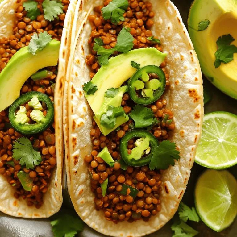To make spicy lentil tacos, gather these main ingredients: - 1 cup dried green or brown lentils, rinsed - 2 ½ cups vegetable broth - 1 tablespoon olive oil - 1 small onion, finely chopped - 2 garlic cloves, minced - 1 bell pepper (any color), chopped - 1 jalapeño, finely chopped (seeds removed for less heat) - 2 teaspoons ground cumin - 1 teaspoon smoked paprika - 1 teaspoon chili powder - Salt and pepper to taste - 8 small corn or flour tortillas - Fresh cilantro, chopped (for garnish) - Lime wedges (for serving) You can add some optional toppings to enhance your tacos: - Avocado slices - Salsa or hot sauce If you lack some ingredients, here are some easy swaps: - Use vegetable stock instead of broth. - Swap the olive oil for any other cooking oil. - For lentils, red or yellow ones also work well in a pinch. - You can use any chili pepper instead of jalapeño. - Feel free to add other spices based on your taste. For the full recipe, check out the detailed guide. Start by rinsing 1 cup of dried lentils. This step helps remove any dust. Next, put the rinsed lentils in a medium pot. Add 2 ½ cups of vegetable broth. Bring the pot to a boil over medium heat. Once it boils, reduce the heat to low. Cover the pot and let it simmer for 20-25 minutes. The lentils should become tender, and the liquid should be absorbed. While the lentils cook, take a large skillet and add 1 tablespoon of olive oil. Heat the oil over medium heat. Once hot, add 1 small chopped onion. Sauté the onion until it turns translucent, about 5 minutes. Then, add 2 minced garlic cloves, 1 chopped bell pepper, and 1 finely chopped jalapeño. Stir these veggies for 3-4 minutes. This step softens the peppers and brings out their flavors. After the lentils are cooked, mix them into the skillet with the sautéed veggies. Add 2 teaspoons of ground cumin, 1 teaspoon of smoked paprika, and 1 teaspoon of chili powder. Season with salt and pepper to taste. Stir well and let the mixture cook for another 5 minutes. During this time, warm 8 small tortillas in a separate skillet or on a grill. To assemble, place a generous spoonful of the spicy lentil mixture onto each tortilla. Top with fresh cilantro and avocado slices if you like. Serve with lime wedges and your favorite salsa or hot sauce. For the complete recipe, check the Full Recipe section. To boost the heat in your spicy lentil tacos, try these tips. Use more jalapeños, or add some chopped serrano peppers. You can also mix in a dash of cayenne pepper for a kick. If you love smoky flavors, add more smoked paprika. Experiment with your spice mix until it fits your taste. If you have tacos left, store them properly. Place the lentil mixture in an airtight container. Keep the tortillas separate to prevent sogginess. You can store the lentils for up to five days in the fridge. Reheat them on the stove or in the microwave when you're ready to eat. Cooking for meal prep makes life easier. This recipe is perfect for that. You can make a big batch of the lentil filling. Store it in portions for quick meals. Warm the tortillas just before serving. This way, you keep them fresh and tasty. You can also freeze the lentil mixture for later use. Enjoy your healthy meal anytime! For the complete recipe, check out the Full Recipe section. {{image_2}} You can make spicy lentil tacos vegan easily. The main ingredients are already plant-based. To keep it vegan, skip any dairy toppings. Use avocado for creaminess instead. You can also add a dollop of vegan sour cream. This keeps the dish rich while staying true to vegan ideals. If you need gluten-free tacos, use corn tortillas. They work great with the lentil filling. You can also add more veggies for extra crunch. Shredded cabbage or lettuce makes a nice addition. Just make sure to check your tortillas for gluten-free labels. Try adding different spices to the lentil mix. A dash of cayenne pepper adds heat. You can also mix in lime juice for brightness. Fresh herbs like cilantro or parsley give a fresh taste. Try smoked garlic for a unique twist. These small changes can create a new flavor profile. Explore the full recipe for more ideas and tips to customize your tacos! To keep your spicy lentil tacos fresh, store them in an airtight container. Make sure to separate the lentil filling from the tortillas. This way, the tortillas stay soft and do not get soggy. You can keep the lentil filling in the fridge for up to five days. When you’re ready to enjoy your leftovers, reheat the lentil filling on the stove. Use low heat and stir often. You can also microwave it in short bursts. If you use a microwave, cover the bowl to keep the moisture in. Warm the tortillas separately in a pan or microwave for a few seconds. If you want to save some spicy lentil tacos for later, freezing is a great option. Freeze the lentil filling in a freezer-safe bag or container. It keeps well for up to three months. Just remember to label the bag with the date. When you’re ready to eat, thaw it in the fridge overnight. Reheat it using the instructions above before serving. Enjoy your tasty meal anytime! For the full recipe, check out the details above. To make lentils flavorful for tacos, use spices and fresh herbs. Start by cooking lentils in vegetable broth instead of water. This adds depth. Use spices like cumin, smoked paprika, and chili powder. They bring warmth and zest. Sauté onions, garlic, and bell peppers to enhance flavor. Mixing in jalapeños adds heat. This combination makes a tasty filling. Yes, you can use canned lentils for this recipe. They save time and cook faster. Just rinse them well before use. You can skip the cooking step. Sauté your veggies first, then mix in the canned lentils. Add spices as usual to bring out the flavor. Adjust cooking time based on your taste. The best toppings for spicy lentil tacos add freshness and crunch. Try fresh cilantro for a burst of flavor. Avocado slices give creaminess. Lime wedges add zing. Salsa or hot sauce can enhance heat. Other options include diced tomatoes or chopped green onions. Mix and match as you like! For the full recipe, check out the [Full Recipe]. In this blog post, we explored how to make spicy lentil tacos step by step. We covered the main ingredients and some tasty toppings. You learned tips to boost flavor and how to store leftovers. We also shared fun variations for any diet. Remember, cooking is all about fun and creativity. With these basics, you can make these tacos your own. Enjoy your meal prep and share your favorite tweaks!