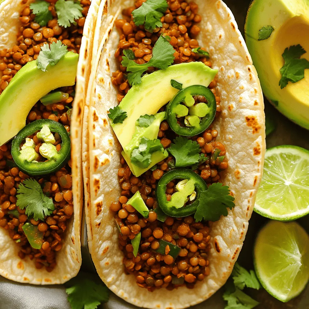 To make spicy lentil tacos, gather these main ingredients: - 1 cup dried green or brown lentils, rinsed - 2 ½ cups vegetable broth - 1 tablespoon olive oil - 1 small onion, finely chopped - 2 garlic cloves, minced - 1 bell pepper (any color), chopped - 1 jalapeño, finely chopped (seeds removed for less heat) - 2 teaspoons ground cumin - 1 teaspoon smoked paprika - 1 teaspoon chili powder - Salt and pepper to taste - 8 small corn or flour tortillas - Fresh cilantro, chopped (for garnish) - Lime wedges (for serving) You can add some optional toppings to enhance your tacos: - Avocado slices - Salsa or hot sauce If you lack some ingredients, here are some easy swaps: - Use vegetable stock instead of broth. - Swap the olive oil for any other cooking oil. - For lentils, red or yellow ones also work well in a pinch. - You can use any chili pepper instead of jalapeño. - Feel free to add other spices based on your taste. For the full recipe, check out the detailed guide. Start by rinsing 1 cup of dried lentils. This step helps remove any dust. Next, put the rinsed lentils in a medium pot. Add 2 ½ cups of vegetable broth. Bring the pot to a boil over medium heat. Once it boils, reduce the heat to low. Cover the pot and let it simmer for 20-25 minutes. The lentils should become tender, and the liquid should be absorbed. While the lentils cook, take a large skillet and add 1 tablespoon of olive oil. Heat the oil over medium heat. Once hot, add 1 small chopped onion. Sauté the onion until it turns translucent, about 5 minutes. Then, add 2 minced garlic cloves, 1 chopped bell pepper, and 1 finely chopped jalapeño. Stir these veggies for 3-4 minutes. This step softens the peppers and brings out their flavors. After the lentils are cooked, mix them into the skillet with the sautéed veggies. Add 2 teaspoons of ground cumin, 1 teaspoon of smoked paprika, and 1 teaspoon of chili powder. Season with salt and pepper to taste. Stir well and let the mixture cook for another 5 minutes. During this time, warm 8 small tortillas in a separate skillet or on a grill. To assemble, place a generous spoonful of the spicy lentil mixture onto each tortilla. Top with fresh cilantro and avocado slices if you like. Serve with lime wedges and your favorite salsa or hot sauce. For the complete recipe, check the Full Recipe section. To boost the heat in your spicy lentil tacos, try these tips. Use more jalapeños, or add some chopped serrano peppers. You can also mix in a dash of cayenne pepper for a kick. If you love smoky flavors, add more smoked paprika. Experiment with your spice mix until it fits your taste. If you have tacos left, store them properly. Place the lentil mixture in an airtight container. Keep the tortillas separate to prevent sogginess. You can store the lentils for up to five days in the fridge. Reheat them on the stove or in the microwave when you're ready to eat. Cooking for meal prep makes life easier. This recipe is perfect for that. You can make a big batch of the lentil filling. Store it in portions for quick meals. Warm the tortillas just before serving. This way, you keep them fresh and tasty. You can also freeze the lentil mixture for later use. Enjoy your healthy meal anytime! For the complete recipe, check out the Full Recipe section. {{image_2}} You can make spicy lentil tacos vegan easily. The main ingredients are already plant-based. To keep it vegan, skip any dairy toppings. Use avocado for creaminess instead. You can also add a dollop of vegan sour cream. This keeps the dish rich while staying true to vegan ideals. If you need gluten-free tacos, use corn tortillas. They work great with the lentil filling. You can also add more veggies for extra crunch. Shredded cabbage or lettuce makes a nice addition. Just make sure to check your tortillas for gluten-free labels. Try adding different spices to the lentil mix. A dash of cayenne pepper adds heat. You can also mix in lime juice for brightness. Fresh herbs like cilantro or parsley give a fresh taste. Try smoked garlic for a unique twist. These small changes can create a new flavor profile. Explore the full recipe for more ideas and tips to customize your tacos! To keep your spicy lentil tacos fresh, store them in an airtight container. Make sure to separate the lentil filling from the tortillas. This way, the tortillas stay soft and do not get soggy. You can keep the lentil filling in the fridge for up to five days. When you’re ready to enjoy your leftovers, reheat the lentil filling on the stove. Use low heat and stir often. You can also microwave it in short bursts. If you use a microwave, cover the bowl to keep the moisture in. Warm the tortillas separately in a pan or microwave for a few seconds. If you want to save some spicy lentil tacos for later, freezing is a great option. Freeze the lentil filling in a freezer-safe bag or container. It keeps well for up to three months. Just remember to label the bag with the date. When you’re ready to eat, thaw it in the fridge overnight. Reheat it using the instructions above before serving. Enjoy your tasty meal anytime! For the full recipe, check out the details above. To make lentils flavorful for tacos, use spices and fresh herbs. Start by cooking lentils in vegetable broth instead of water. This adds depth. Use spices like cumin, smoked paprika, and chili powder. They bring warmth and zest. Sauté onions, garlic, and bell peppers to enhance flavor. Mixing in jalapeños adds heat. This combination makes a tasty filling. Yes, you can use canned lentils for this recipe. They save time and cook faster. Just rinse them well before use. You can skip the cooking step. Sauté your veggies first, then mix in the canned lentils. Add spices as usual to bring out the flavor. Adjust cooking time based on your taste. The best toppings for spicy lentil tacos add freshness and crunch. Try fresh cilantro for a burst of flavor. Avocado slices give creaminess. Lime wedges add zing. Salsa or hot sauce can enhance heat. Other options include diced tomatoes or chopped green onions. Mix and match as you like! For the full recipe, check out the [Full Recipe]. In this blog post, we explored how to make spicy lentil tacos step by step. We covered the main ingredients and some tasty toppings. You learned tips to boost flavor and how to store leftovers. We also shared fun variations for any diet. Remember, cooking is all about fun and creativity. With these basics, you can make these tacos your own. Enjoy your meal prep and share your favorite tweaks!