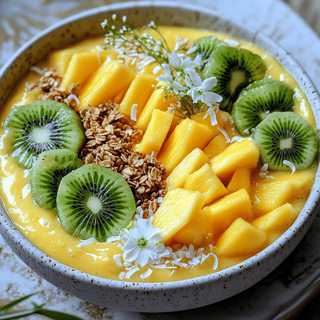 - Ripe mango - Fresh pineapple chunks - Frozen banana - Coconut milk (or alternative) - Honey or maple syrup (optional) - Vanilla extract - Chia seeds - Toppings suggestions This mango pineapple smoothie bowl has simple, fresh ingredients. Each one adds flavor and nutrition. Ripe mango brings a sweet and juicy taste. It is full of vitamins A and C. Fresh pineapple chunks add a tropical zing. Pineapple is also rich in antioxidants. Frozen banana lends creaminess and natural sweetness. It makes the bowl thick and smooth. Coconut milk is a great choice for a creamy base. You can swap it for almond or oat milk if you prefer. Honey or maple syrup is optional. Use it if you want extra sweetness. Vanilla extract adds a lovely aroma and taste. Chia seeds are tiny powerhouses of nutrients. They provide fiber, protein, and omega-3 fatty acids. For toppings, I suggest colorful options. You can use sliced kiwi, granola, shredded coconut, or edible flowers. These not only look pretty but also add texture and flavor. This recipe is not just tasty; it’s also healthy. You can find the full recipe linked earlier in this article. Health benefits of mango include its high vitamin content. It boosts your immune system and aids digestion. Eating mango may improve your skin and eye health too. Health benefits of pineapple are equally impressive. Pineapple helps reduce inflammation and supports digestion. Its bromelain enzyme may ease sinus issues and joint pain. Chia seeds are nutrient-dense. They contain fiber, which can aid digestion and keep you full. They also deliver healthy fats that support heart health. Together, these ingredients create a smoothie bowl that’s not just delicious but also great for your body. To start, you need to prepare your fruits. - Peeling and dicing the mango: First, take your ripe mango. Cut off the skin carefully. Use a sharp knife to dice the fruit into small pieces. This makes blending easier and faster. - Chopping the pineapple: Next, grab your fresh pineapple. Cut off its top and bottom. Stand it upright and slice off the skin. Then, chop the pineapple into chunks. Aim for bite-sized pieces. - Freezing the banana: Finally, use a ripe banana. Peel it and cut it into slices. Place the slices in a bag and freeze them. Frozen banana adds creaminess to your smoothie bowl. Now it’s time to blend all your prepared fruits. - Tips for achieving the right texture: Add your diced mango, pineapple chunks, and frozen banana to a blender. Pour in the coconut milk. Blend on high speed. Stop when the mix is smooth and creamy. If it’s too thick, add a bit more coconut milk. - Adjusting consistency with coconut milk: If you want a thicker bowl, use less coconut milk. For a thinner smoothie, add more. This gives you control over the final texture. Your smoothie bowl is almost ready to serve! - How to serve the smoothie bowl: Pour the blended smoothie into a bowl. It should have a nice, thick consistency. - Ideas for layering ingredients: Top your bowl with sliced kiwi, granola, and shredded coconut. You can also add edible flowers for a pretty touch. This makes your smoothie bowl look as good as it tastes. Over-blending makes your smoothie too thin. Blend just enough for a creamy texture. You want it thick but smooth. Under-blending leaves chunks. Aim for a silky mix without lumps. Choosing ripe fruits is key. A ripe mango is soft and smells sweet. Pineapples should feel firm but yield slightly to pressure. Using unripe fruit makes your bowl taste sour. Arranging toppings is all about balance. Start with a base layer of smoothie. Then, place toppings in neat lines or circles. This makes your bowl look inviting and fun. Colorful garnishes brighten your dish. Use sliced kiwi or vibrant edible flowers. These add flair and make your bowl pop visually. A well-presented bowl is more appealing and exciting. Adding a pinch of cinnamon or nutmeg can elevate your bowl. These spices bring warmth and depth to the flavor. Vanilla extract adds sweetness without extra sugar. Try mixing in other fruits for variety. Spin in strawberries, blueberries, or even spinach. These additions boost nutrition and flavor. Explore different combinations to find your favorite mix. {{image_2}} You can change up the fruits for a different taste. Try using peaches or berries. Both fruits blend well and add their unique flavors. For a dairy-free option, swap coconut milk with almond or oat milk. These alternatives keep the smoothie creamy while being light. If you want a crunch in your bowl, add oats or nuts. Almonds or walnuts give a nice bite. For a creamier texture, use yogurt. Greek yogurt works great and adds protein. It makes the smoothie bowl rich and satisfying. In fall, add pumpkin puree and cinnamon for a cozy twist. It’s a fun way to celebrate the season. During winter, try mixing in tropical fruits like mango and kiwi. They keep your bowl bright and fresh, even in colder months. To keep your smoothie bowl fresh, use an airtight container. This helps stop air from making it brown. Store the smoothie in the fridge if you plan to eat it within a day. If you want to keep it longer, freeze it. Just know that freezing may change the texture a bit. You cannot really reheat a smoothie bowl like you would soup. Instead, take it out of the fridge or freezer and let it sit for a bit. This helps it soften. If it seems too thick after storage, add a splash of coconut milk. For serving, use a nice bowl and spoon to enjoy the tropical flavors. For a fun twist, try adding fresh toppings just before you eat. This keeps everything looking bright and fresh! You can find the full recipe for this bowl in the earlier sections. To thicken your smoothie bowl, you can adjust your ingredient ratios. Use more frozen banana or add extra chia seeds. You could also reduce the amount of coconut milk. This way, your smoothie will have a richer texture. Yes, you can use frozen mango or pineapple. Frozen fruits make the bowl colder and thicker. However, it might change the flavor a bit. Fresh fruits usually taste brighter and more vibrant. You can customize toppings based on diets. For vegan options, use coconut yogurt or nuts. For gluten-free diets, avoid granola with gluten. You can choose sugar-free toppings for a low-sugar diet. Fresh fruits, seeds, and nuts work well for everyone. For the complete Mango Pineapple Paradise Smoothie Bowl recipe, check out the [Full Recipe]. This blog post explored how to create a refreshing mango pineapple smoothie bowl. You learned about the key ingredients and their healthy benefits. I shared tips for preparing, blending, and serving your smoothie bowl. Mistakes to avoid and thoughtful presentation ideas were also included. Remember, you can easily customize your bowl to match your taste and diet. Make it your own with fresh fruits and toppings. Enjoy your delicious, nutritious creation!
