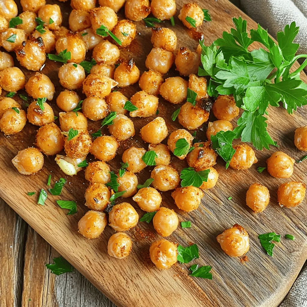 - Chickpeas and other essentials You will need 1 can (15 oz) of chickpeas. Make sure to drain and rinse them well. This step removes excess sodium and makes them crispy. - Spices and seasonings Gather the following: - 2 tablespoons olive oil - 1 teaspoon smoked paprika - 1 teaspoon garlic powder - 1 teaspoon ground cumin - ½ teaspoon cayenne pepper (you can add more for spice) - Salt to taste These spices give the chickpeas a great flavor. They transform a simple snack into a tasty treat. - Optional garnishes For a fresh touch, you can use fresh parsley, chopped. It adds color and brightness to your roasted chickpeas. This recipe is simple but packed with flavor. For the full recipe, check out the Crunchy Spiced Roasted Chickpea Snack. To make roasted chickpeas, start by preparing the chickpeas. Open a can of chickpeas and drain them well. Rinse the chickpeas under cold water. This helps remove extra salt and keeps them clean. Next, spread the rinsed chickpeas on a clean kitchen towel. Pat them dry gently. This step is very important for getting that crispy texture. You want to remove as much moisture as possible. Now it’s time to combine your ingredients. In a mixing bowl, add the dried chickpeas. Pour in two tablespoons of olive oil. This oil helps the spices stick and adds flavor. Then, add one teaspoon of smoked paprika, garlic powder, and ground cumin. For a kick, include half a teaspoon of cayenne pepper. Adjust the amount to your taste. Finish with a pinch of salt. Toss everything together until the chickpeas are well coated. For roasting, set your oven to 400°F (200°C). This temperature works best for crispy chickpeas. Spread the seasoned chickpeas on a baking sheet in a single layer. Make sure they aren’t crowded. Crowding can lead to steaming instead of roasting. Roast the chickpeas for about 25 to 30 minutes. Stir them halfway through to ensure even cooking. Keep an eye on them. You want them golden brown and crispy, but not burnt. Once the chickpeas are roasted, take them out of the oven. Let them cool for a few minutes. They will get even crispier as they cool down. For a pop of color and extra flavor, sprinkle some chopped parsley on top. You can serve them as a snack on their own or with your favorite dips. Enjoy the crunchy goodness of your roasted chickpea snack! For the full recipe, check the details above. To get crispy roasted chickpeas, start with a good drying method. After rinsing, spread the chickpeas on a clean towel. Pat them dry gently but thoroughly. This step is key to a crunchy snack. Avoid common mistakes like overcrowding the baking sheet. If chickpeas are too close, they will steam instead of roast. Also, don’t skip the oil. It helps the spices stick and aids in crisping. You can try many spice blends to make your chickpeas exciting. A mix of garlic powder and smoked paprika adds warmth. Or, go for a zesty blend of lemon zest and dill. For sweet roasted chickpeas, toss them with cinnamon and a bit of honey. The mix creates a tasty snack that satisfies your sweet tooth. Roasted chickpeas offer many health benefits. They are high in protein and fiber, making them filling. This helps keep you satisfied between meals. Include them in a balanced diet. They are a great snack option for people looking to eat healthier. Whether you enjoy them on their own or as part of a meal, they are a smart choice. {{image_2}} You can make roasted chickpeas in different ways. Air frying is fast and fun. It makes them crunchy without using much oil. Just set your air fryer to 400°F (200°C) and cook for about 15 minutes. Shake the basket halfway through for even cooking. Oven roasting takes a bit longer but gives great flavor. With the oven, you can roast them at 400°F (200°C) for 25-30 minutes. Both methods create a crispy snack, but your choice depends on your time and tool. You can also change the flavors. Instead of smoked paprika, try curry powder for a warm spice. Or use lemon zest for a fresh twist. You can even add a sprinkle of cinnamon and sugar for a sweet treat. The options are endless! Roasted chickpeas are tasty on their own. But they pair well with dips and sauces. Try hummus for a creamy, rich taste. You can also enjoy them with tzatziki for a cool flavor. These dips add extra fun to your snack time. If you want more healthy snacks, think about veggie sticks! Carrots, cucumbers, or bell peppers add crunch and freshness. You could also serve them with whole-grain crackers for a satisfying bite. Both options work great with roasted chickpeas as a side. For the full recipe, check out the Crunchy Spiced Roasted Chickpea Snack 🥙. It's easy to make and delicious to eat! Store your roasted chickpeas in an airtight container. Glass or plastic containers work well. Make sure they are cool before sealing. This helps keep them crunchy. Homemade roasted chickpeas last about 4 to 5 days at room temperature. If you want them to last longer, you can refrigerate them. In the fridge, they should last about a week. However, they may lose some crunchiness in the fridge. To reheat your chickpeas, use an oven or an air fryer. Preheat the oven to 350°F (175°C). Spread the chickpeas on a baking sheet. Heat them for about 10 minutes. This helps them regain their crispiness. The best time to eat roasted chickpeas is right after cooking. They taste best fresh out of the oven. If you have leftovers, try to eat them within a few days for the best flavor. Enjoy your crunchy snack! How long should I roast chickpeas? I recommend roasting chickpeas for about 25 to 30 minutes. This time helps them get golden brown and crispy. Check them halfway through. Stir them to ensure even cooking. Can I freeze roasted chickpeas? Yes, you can freeze roasted chickpeas. Make sure they cool completely first. Place them in an airtight container or a freezer bag. They will keep well for up to three months. When you're ready to eat them, just reheat in the oven. Are roasted chickpeas healthy snacks? Absolutely! Roasted chickpeas are a great source of protein and fiber. They are low in calories and can help you feel full. Plus, they contain vitamins and minerals that support your health. How many calories are in roasted chickpeas? A serving of roasted chickpeas, about 1 ounce or 28 grams, has around 120 calories. The calorie count can change based on the oil and spices you use. For a healthier snack, use less oil. Popular brands for pre-made options You can find many brands that sell roasted chickpeas. Some popular ones include Biena and Hippeas. They offer various flavors for your taste. Local or online stores for purchasing You can buy roasted chickpeas at your local grocery store. Many health food stores carry them too. Online, you can check Amazon or specialty food websites for more options. Roasted chickpeas are tasty, healthy snacks. We covered required ingredients and preparation steps. You learned roasting tips for crispiness and garnishing ideas. I shared texture tricks and flavor variations, plus health benefits. You also discovered free storage methods and reheating tips. Now, you can make your crispy chickpeas at home. Enjoy them alone or with your favorite dips. This simple snack can fit perfectly into your diet. Plus, it’s a fun way to explore new flavors. Happy roasting!
