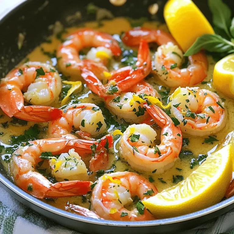- 1 lb (450g) large shrimp, peeled and deveined - 4 tablespoons unsalted butter - 5 cloves garlic, minced - 1 teaspoon paprika - 1 tablespoon fresh parsley, finely chopped - 1 tablespoon fresh basil, finely chopped - 1 tablespoon fresh thyme leaves - Zest of 1 lemon - Juice of 1/2 lemon - Salt and freshly ground black pepper to taste - Optional: Lemon wedges and additional herbs for garnish Let’s dive into the ingredients that make Garlic Butter Herb Shrimp a quick and tasty meal. First, we need shrimp. I love using large shrimp because they cook quickly and stay juicy. Look for shrimp that are fresh or frozen but peeled and deveined. This saves time and effort. Next, butter is key. Unsalted butter gives a rich base. It melts down and makes everything taste great. Garlic adds a punch. Fresh garlic brings out the best flavor. I use five cloves, but you can adjust to your taste. Paprika adds a warm color and mild spice. Just a teaspoon is enough to give it a nice kick without overpowering the dish. Fresh herbs are a must! I use parsley, basil, and thyme. They add bright flavors. Each herb brings its own unique taste, making the dish lively and fresh. You can’t forget the lemon! The zest adds a fragrant note while the juice brightens the dish. Finally, season with salt and pepper to taste. This will help bring all the flavors together. For the full recipe, check out the complete instructions provided. Enjoy the cooking! Peeling and Deveining Shrimp Start with the shrimp. You want to peel off the shell and remove the dark vein. This keeps the shrimp clean and tasty. Use a sharp knife to cut along the back. It’s quick and easy! Mincing Garlic Next, grab your garlic cloves. Use a knife to chop them into tiny bits. The smaller, the better! This step adds great flavor to your dish. Fresh garlic makes a big difference. Chopping Herbs Now, take your fresh herbs. You will need parsley, basil, and thyme. Use scissors or a knife to chop them finely. This helps release their wonderful aroma. Fresh herbs add a burst of color and flavor. Melting Butter and Sautéing Garlic Heat a large skillet over medium heat. Add the butter and let it melt until bubbly. Once melted, toss in the minced garlic. Sauté it for 1-2 minutes. You want it fragrant but not brown. Adding Shrimp and Seasoning Now, it’s time for the shrimp. Place the peeled shrimp in the skillet. Season them with salt and pepper. Cook for 2-3 minutes on one side. You’ll see them start to turn pink. Incorporating Lemon and Herbs Flip the shrimp over. Add lemon zest, lemon juice, and your chopped herbs. Mix everything well. Cook for another 2-3 minutes. The shrimp should be fully cooked and opaque. Adjusting Seasonings Take a moment to taste your dish. Adjust the salt and pepper to your liking. This step is important for great flavor. Presentation Suggestions For a lovely presentation, serve your shrimp on a nice plate. You can add lemon wedges and extra herbs on top. This makes your dish look as good as it tastes. For the complete recipe, check the [Full Recipe]. Avoiding Overcooking Overcooked shrimp can be tough and rubbery. To avoid this, cook shrimp until they turn pink and opaque. This usually takes about 2-3 minutes on each side. Keep a close eye on them. If they start curling tightly, it’s time to take them off the heat. Ensuring Even Cooking To ensure even cooking, spread the shrimp in a single layer in the skillet. Avoid crowding them. If your skillet is small, cook in batches. This allows the shrimp to sear well and develop a nice flavor. Recommended Storage Containers For storing leftovers, use airtight containers. Glass or BPA-free plastic works best. Let the shrimp cool completely before sealing. This prevents moisture buildup, keeping them fresh longer. Reheating Methods for Best Flavor When reheating, do it gently. Use a skillet over low heat. Add a splash of water or broth to keep them moist. Avoid the microwave, as it can make shrimp tough. Additional Seasonings to Consider You can add more depth to your garlic butter herb shrimp. Try a pinch of red pepper flakes for heat. Alternatively, a splash of white wine can boost flavor. Experiment with herbs like dill or cilantro for a twist. Experimenting with Condiments Don't be afraid to play with condiments. A drizzle of sriracha or a dollop of aioli can elevate your dish. You can also serve shrimp with a side of tartar sauce or mango salsa for added flavor. For the complete recipe, check out the [Full Recipe]. {{image_2}} You can swap shrimp for other proteins. Scallops make a great choice. They cook fast and soak up all the flavors. Chicken is another option. Use bite-sized pieces for even cooking. Just adjust the cooking time. Chicken may take a bit longer to cook. Always check for doneness before serving. You can easily adapt this recipe for different diets. This recipe is already gluten-free. Just ensure your butter and seasoning are free from gluten. Fresh herbs and lemon add flavor without any gluten. For a dairy-free version, use olive oil instead of butter. This keeps the dish light and healthy. The garlic and herbs will still shine through. Pair your garlic butter herb shrimp with tasty sides. Rice or quinoa makes a great base. They soak up the garlic butter well. Steamed veggies like asparagus or broccoli add color and nutrients. A fresh salad with greens and lemon dressing complements the dish nicely. A light sauce, like a lemon vinaigrette, brightens the meal. You can also serve the shrimp over a bed of greens. This adds freshness and crunch, making each bite delightful. For the full recipe, check it out here. To keep your garlic butter herb shrimp fresh, follow these steps: - Refrigeration: Store leftovers in an airtight container. Place them in the fridge. They will stay good for up to three days. - Freezing: You can freeze the shrimp too. Use a freezer-safe bag or container. They can last for up to three months in the freezer. Knowing how long your shrimp lasts helps save food. Here’s what to keep in mind: - Recommended Timeframe for Storage: In the fridge, enjoy your leftovers within three days. In the freezer, use them within three months for the best taste. - Signs of Spoilage: If the shrimp smells off or looks slimy, toss it out. Fresh shrimp should smell like the sea and be firm to the touch. How long does it take to cook shrimp? Shrimp cooks very fast. It takes about 4-6 minutes total. You want them pink and firm. Can I use frozen shrimp for this recipe? Yes, frozen shrimp work well! Just thaw them first. You can run them under cold water. What can I substitute for fresh herbs? If you don’t have fresh herbs, use dried ones. Use one-third of the amount. What other ingredients can I add to enhance the dish? You can add veggies like bell peppers or snap peas. For heat, try red pepper flakes. How do I know when shrimp is fully cooked? Cooked shrimp turns pink and curls up. It should also look opaque. Caloric Content Per Serving Each serving has about 300 calories. This depends on how much butter you use. Key Nutritional Benefits of Ingredients Shrimp is high in protein and low in fat. Garlic boosts your immune system. Fresh herbs add vitamins and flavor. For the full recipe, check out the detailed steps! In this post, we explored how to make Garlic Butter Herb Shrimp. I shared the key ingredients like shrimp, garlic, and spices. You learned how to prepare and cook shrimp to perfection. We also covered tips for storage and reheating. Remember, you can tweak this dish for different diets and preferences. Try different proteins or fresh herbs to suit your taste. With these steps, you can enjoy a delicious meal any time. Happy cooking!