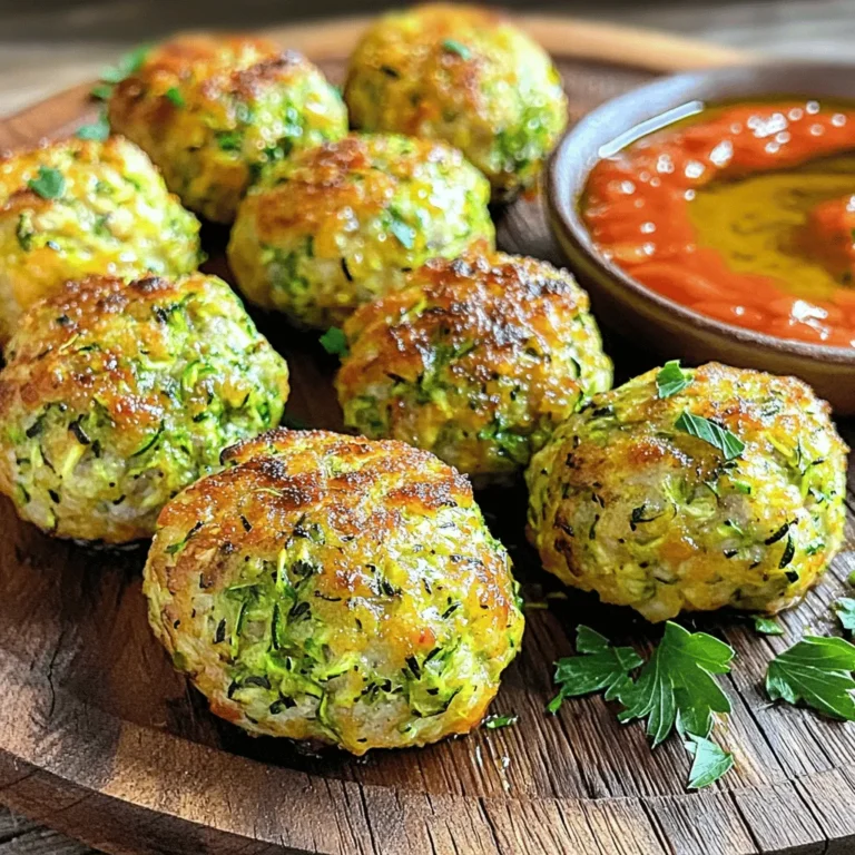 - 2 medium zucchinis, grated and water squeezed out - 1 cup ground turkey or chicken - 1/2 cup breadcrumbs (or gluten-free breadcrumbs) - 1/4 cup grated Parmesan cheese - 1 large egg - Salt and pepper to taste - Fresh herbs for extra flavor - Additional seasonings - Each serving has about 200 calories. - The meatballs contain 20g protein, 10g fat, and 15g carbs. In this dish, zucchini adds moisture and nutrients. Ground turkey or chicken gives protein. The breadcrumbs bind the mix and help shape the meatballs. Parmesan cheese adds a nice, salty flavor. You can change things up with fresh herbs or spices. I like to use parsley, garlic powder, or Italian seasoning. These add a burst of flavor and freshness. This recipe is great for anyone wanting a tasty and healthy meal. It's low in carbs and high in protein. You can easily make this dish gluten-free by using gluten-free breadcrumbs. For more details on the full recipe, check out [Full Recipe]. 1. Preheat your oven to 400°F (200°C). Line a baking sheet with parchment paper to make cleanup easy. 2. Grate the zucchinis using a box grater. Place them in a clean kitchen towel. Squeeze out as much water as you can. This step is key. Too much moisture will make the meatballs soggy. 1. In a large mixing bowl, add the drained zucchini. 2. Add the ground turkey or chicken. 3. Then, mix in the breadcrumbs, Parmesan cheese, parsley, garlic powder, onion powder, Italian seasoning, egg, salt, and pepper. 4. Use your hands to mix everything well until combined. 5. To form meatballs, grab a handful of the mixture and roll it into a ball about 1.5 inches wide. Place them on the baking sheet, spaced about 2 inches apart. 1. Drizzle the olive oil over the meatballs. This helps them brown nicely in the oven. 2. Bake the meatballs for 20-25 minutes. They should turn golden brown and reach an internal temperature of 165°F. 3. To check for doneness, use a meat thermometer. Insert it into the center of a meatball. If it reads 165°F, they are ready. 4. While they bake, you can warm marinara sauce in a small pot over low heat for serving. To avoid soggy meatballs, squeeze out water from the zucchini well. You want to get rid of as much moisture as possible. Use a clean kitchen towel for this. After grating the zucchini, place it in the towel, twist, and squeeze until dry. This simple step makes a big difference in texture. For even cooking, shape meatballs the same size. Aim for about 1.5 inches in diameter. This helps them cook through at the same rate. Also, space them about 2 inches apart on the baking sheet. This ensures hot air circulates, letting them brown nicely. Marinara sauce pairs perfectly with these meatballs. The rich sauce adds great flavor. You can also try pesto or a yogurt dip for a twist. For sides, consider serving them with whole-grain pasta or a fresh salad. Quinoa or brown rice also complements the meal well. Adding roasted veggies makes it even better. You need a few essential tools to make this recipe easy. A box grater is must-have for the zucchini. You’ll also want a large mixing bowl for combining ingredients. For baking, use a baking sheet lined with parchment paper. This helps prevent sticking and makes cleanup easy. An instant-read thermometer is great for checking if your meatballs are done. Aim for 165°F for safe eating. {{image_2}} You can easily swap ground turkey or chicken with other meats. Ground beef works well if you want a richer flavor. For a leaner option, try ground bison. If you prefer plant-based choices, consider using lentils or chickpeas. These options keep the dish healthy while adding unique tastes. To amp up the flavor, add spices like smoked paprika or chili flakes. A dash of soy sauce lends a savory kick. You can mix in chopped bell peppers, carrots, or spinach for added nutrition. These vegetables not only boost the flavor but also add color. If you want a crispy texture, try air frying the meatballs. Set your air fryer to 375°F and cook for about 12-15 minutes. For a quick option, pan-frying in a skillet gives a nice crust. You can even grill them for a smoky flavor. Just preheat your grill to medium heat and cook them for about 10 minutes. Each method adds its own twist to the dish, making it fun to try different styles. Check the Full Recipe for more details. To keep your baked zucchini meatballs fresh, store them in an airtight container. Place a layer of parchment paper between layers to prevent sticking. Refrigerate them right after they cool down. For freezing, place the meatballs on a baking sheet first. Freeze until firm, then transfer to a freezer-safe bag. This way, they won’t stick together. When it’s time to enjoy your leftovers, reheat them in the oven. Preheat your oven to 350°F (175°C). Place the meatballs on a baking sheet and cover them with foil. This helps keep them moist. Heat for about 10 to 15 minutes. You can also microwave them, but add a splash of marinara sauce to keep them juicy. In the fridge, your meatballs will last about three to four days. If you freeze them, they can stay good for up to three months. Always check for signs of spoilage before eating. If they smell off or look discolored, it’s best to toss them. Enjoy your baked zucchini meatballs fresh for the best taste! For the full recipe, check out the details above. Yes, you can use other meats. Ground beef, pork, or lamb work well. For a lighter option, ground turkey or chicken is great. If you prefer a plant-based choice, try lentils or black beans. Just make sure to adjust the seasonings to match your meat choice. Yes, you can easily make these meatballs gluten-free. Use gluten-free breadcrumbs instead of regular ones. Many stores sell these, or you can crush gluten-free crackers. Always check labels to avoid cross-contamination if you have severe allergies. Check the internal temperature with a meat thermometer. They should reach 165°F (74°C) for safety. Look for a golden brown color on the outside. If they are firm to the touch, they are likely done. These meatballs pair well with many sides. Serve them with marinara sauce over pasta or zucchini noodles. A fresh salad or roasted veggies make great sides too. You can also try them on a sub roll for a tasty meatball sandwich. For more ideas, check the Full Recipe. In this article, we explored how to make delicious baked zucchini meatballs. We listed essential ingredients, shared helpful preparation steps, and provided baking tips. I offered variations, storage advice, and answered common questions. Remember, these meatballs are nutritious and can fit any diet. Whether you choose turkey, chicken, or a veggie option, you can enjoy a tasty meal. Try different flavors and enjoy cooking! It's an easy and fun dish for everyone.