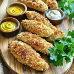 To make oven baked chicken tenders, you need a few key ingredients. Here’s what you will need: - 1 pound chicken breast, sliced into strips - 1 cup buttermilk (or plain yogurt) - 1 cup breadcrumbs (panko for extra crunch) - 1/2 cup grated Parmesan cheese - 1 teaspoon garlic powder - 1 teaspoon onion powder - 1 teaspoon paprika - 1/2 teaspoon cayenne pepper (optional for heat) - Salt and pepper to taste - 1/4 cup all-purpose flour - Cooking spray or olive oil for drizzling These ingredients create a tasty and crispy coating that makes the tenders shine. If you want to take your chicken tenders up a notch, consider adding some optional ingredients. Here are a few ideas: - Fresh herbs like parsley or thyme for a burst of flavor - Lemon zest for a bright, fresh taste - Different spices like cumin or chili powder for a unique kick These extras can make your tenders even more fun and exciting to eat. You can easily adjust this recipe to fit different diets. Here are some substitutions you might consider: - Use gluten-free breadcrumbs for a gluten-free option. - Swap chicken for tofu or eggplant for a plant-based dish. - Use almond milk or oat milk instead of buttermilk for dairy-free needs. These changes help everyone enjoy this delicious meal without worry. For the complete recipe, check out the Full Recipe. Start by preheating your oven to 400°F (200°C). Line a baking sheet with parchment paper. This keeps the chicken from sticking and makes clean-up easy. Next, soak your chicken strips in buttermilk for at least 30 minutes. This step adds flavor and keeps the chicken juicy. If you have time, soak them for up to 2 hours in the fridge for even better results. Now, it’s time to set up your dredging station. You will need three shallow dishes. First, pour the flour into one dish. In the second dish, place the buttermilk-soaked chicken strips. Finally, mix breadcrumbs, Parmesan cheese, garlic powder, onion powder, paprika, cayenne pepper, salt, and pepper in the last dish. This mix gives the chicken a crunchy and tasty coating. To coat the chicken, follow these easy steps: 1. Lift a chicken strip from the buttermilk, letting the extra liquid drip off. 2. Dip it into the flour, coating it lightly. 3. Return it to the buttermilk, then coat it well in the breadcrumb mixture. Make sure each piece is fully covered for that perfect crunch. Place the coated chicken tenders on your lined baking sheet. Lightly spray them with cooking spray or drizzle olive oil on top. This helps them get even crispier while baking. Bake in the preheated oven for 20-25 minutes. Flip the chicken tenders halfway through to cook them evenly. You want them golden brown and cooked through, reaching an internal temperature of 165°F (75°C). Remember, the key to great oven-baked chicken tenders is the coating and the baking time. Follow these steps for a crispy and flavorful delight! For a detailed recipe, check the Full Recipe section. To get that crunchy outer layer, follow these simple steps. First, use panko breadcrumbs. They create a better texture than regular ones. Second, ensure each chicken strip is coated evenly. This helps them crisp up. Lastly, spray or drizzle the chicken with oil before baking. This adds extra crunch. Bake them until golden brown and watch them shine! Flavor is key to great chicken tenders. Start by soaking the strips in buttermilk. This adds moisture and taste. Use a mix of spices to elevate flavor. Garlic powder and onion powder are musts. Paprika brings a nice color and warmth. If you want heat, cayenne pepper is great. Don't forget to season with salt and pepper! Both cooking spray and olive oil work well. Cooking spray is easy to use and helps with even coverage. It adds no extra flavor, which keeps the chicken's taste front and center. Olive oil, on the other hand, adds a rich flavor. It also helps with browning. Choose what fits your taste and enjoy those crispy oven-baked chicken tenders! For the full recipe, check it out above! {{image_2}} To give your chicken tenders a spicy kick, add cayenne pepper. You can use one teaspoon for mild heat. If you want more spice, try two teaspoons. You can also mix in hot sauce into the buttermilk. This adds flavor and heat. Serve with ranch or blue cheese dip to cool down the spice. For a gluten-free version, swap the breadcrumbs with gluten-free panko. You can use almond flour or crushed gluten-free crackers instead. Both options give a nice crunch. Make sure to check labels on all ingredients to avoid gluten. This way, everyone can enjoy these tasty tenders! Get creative with your coatings! Try using crushed nuts like almonds or pecans for a nutty flavor. Seeds like sesame or sunflower seeds are great, too. They will add extra crunch and flavor. You can even mix different coatings for fun taste combos. This makes each bite unique and delicious. For the full recipe, check the details above! To keep your chicken tenders fresh, let them cool first. Place them in an airtight container. You can store them in the fridge for up to three days. If you want them to last longer, freezing is a great option. When ready to eat your chicken tenders, preheat your oven to 375°F (190°C). Place the tenders on a baking sheet. Heat them for about 10 to 15 minutes. This helps them regain their crispiness. You can also reheat them in an air fryer for about 5-7 minutes for extra crunch. To freeze chicken tenders, wrap each one in plastic wrap. Place them in a freezer-safe bag or container. You can freeze them for up to three months. When you want to use them, thaw in the fridge overnight before reheating. This way, you enjoy a crispy treat anytime! For the full recipe, check out the entire guide. To bake chicken tenders, set your oven to 400°F (200°C). Bake them for 20 to 25 minutes. Check the chicken's inside temperature; it should reach 165°F (75°C). This gives you juicy, safe chicken. Yes, you can make them ahead. Prepare the chicken tenders and coat them as directed. Place them on a baking sheet. Cover with plastic wrap and keep in the fridge for up to 24 hours. When ready to bake, just pop them in the oven. The best dipping sauce depends on your taste. Some popular choices include: - Honey mustard - BBQ sauce - Garlic aioli - Ranch dressing These sauces add flavor and fun to your meal. For the full recipe and detailed instructions, check out the Crispy Oven-Baked Chicken Tenders recipe. This includes all the tips to make them perfect every time. Enjoy cooking and exploring new flavors! You learned how to make oven baked chicken tenders. We discussed ingredients, preparation, and baking steps. I shared tips for crispiness and flavor. You also saw cool variations and how to store leftovers properly. Now, you can enjoy tasty chicken tenders that fit your taste. Whether you prefer spicy or gluten-free, there's a choice for everyone. Cooking at home can be fun and simple. Dive into this recipe and make it your own!
