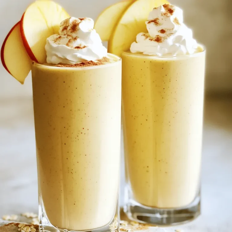 To create a delicious Apple Pie Smoothie, you need these key ingredients: - 1 large apple (Fuji or Honeycrisp recommended) - 1/2 cup rolled oats - 1/2 cup Greek yogurt (or dairy-free alternative) - 1 cup unsweetened almond milk (or milk of choice) These ingredients give your smoothie a rich, creamy base. The apple adds a sweet, fruity taste. The rolled oats provide fiber and texture, while Greek yogurt adds creaminess and protein. Almond milk makes it smooth and easy to blend. For that classic apple pie flavor, you will want to add: - 1 teaspoon cinnamon - 1/2 teaspoon nutmeg - 1 tablespoon maple syrup (optional, for extra sweetness) - A pinch of salt Cinnamon and nutmeg create warmth and depth in your smoothie. Maple syrup adds sweetness, but you can skip it if you want to keep it lighter. A pinch of salt brings out all the flavors nicely. Want to make your smoothie even better? Here are some optional add-ins: - Ice cubes for a chilled smoothie - Additional toppings (e.g., cinnamon sprinkle, apple slices) Adding ice cubes gives your smoothie a refreshing chill. Toppings like a sprinkle of cinnamon or apple slices make it look great and taste even better. These simple touches can elevate your smoothie from good to amazing. For the full recipe, check out the detailed instructions. Enjoy blending! To start, you need to prep the apple. First, wash it thoroughly. This step ensures that your smoothie is clean and safe to drink. Next, core the apple to remove the seeds and the tough center. Finally, dice the apple into small pieces. This makes it easier for the blender to mix everything smoothly. You also need to measure out the oats, Greek yogurt, and almond milk. These ingredients are key to giving your smoothie the right texture and flavor. Now, it’s time to blend. Combine all your prepared ingredients in a blender. This includes the diced apple, rolled oats, Greek yogurt, and almond milk. Next, add in the spices. Sprinkle in the cinnamon and nutmeg for that classic apple pie flavor. If you like your smoothie a bit sweeter, you can add maple syrup too. Don’t forget a pinch of salt! This small touch enhances all the flavors. If you want a colder drink, toss in a few ice cubes before blending. Blend everything until it’s smooth and creamy. Stop the blender a few times to scrape down the sides. This helps mix all the ingredients well. After blending, taste the smoothie. If it needs more sweetness, add a bit more maple syrup. Just blend again briefly to mix it in. Once you’re happy with the taste, pour the smoothie into glasses. Enjoy this healthy treat that captures the warm flavors of apple pie! For the full recipe, check out the details above. To make your Apple Pie Smoothie just right, start with the right balance of ingredients. If you want a thicker smoothie, add more rolled oats or Greek yogurt. For a thinner mix, pour in a little more almond milk. Using frozen fruit can also give your drink a cool texture. Frozen apples work well and make your smoothie extra cold! Feel free to get creative with spices. You can try adding ginger or cardamom for a new twist. If you want to boost nutrition, mix in protein powder. This addition makes your smoothie filling and perfect for breakfast or a post-workout snack. When serving, choose tall glasses to show off your smoothie. A clear glass highlights the beautiful color. For garnishing, sprinkle a little cinnamon on top. You can also add thin apple slices or a dollop of whipped cream for an eye-catching finish. These small touches make your smoothie feel like a special treat! {{image_2}} You can make this smoothie nut-free. Simply swap Greek yogurt for coconut yogurt. This change gives your smoothie a creamy texture without nuts. For the milk, try oat milk or rice milk. Both are great choices for those with nut allergies. If you want a dairy-free version, use plant-based yogurt and milk. Almond milk works well, but you can also use soy or coconut milk. This way, you keep the same delicious apple pie flavor. The texture remains rich and smooth, just like the classic recipe. Want to mix things up? Add pumpkin puree for a fall twist. It pairs nicely with the spices in the smoothie. You can also try different seasonal fruits. Berries or peaches can add a fresh taste while keeping the smoothie healthy. Experiment with what’s in season to find your favorite combination. To keep your Apple Pie Smoothie fresh, use an airtight container. Glass jars work well and prevent leaks. You can also use BPA-free plastic containers. Store it in the fridge for up to two days. After this time, the smoothie may lose flavor and texture. You can make smoothies ahead of time. Blend your Apple Pie Smoothie and store it in the fridge. If you want to save it for later, freeze the leftover portions. Pour the smoothie into ice cube trays or freezer bags for easy storage. This way, you can enjoy it anytime. When you're ready to drink your frozen smoothie, thaw it properly. Place it in the fridge overnight for a slow thaw. If you're in a hurry, leave it at room temperature for about 30 minutes. For the best texture, re-blend it after thawing. This helps mix everything evenly and brings back its creamy goodness. To make your Apple Pie Smoothie vegan, you simply need to swap out a few ingredients. For yogurt, use a dairy-free option like coconut yogurt or almond yogurt. Replace regular milk with any plant-based milk you like, such as oat milk or soy milk. These changes keep the smoothie creamy and tasty without dairy. Yes, you can easily add protein to your smoothie! Consider using protein powder. Pea protein, hemp protein, or a plant-based blend works well. You can also add nut butters like almond or peanut butter for extra protein. Both options will give your smoothie a nice boost in nutrition without changing the flavor too much. Making an Apple Pie Smoothie is quick and easy. You only need about 10 minutes total. This includes prep time for cutting the apple and blending all the ingredients. It’s perfect for a busy morning or a quick snack! If you want to skip oats, there are good alternatives. You can try using quinoa flakes or ground flaxseed. Both options give your smoothie a nice texture. If you need a gluten-free option, make sure to choose certified gluten-free grains. They work great and are still healthy! In this post, we explored the delicious world of the Apple Pie Smoothie. We covered essential ingredients like apples, oats, and yogurt. We discussed spices and optional add-ins that enhance flavor. You learned how to prepare, blend, and store this smoothie. Plus, we looked at fun variations to keep things fresh. Try different ingredients to find your favorite mix. This smoothie is easy, tasty, and a healthy choice for any time. Enjoy your smoothie adventure!