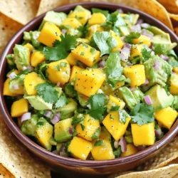 To make a great avocado mango salsa, you need: - 2 ripe avocados, diced - 1 ripe mango, diced - 1 small red onion, finely chopped - 1 jalapeño, deseeded and minced - 1/4 cup fresh cilantro, chopped - Juice of 2 limes - Salt and pepper to taste - 1 teaspoon cumin (optional for extra warmth) These ingredients create a fresh, vibrant flavor. Each one adds something special. You can change the recipe to fit your taste. Here are some ideas: - Add diced bell peppers for crunch. - Swap lime juice with lemon juice for a new twist. - Mix in diced tomatoes for extra color. - Use garlic for a bold flavor. - Try different herbs like mint or parsley. These options let you explore and make it your own. Each serving of avocado mango salsa is not only tasty but healthy too. Here’s what you get per serving: - Calories: 150 - Total fat: 10g - Saturated fat: 1.5g - Carbohydrates: 15g - Fiber: 6g - Protein: 2g This salsa is full of nutrients, and it’s a great snack or side dish. Check out the Full Recipe for more details! To make this salsa, start by gathering your ingredients. You need ripe avocados, a ripe mango, red onion, jalapeño, cilantro, lime juice, salt, and pepper. Here’s how to prepare it: 1. Dice the ripe avocados and mango. 2. Finely chop the red onion. 3. Deseed and mince the jalapeño. 4. In a medium mixing bowl, combine the diced avocados and mango. 5. Add the chopped red onion and minced jalapeño. 6. Gently mix in the chopped cilantro and lime juice. 7. Season with salt, pepper, and cumin if you like. 8. Stir gently until everything is well combined. 9. Taste and adjust the seasoning as needed. This entire process takes just ten minutes. You can find the full recipe for more details. When you mix your salsa, do it gently. You want to keep the avocado chunks intact. This way, each bite has a nice texture. If you mix too hard, you might end up with guacamole instead. Also, taste your salsa as you go. Adjust the lime juice, salt, or pepper to fit your taste. Everyone likes it a bit different! Serve this salsa in a bright bowl for a pop of color. You can top it with extra cilantro for a beautiful finish. It pairs well with tortilla chips for a snack or appetizer. You can also use it as a topping for grilled fish or chicken. The fresh flavors brighten up any meal. Enjoy this fresh salsa at your next gathering! To make great avocado mango salsa, you need ripe fruits. Look for avocados that feel slightly soft when you press them. They should not feel mushy. For mangos, choose ones with a slight give when you squeeze. Their color may vary, but a sweet smell is a good sign. If you have extra salsa, store it in an airtight container. This keeps it fresh. Place a piece of plastic wrap directly on the surface of the salsa. This helps prevent browning. Use the salsa within two days for the best taste. You can boost the flavor of your salsa easily. Try adding chopped garlic for a punch. A dash of chili powder adds warmth without heat. Fresh herbs like mint or basil give a unique twist. Experiment with these ideas to find your favorite mix. For the full recipe, check out the Tropical Avocado Mango Salsa. {{image_2}} You can change the taste of avocado mango salsa easily. Try adding diced pineapple for extra sweetness. If you like heat, toss in more jalapeño or a dash of hot sauce. For a twist, mix in black beans or corn. These add-ins give your salsa a fresh flavor. This salsa is super versatile. You can enjoy it with tortilla chips for a snack. It also pairs great with grilled chicken or fish. Use it as a topping for tacos or quesadillas. For a light meal, serve it over a bed of greens. Avocado mango salsa is already vegan and gluten-free. It works for many diets. If you want to add protein, consider mixing in chickpeas. Always check labels when using packaged ingredients. This way, you ensure everything stays true to your dietary needs. For the full recipe, check out the Tropical Avocado Mango Salsa section. To keep your avocado mango salsa fresh, store it in an airtight container. Make sure the lid seals tightly. If you're worried about browning, press plastic wrap directly onto the salsa before sealing. This reduces air exposure and keeps it vibrant. When stored correctly, avocado mango salsa lasts about 1 to 2 days in the fridge. After that, the avocados may turn brown, and the flavors can fade. Always check for signs of spoilage before using. If it looks or smells off, it’s best to discard it. Freezing salsa can change the texture. However, if you want to save it longer, it can last up to 3 months in the freezer. Use freezer-safe bags or containers. Leave some space for expansion as it freezes. Thaw it in the fridge overnight before using. Enjoy your tropical avocado mango salsa whenever you like with these storage tips! You can find the full recipe for making this delightful dish above. You can serve Avocado Mango Salsa with many tasty options. It pairs well with tortilla chips. You can also use it as a topping on grilled fish or chicken. This salsa adds a fresh taste to tacos and burritos. For a light meal, try it on a salad. The mix of avocado and mango adds a sweet touch. Yes, you can make this salsa ahead of time. I recommend preparing it a few hours before serving. This allows the flavors to blend well. However, avoid making it too far in advance. Freshness is key to keeping the taste bright and vibrant. To keep avocados from browning, use lime juice. The acid in lime juice slows down the browning process. You can also store the salsa in an airtight container. Press plastic wrap directly onto the surface of the salsa. This helps limit air exposure. If you have leftovers, enjoy them within a day for the best taste. Avocado mango salsa combines fresh ingredients for a tasty twist. We've covered how to choose ripe fruits, tips for preparing your salsa, and creative variations. Proper storage keeps the salsa fresh for longer, and I've shared answers to common questions. Think about how you can make this dish your own with added flavors. Enjoy experimenting and delighting your taste buds with this refreshing salsa!