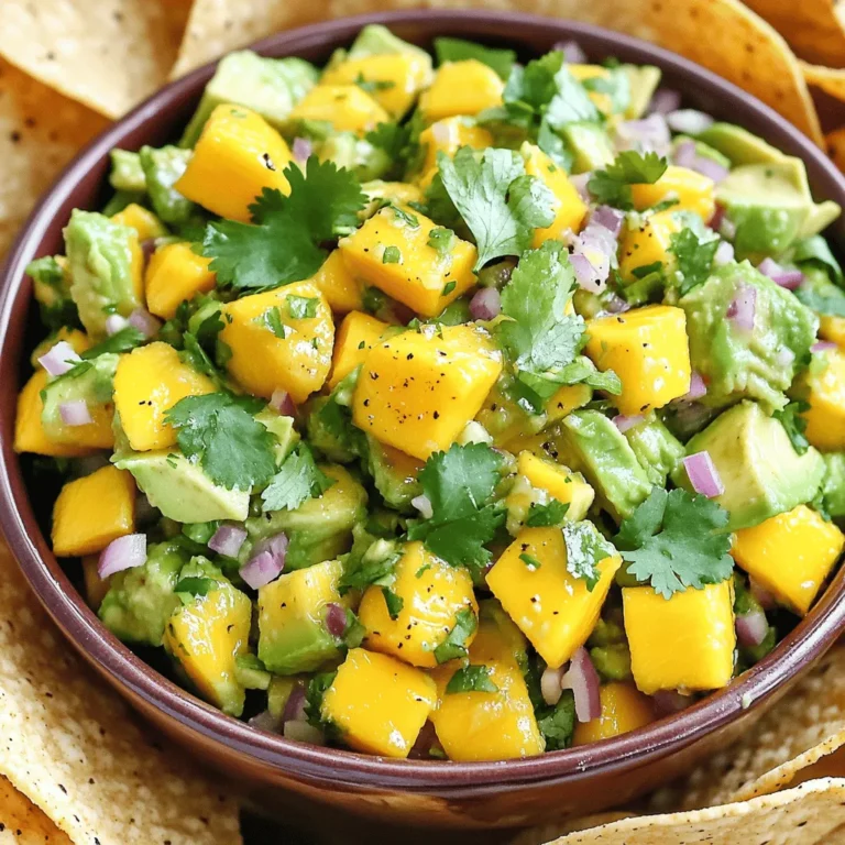 To make a great avocado mango salsa, you need: - 2 ripe avocados, diced - 1 ripe mango, diced - 1 small red onion, finely chopped - 1 jalapeño, deseeded and minced - 1/4 cup fresh cilantro, chopped - Juice of 2 limes - Salt and pepper to taste - 1 teaspoon cumin (optional for extra warmth) These ingredients create a fresh, vibrant flavor. Each one adds something special. You can change the recipe to fit your taste. Here are some ideas: - Add diced bell peppers for crunch. - Swap lime juice with lemon juice for a new twist. - Mix in diced tomatoes for extra color. - Use garlic for a bold flavor. - Try different herbs like mint or parsley. These options let you explore and make it your own. Each serving of avocado mango salsa is not only tasty but healthy too. Here’s what you get per serving: - Calories: 150 - Total fat: 10g - Saturated fat: 1.5g - Carbohydrates: 15g - Fiber: 6g - Protein: 2g This salsa is full of nutrients, and it’s a great snack or side dish. Check out the Full Recipe for more details! To make this salsa, start by gathering your ingredients. You need ripe avocados, a ripe mango, red onion, jalapeño, cilantro, lime juice, salt, and pepper. Here’s how to prepare it: 1. Dice the ripe avocados and mango. 2. Finely chop the red onion. 3. Deseed and mince the jalapeño. 4. In a medium mixing bowl, combine the diced avocados and mango. 5. Add the chopped red onion and minced jalapeño. 6. Gently mix in the chopped cilantro and lime juice. 7. Season with salt, pepper, and cumin if you like. 8. Stir gently until everything is well combined. 9. Taste and adjust the seasoning as needed. This entire process takes just ten minutes. You can find the full recipe for more details. When you mix your salsa, do it gently. You want to keep the avocado chunks intact. This way, each bite has a nice texture. If you mix too hard, you might end up with guacamole instead. Also, taste your salsa as you go. Adjust the lime juice, salt, or pepper to fit your taste. Everyone likes it a bit different! Serve this salsa in a bright bowl for a pop of color. You can top it with extra cilantro for a beautiful finish. It pairs well with tortilla chips for a snack or appetizer. You can also use it as a topping for grilled fish or chicken. The fresh flavors brighten up any meal. Enjoy this fresh salsa at your next gathering! To make great avocado mango salsa, you need ripe fruits. Look for avocados that feel slightly soft when you press them. They should not feel mushy. For mangos, choose ones with a slight give when you squeeze. Their color may vary, but a sweet smell is a good sign. If you have extra salsa, store it in an airtight container. This keeps it fresh. Place a piece of plastic wrap directly on the surface of the salsa. This helps prevent browning. Use the salsa within two days for the best taste. You can boost the flavor of your salsa easily. Try adding chopped garlic for a punch. A dash of chili powder adds warmth without heat. Fresh herbs like mint or basil give a unique twist. Experiment with these ideas to find your favorite mix. For the full recipe, check out the Tropical Avocado Mango Salsa. {{image_2}} You can change the taste of avocado mango salsa easily. Try adding diced pineapple for extra sweetness. If you like heat, toss in more jalapeño or a dash of hot sauce. For a twist, mix in black beans or corn. These add-ins give your salsa a fresh flavor. This salsa is super versatile. You can enjoy it with tortilla chips for a snack. It also pairs great with grilled chicken or fish. Use it as a topping for tacos or quesadillas. For a light meal, serve it over a bed of greens. Avocado mango salsa is already vegan and gluten-free. It works for many diets. If you want to add protein, consider mixing in chickpeas. Always check labels when using packaged ingredients. This way, you ensure everything stays true to your dietary needs. For the full recipe, check out the Tropical Avocado Mango Salsa section. To keep your avocado mango salsa fresh, store it in an airtight container. Make sure the lid seals tightly. If you're worried about browning, press plastic wrap directly onto the salsa before sealing. This reduces air exposure and keeps it vibrant. When stored correctly, avocado mango salsa lasts about 1 to 2 days in the fridge. After that, the avocados may turn brown, and the flavors can fade. Always check for signs of spoilage before using. If it looks or smells off, it’s best to discard it. Freezing salsa can change the texture. However, if you want to save it longer, it can last up to 3 months in the freezer. Use freezer-safe bags or containers. Leave some space for expansion as it freezes. Thaw it in the fridge overnight before using. Enjoy your tropical avocado mango salsa whenever you like with these storage tips! You can find the full recipe for making this delightful dish above. You can serve Avocado Mango Salsa with many tasty options. It pairs well with tortilla chips. You can also use it as a topping on grilled fish or chicken. This salsa adds a fresh taste to tacos and burritos. For a light meal, try it on a salad. The mix of avocado and mango adds a sweet touch. Yes, you can make this salsa ahead of time. I recommend preparing it a few hours before serving. This allows the flavors to blend well. However, avoid making it too far in advance. Freshness is key to keeping the taste bright and vibrant. To keep avocados from browning, use lime juice. The acid in lime juice slows down the browning process. You can also store the salsa in an airtight container. Press plastic wrap directly onto the surface of the salsa. This helps limit air exposure. If you have leftovers, enjoy them within a day for the best taste. Avocado mango salsa combines fresh ingredients for a tasty twist. We've covered how to choose ripe fruits, tips for preparing your salsa, and creative variations. Proper storage keeps the salsa fresh for longer, and I've shared answers to common questions. Think about how you can make this dish your own with added flavors. Enjoy experimenting and delighting your taste buds with this refreshing salsa!