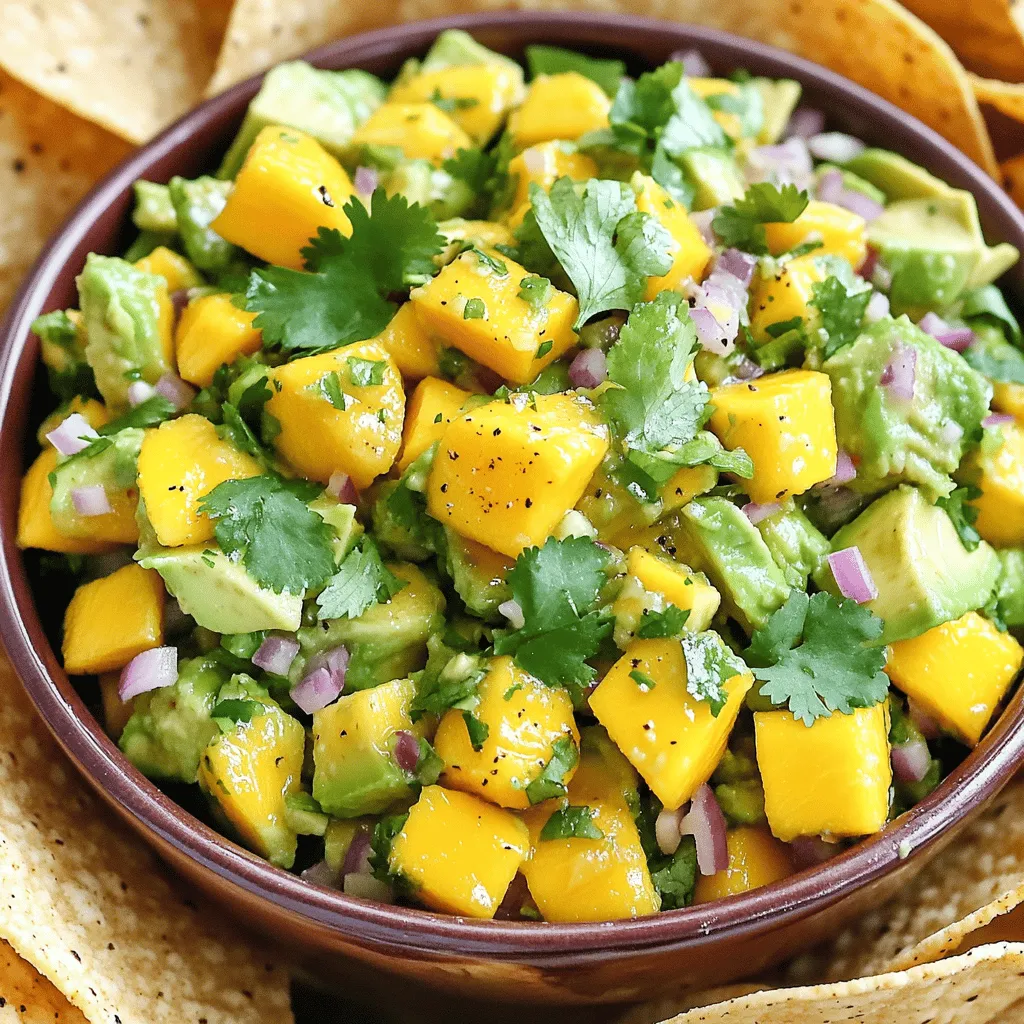 To make a great avocado mango salsa, you need: - 2 ripe avocados, diced - 1 ripe mango, diced - 1 small red onion, finely chopped - 1 jalapeño, deseeded and minced - 1/4 cup fresh cilantro, chopped - Juice of 2 limes - Salt and pepper to taste - 1 teaspoon cumin (optional for extra warmth) These ingredients create a fresh, vibrant flavor. Each one adds something special. You can change the recipe to fit your taste. Here are some ideas: - Add diced bell peppers for crunch. - Swap lime juice with lemon juice for a new twist. - Mix in diced tomatoes for extra color. - Use garlic for a bold flavor. - Try different herbs like mint or parsley. These options let you explore and make it your own. Each serving of avocado mango salsa is not only tasty but healthy too. Here’s what you get per serving: - Calories: 150 - Total fat: 10g - Saturated fat: 1.5g - Carbohydrates: 15g - Fiber: 6g - Protein: 2g This salsa is full of nutrients, and it’s a great snack or side dish. Check out the Full Recipe for more details! To make this salsa, start by gathering your ingredients. You need ripe avocados, a ripe mango, red onion, jalapeño, cilantro, lime juice, salt, and pepper. Here’s how to prepare it: 1. Dice the ripe avocados and mango. 2. Finely chop the red onion. 3. Deseed and mince the jalapeño. 4. In a medium mixing bowl, combine the diced avocados and mango. 5. Add the chopped red onion and minced jalapeño. 6. Gently mix in the chopped cilantro and lime juice. 7. Season with salt, pepper, and cumin if you like. 8. Stir gently until everything is well combined. 9. Taste and adjust the seasoning as needed. This entire process takes just ten minutes. You can find the full recipe for more details. When you mix your salsa, do it gently. You want to keep the avocado chunks intact. This way, each bite has a nice texture. If you mix too hard, you might end up with guacamole instead. Also, taste your salsa as you go. Adjust the lime juice, salt, or pepper to fit your taste. Everyone likes it a bit different! Serve this salsa in a bright bowl for a pop of color. You can top it with extra cilantro for a beautiful finish. It pairs well with tortilla chips for a snack or appetizer. You can also use it as a topping for grilled fish or chicken. The fresh flavors brighten up any meal. Enjoy this fresh salsa at your next gathering! To make great avocado mango salsa, you need ripe fruits. Look for avocados that feel slightly soft when you press them. They should not feel mushy. For mangos, choose ones with a slight give when you squeeze. Their color may vary, but a sweet smell is a good sign. If you have extra salsa, store it in an airtight container. This keeps it fresh. Place a piece of plastic wrap directly on the surface of the salsa. This helps prevent browning. Use the salsa within two days for the best taste. You can boost the flavor of your salsa easily. Try adding chopped garlic for a punch. A dash of chili powder adds warmth without heat. Fresh herbs like mint or basil give a unique twist. Experiment with these ideas to find your favorite mix. For the full recipe, check out the Tropical Avocado Mango Salsa. {{image_2}} You can change the taste of avocado mango salsa easily. Try adding diced pineapple for extra sweetness. If you like heat, toss in more jalapeño or a dash of hot sauce. For a twist, mix in black beans or corn. These add-ins give your salsa a fresh flavor. This salsa is super versatile. You can enjoy it with tortilla chips for a snack. It also pairs great with grilled chicken or fish. Use it as a topping for tacos or quesadillas. For a light meal, serve it over a bed of greens. Avocado mango salsa is already vegan and gluten-free. It works for many diets. If you want to add protein, consider mixing in chickpeas. Always check labels when using packaged ingredients. This way, you ensure everything stays true to your dietary needs. For the full recipe, check out the Tropical Avocado Mango Salsa section. To keep your avocado mango salsa fresh, store it in an airtight container. Make sure the lid seals tightly. If you're worried about browning, press plastic wrap directly onto the salsa before sealing. This reduces air exposure and keeps it vibrant. When stored correctly, avocado mango salsa lasts about 1 to 2 days in the fridge. After that, the avocados may turn brown, and the flavors can fade. Always check for signs of spoilage before using. If it looks or smells off, it’s best to discard it. Freezing salsa can change the texture. However, if you want to save it longer, it can last up to 3 months in the freezer. Use freezer-safe bags or containers. Leave some space for expansion as it freezes. Thaw it in the fridge overnight before using. Enjoy your tropical avocado mango salsa whenever you like with these storage tips! You can find the full recipe for making this delightful dish above. You can serve Avocado Mango Salsa with many tasty options. It pairs well with tortilla chips. You can also use it as a topping on grilled fish or chicken. This salsa adds a fresh taste to tacos and burritos. For a light meal, try it on a salad. The mix of avocado and mango adds a sweet touch. Yes, you can make this salsa ahead of time. I recommend preparing it a few hours before serving. This allows the flavors to blend well. However, avoid making it too far in advance. Freshness is key to keeping the taste bright and vibrant. To keep avocados from browning, use lime juice. The acid in lime juice slows down the browning process. You can also store the salsa in an airtight container. Press plastic wrap directly onto the surface of the salsa. This helps limit air exposure. If you have leftovers, enjoy them within a day for the best taste. Avocado mango salsa combines fresh ingredients for a tasty twist. We've covered how to choose ripe fruits, tips for preparing your salsa, and creative variations. Proper storage keeps the salsa fresh for longer, and I've shared answers to common questions. Think about how you can make this dish your own with added flavors. Enjoy experimenting and delighting your taste buds with this refreshing salsa!