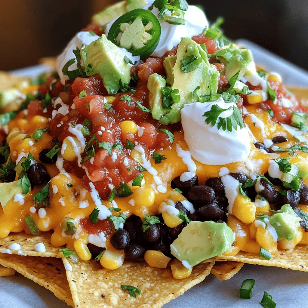 - 1 large bag of tortilla chips - 1 can (15 oz) black beans, drained and rinsed - 1 cup corn kernels (fresh or frozen) - 2 cups shredded cheddar cheese - 1 cup shredded Monterey Jack cheese - 1 jalapeño, sliced - 1 ripe avocado, diced - 1 cup salsa (your choice of mild or spicy) - ½ cup sour cream - 2 green onions, chopped - Fresh cilantro leaves, for garnish - Olive oil for drizzling - Salt and pepper, to taste When making Loaded Nacho Supreme, quality ingredients matter. I always choose a big bag of crunchy tortilla chips for the base. They hold up well under all that tasty goodness. Next, I add a can of black beans. They add fiber and protein to the dish. Corn kernels bring a sweet crunch that balances all the flavors. Cheese is a must, so I use both cheddar and Monterey Jack. They melt beautifully and create a rich, creamy texture. For spice, sliced jalapeños add a nice kick without overwhelming the dish. Don't forget the avocado! It adds creaminess and freshness. Salsa is key for flavor. You can pick mild or spicy based on your taste. Sour cream gives a cool finish, while green onions add a pop of color and taste. Fresh cilantro ties everything together. A drizzle of olive oil enhances the look and flavor. Finish with salt and pepper to taste for a perfect blend. For the full recipe, check out the detailed instructions. Enjoy each bite of this loaded delight! - Preheat your oven to 350°F (175°C). - Spread tortilla chips evenly on a baking sheet. - Mix black beans and corn with salt and pepper. To start, you need to preheat your oven. This step is key for getting your nachos nice and hot. Next, take a large baking sheet and spread your tortilla chips in a single layer. This helps them get crunchy. In a bowl, mix the black beans and corn. Add a bit of salt and pepper for taste. This adds flavor to your nachos. - Distribute the black bean and corn mixture over chips. - Sprinkle shredded cheeses over the top. - Add sliced jalapeños for extra heat. Now, it’s time to layer your nachos. Take that black bean and corn mix and spread it over the chips. Then, sprinkle the shredded cheeses generously on top. The more cheese, the better! If you like some heat, add sliced jalapeños. They give a nice kick. - Bake in preheated oven for 10-15 minutes until cheese is melted. - Let cool for a minute before adding toppings. Place your loaded nachos in the preheated oven. Bake them for about 10-15 minutes. You want the cheese to melt and bubble. Once they are done, take them out and let them cool for a minute. This stops the cheese from burning your tongue! - Top with diced avocado, salsa, and sour cream. - Garnish with green onions and cilantro. - Drizzle with olive oil before serving. Now comes the fun part! Top your nachos with diced avocado, salsa, and sour cream. These toppings add great flavor and creaminess. Next, sprinkle green onions and cilantro on top for some freshness. Finally, drizzle a bit of olive oil for a shiny finish. Your Loaded Nacho Supreme is ready to enjoy! Check the Full Recipe for more details. To make your nachos pop, I recommend using a mix of cheese types. Cheddar and Monterey Jack blend well and give a rich taste. Adding spices, like cumin or chili powder, brings out more flavor. Just a pinch can make a big difference. Nachos are great on their own, but serve them with sides for fun! Guacamole and pico de gallo add fresh flavors. Pair your nachos with drinks like soda, beer, or cocktails to elevate the meal. Make your nachos look as good as they taste. Use colorful platters to catch the eye. Layer the nachos high for a fun twist. This adds height and makes each bite exciting. For the full recipe, check out the complete instructions above! {{image_2}} You can switch up the beans in your Loaded Nacho Supreme. Substitute black beans with pinto or refried beans for a different taste. This small change can add creaminess or a new flavor. If you want more protein, consider adding cooked ground beef or chicken. These options can make the dish heartier and more filling. If you like things hot, try adding diced green chilies or a splash of hot sauce. These spicy additions will kick your nachos up a notch. For cheese lovers, swap out Monterey Jack for pepper jack cheese. This adds a nice kick and depth to the flavor profile. If you're following a vegetarian or vegan diet, there are easy swaps to make. Replace sour cream with non-dairy alternatives like cashew cream or coconut yogurt. For cheese, use cashew cheese or a vegan cheese blend. This way, everyone can enjoy a delicious plate of nachos. For the full recipe, check out the detailed instructions above. Store leftovers in an airtight container in the fridge. This keeps them fresh and tasty. The best time to eat them is within 1-2 days. After that, they may lose their crunch and flavor. Reheat in the oven for crispiness. This method ensures you get that delightful crunch back. Avoid using the microwave, as it can make the nachos soggy. To keep them moist, add a splash of water while reheating. This trick helps maintain the flavor and texture. For more cooking ideas, check out the Full Recipe. You can use vegetable chips or baked pita chips. These options provide a crunchy base for your nachos. They also add a unique flavor twist. Consider trying different brands to find your favorite. Yes, you can prepare layers separately. Store them in the fridge until you are ready to bake. This method keeps the chips fresh and crisp. Assemble the nachos right before baking for the best results. To avoid soggy nachos, bake them on a wire rack. This allows hot air to circulate around the chips. You can also broil them for a crispy finish. Broiling adds a nice texture without making them wet. A mix of cheddar and Monterey Jack works best. Cheddar gives great flavor, while Monterey Jack melts beautifully. This combination creates that gooey, cheesy goodness we all love. Try adding a bit of pepper jack for extra heat! You can create delicious loaded nachos using simple ingredients and easy steps. Start with tortilla chips and add your favorite toppings. Bake until cheesy and hot. Don’t forget to add your personal touch with extra spices or different vegetables. These nachos are perfect for gatherings or a fun snack. Enjoy them fresh or make them unique with different flavors. Happy nacho making!