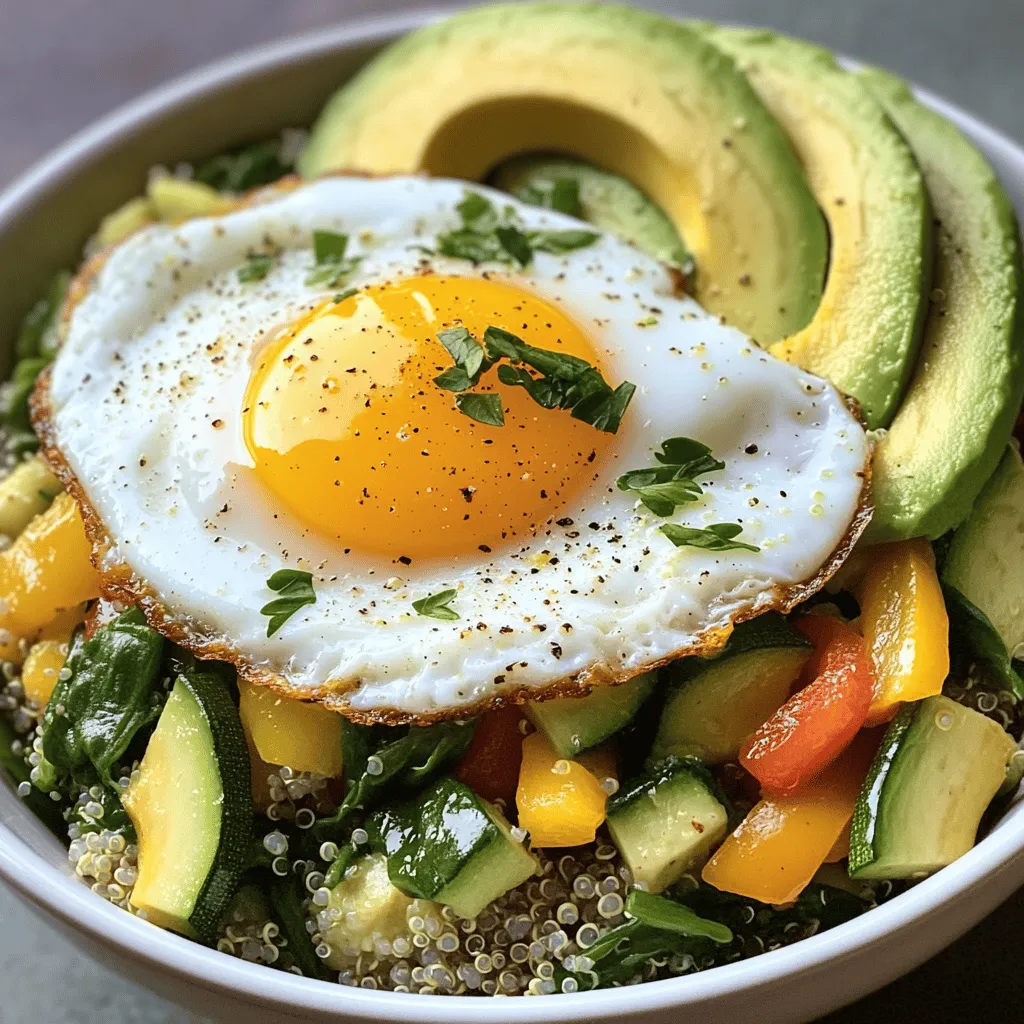 - 1 cup quinoa, rinsed - 2 cups vegetable broth or water - 1 tablespoon olive oil - 1 small onion, diced - 1 garlic clove, minced - 1 bell pepper (any color), diced - 1 zucchini, diced - 1 cup fresh spinach - 2 large eggs - Salt and pepper to taste - 1 teaspoon smoked paprika - 1 avocado, sliced - Fresh herbs (parsley or cilantro) for garnish This Savory Quinoa Breakfast Bowl is a great way to start your day. It packs in healthy grains, vibrant veggies, and protein. Quinoa is the star here. It gives a nutty flavor and great texture. You begin with quinoa. Rinsing it removes bitterness, giving you a clean taste. Cooking it in broth adds depth. You can use water if that's what you have. Next, we have the vegetables. Diced onion and minced garlic add a sweet aroma. Bell pepper and zucchini bring color and crunch. Fresh spinach adds nutrients without overpowering the dish. For toppings, fried eggs sit perfectly on top. They add protein and richness. Season with salt, pepper, and smoked paprika for flavor. The avocado slices provide creaminess. Fresh herbs bring brightness. You can find the full recipe for this tasty bowl above. Enjoy making it your own! 1. In a medium saucepan, bring 2 cups of vegetable broth or water to a boil. 2. Once boiling, add 1 cup of rinsed quinoa. 3. Reduce the heat to low, cover, and let it simmer for about 15 minutes. 4. The liquid should absorb, and the quinoa will be fluffy. 5. Remove from heat and let it sit for 5 minutes. 6. Fluff with a fork to separate the grains. 1. In a large skillet, heat 1 tablespoon of olive oil over medium heat. 2. Add 1 small diced onion and 1 minced garlic clove. Sauté for about 2-3 minutes until they soften. 3. Next, add 1 diced bell pepper and 1 diced zucchini. Cook for 5 minutes until they start to soften. 4. Stir in 1 cup of fresh spinach and cook just until it wilts, about 1 minute. 5. Season the mixture with salt, pepper, and 1 teaspoon of smoked paprika. Mix well. 1. In a separate small pan, fry 2 large eggs to your liking. 2. You can cook them sunny-side up or over-easy, depending on your taste. 1. Start by placing a serving of quinoa at the bottom of your bowl. 2. Layer the sautéed vegetables on top of the quinoa. 3. Finish with the fried egg placed neatly on top. 4. Add sliced avocado on the side and sprinkle fresh herbs, like parsley or cilantro, for garnish. This savory quinoa breakfast bowl is not only tasty but also packed with nutrients. You can find the [Full Recipe](#) to guide you through the process. Enjoy your healthy start to the day! To make your quinoa taste its best, start by rinsing it. Rinsing removes the natural bitterness that can spoil the flavor. Use a fine-mesh strainer and run cold water over the quinoa until the water runs clear. This step is key for a great base. After cooking, let the quinoa sit for a few minutes. This helps the grains firm up. Then, fluff it gently with a fork. This makes each grain light and airy. To make your veggies pop, think about adding spices or herbs. A sprinkle of cumin or a dash of chili powder can change the game. You want to enhance their natural taste without hiding it. Cook your vegetables to your liking. Some prefer crisp-tender, while others like them soft. This is your chance to personalize your bowl. When cooking eggs, a non-stick pan is your best friend. It prevents sticking and makes flipping easy. For sunny-side-up eggs, cook them gently over low heat. This keeps the yolks runny and delicious. Experiment with cooking times to find what you love. If you like firmer yolks, cook them a bit longer. Each method gives a different taste and feel to the bowl. For the full recipe, check here: [Full Recipe]. {{image_2}} You can change the protein in your bowl easily. If you want a vegan choice, replace eggs with tofu or chickpeas. Tofu gives a nice texture and taste. Chickpeas add protein and fiber. For meat lovers, adding cooked bacon or sausage can make it heartier. Both options pack in flavor and keep you full. Feel free to swap out the veggies in your bowl. Use seasonal vegetables for freshness, or go for frozen options when needed. You can try different greens like kale or arugula. These greens add nutrients and a nice crunch. Mixing up the veggies keeps each bowl exciting and new. Changing the spices can give your bowl a fresh twist. You might try adding curry powder for warmth or herbs de Provence for a fragrant touch. If you like some heat, add a splash of hot sauce. This small change can lift flavors and make each bite pop. For the full recipe, check out the Savory Quinoa Breakfast Bowl. Store any leftovers in an airtight container. This keeps them fresh and safe. The Savory Quinoa Breakfast Bowl stays good in the fridge for up to 3 days. You can enjoy it again without losing flavor. You can freeze this breakfast bowl for up to 1 month. Make sure to store it in a freezer-safe container. When you’re ready to eat, just reheat it in the microwave or on the stove in a skillet. This is a great way to save time on busy mornings. When reheating, add a splash of water. This helps keep the dish moist and tasty. Heat gently to avoid overcooking the eggs. You want them to stay soft and delicious. Enjoy your meal just like the first time! You can easily make this bowl vegan. Just substitute the eggs with scrambled tofu or chickpeas. Tofu gives a nice texture when cooked. Chickpeas add protein and a bit of creaminess. Both options work well and keep the dish filling and tasty. Yes, quinoa is naturally gluten-free. It is a great option for those who are sensitive to gluten. It also provides lots of protein and fiber. This makes quinoa a smart choice for a healthy breakfast. Absolutely! You can prepare the components ahead of time. Cook the quinoa and sauté the veggies in advance. Store them in the fridge for quick assembly. This way, you can enjoy a fresh meal even on busy mornings. This blog post details a tasty Savory Quinoa Breakfast Bowl. We covered the main ingredients, including quinoa, fresh veggies, and toppings like eggs and avocado. You learned step-by-step instructions for cooking and how to store leftovers. Feel free to customize with different proteins and veggies. This dish is healthy and easy for busy mornings. Try it out and enjoy! Your taste buds will thank you.