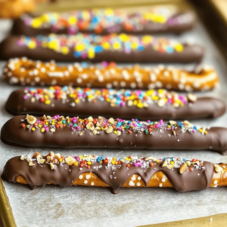 Let’s gather all the tasty ingredients for chocolate dipped pretzel rods. Having everything ready makes cooking fun and easy. - 12 pretzel rods - 1 cup semi-sweet chocolate chips - 1 tablespoon coconut oil - 1/4 cup crushed nuts (almonds, pecans, or peanuts) - 1/4 cup colorful sprinkles - Sea salt (optional, for garnish) These ingredients create a delightful mix of sweet and salty. The pretzel rods give a nice crunch, while the chocolate adds a rich flavor. You can use different nuts or sprinkles to change things up. Each option brings a unique taste. Remember, you can find the Full Recipe for detailed steps to make this treat. Enjoy the process as you mix and match your favorite toppings! To start, you need to melt the chocolate. In a microwave-safe bowl, combine the chocolate chips and coconut oil. The coconut oil helps the chocolate stay smooth. Microwave this mix in 30-second bursts. Stir it after each interval. Keep microwaving until it is fully melted and smooth. This usually takes about 1 to 1.5 minutes. Next, get your baking sheet ready. Line it with parchment paper. This helps keep the pretzel rods from sticking. Make sure the parchment covers the whole sheet. Now, it's time to dip! Take one pretzel rod and hold it by one end. Dip the rod into the melted chocolate. Twist it to coat it well. Let any extra chocolate drip back into the bowl. Before the chocolate sets, roll or sprinkle the coated pretzel in crushed nuts or colorful sprinkles. Repeat this for all the pretzel rods. After dipping, place the chocolate-covered pretzel rods on the lined baking sheet. If you want, you can sprinkle a little sea salt on top for a nice touch. Now, chill them in the fridge for 15 to 20 minutes. This will help the chocolate set completely. For the full recipe, check out the earlier section. Using coconut oil makes a big difference. It helps the chocolate melt smoothly. This oil also keeps the chocolate shiny. Without it, your chocolate may seize up or become thick. Add one tablespoon of coconut oil for every cup of chocolate chips. This simple step gives you a nice, even coat. To evenly coat your pretzel rods, dip slowly. Hold the rod by one end. Swirl it gently in the chocolate. Let any extra chocolate drip back into the bowl. Then, roll it in your chosen toppings right away. If you wait, the chocolate can harden, and the toppings won't stick well. You can change up the toppings as you like. Try crushed cookies, toffee bits, or coconut flakes. You can also use different chocolates. White, dark, or milk chocolate all work great. For a fun twist, drizzle caramel or peanut butter on top. Get creative and have fun with your flavors! For more ideas, check out the Full Recipe for Chocolate Dipped Pretzel Rods. {{image_2}} You can use many types of chocolate for dipping. Milk chocolate gives a sweet taste. White chocolate adds a creamy flavor. Dark chocolate offers a rich and bold kick. Each type gives a unique twist to your pretzel rods. Try mixing them for fun! You can even create a colorful layer with the white chocolate. Adding extra flavors makes your pretzel rods stand out. A drizzle of caramel gives a nice touch of sweetness. Peanut butter adds a salty and nutty flavor that many love. You can get creative! Consider mixing melted chocolate with these flavors for a fun dip. It’s all about what you enjoy. You can make your pretzel rods match the seasons. For holidays, use festive colors like red and green for Christmas. Pastel colors work well for Easter. You can even sprinkle edible glitter for a special touch! These themes make your treats eye-catching for parties. Get inspired by the season and have fun decorating! To keep your freshly made chocolate dipped pretzel rods tasty, store them in an airtight container. Avoid stacking them to prevent smudging. Place a layer of parchment paper between each layer if needed. Keep the container in a cool spot, away from heat. This helps maintain their crunch and flavor. If you want to save some for later, you can freeze them. First, let the rods cool completely. Wrap each rod in plastic wrap to avoid freezer burn. Then, place them in a freezer-safe bag or container. Be sure to remove as much air as possible. They can last up to three months in the freezer. When you’re ready to eat them, thaw them in the fridge for a few hours. In an airtight container at room temperature, chocolate dipped pretzel rods stay fresh for about a week. If you store them in the fridge, they may last a little longer. However, make sure to check for any signs of moisture or spoilage. Always trust your senses; if they smell or look off, it’s best to toss them. To make chocolate-dipped pretzel rods, follow these simple steps: 1. Melt the Chocolate: Combine chocolate chips and coconut oil in a bowl. Microwave it until smooth, stirring often. 2. Prepare the Pretzel Rods: Line a baking sheet with parchment paper to avoid sticking. 3. Dip the Pretzels: Hold a pretzel rod and dip it into the melted chocolate, twisting to cover it. 4. Add Toppings: Roll or sprinkle the chocolate-coated pretzel with crushed nuts or colorful sprinkles before the chocolate sets. 5. Set the Chocolate: Place the pretzel rods on the baking sheet. Chill them in the fridge for about 15-20 minutes. 6. Serve: Enjoy your pretzel rods right away or store them in an airtight container for up to a week. Yes, you can use various types of chocolate for your pretzel rods. Here are some options: - Milk Chocolate: This gives a sweet and creamy taste. - White Chocolate: It adds a rich, sweet flavor and looks great. - Dark Chocolate: This option is less sweet and has a deep flavor. - Flavored Chocolates: Try mint or orange-flavored chocolate for a twist. Each type will change the taste, so pick what you love! You can find pre-made chocolate-dipped pretzel rods at many places. Here are some recommendations: - Local Bakeries: Many bakeries make their own versions. - Gourmet Stores: Look for specialty shops that focus on treats. - Online Retailers: Websites like Amazon or Etsy often have unique options. - Candy Stores: They usually stock a variety of chocolate-dipped pretzels. These options offer great flavors without the effort of making them at home. Making chocolate-dipped pretzel rods is fun and easy. You need just a few ingredients like chocolate chips, pretzel rods, and toppings. Melt the chocolate, dip the pretzels, and add your favorite toppings. Don’t forget to chill them to set. With these tips and tricks, you can create tasty treats for any occasion. Experiment with flavors and toppings to make them your own. Enjoy your sweet and salty snack!