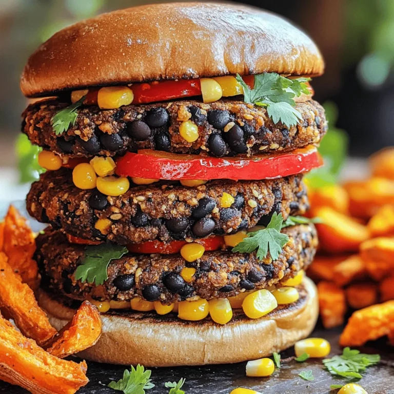 - 1 can (15 oz) black beans, drained and rinsed - 1/2 cup breadcrumbs (whole wheat for healthiness) - 1/2 cup corn kernels (fresh or frozen) To make these burgers, black beans serve as the star. They offer great protein and fiber. The breadcrumbs help hold the mixture together. Corn kernels add a nice sweetness and crunch. - 1/4 cup red bell pepper, finely diced - 1/4 cup red onion, finely chopped - 1 clove garlic, minced - 1 teaspoon ground cumin - 1 teaspoon smoked paprika - 1/2 teaspoon cayenne pepper (adjust for spice preference) - 1 tablespoon fresh cilantro, chopped Next, we need flavor enhancers. Red bell pepper and red onion bring sweetness and crunch. Garlic adds depth to the taste. Cumin and smoked paprika give the burgers a warm, smoky flavor. Cayenne pepper adds heat. You can adjust the spice level to suit your taste. Cilantro adds a fresh touch. - 1 egg, beaten (or flaxseed meal for a vegan option) - Olive oil for cooking Binding agents help keep the burgers together. Eggs work great, but flaxseed meal is a good vegan choice. Mix flaxseed with water and let it sit. Olive oil is used for cooking, giving the burgers a nice crispy exterior. For the full recipe, you can check the detailed steps in the Full Recipe. - Start by mashing the black beans in a large bowl. Use a fork or potato masher. You want them mostly smooth but keep some chunks for texture. This gives your burgers character. - Next, add in the other ingredients. Mix in the breadcrumbs, corn, red bell pepper, red onion, garlic, cumin, smoked paprika, cayenne, and some salt and pepper. The spices bring out the flavor. - If you want a binding agent, stir in the beaten egg or flaxseed meal mixed with water. This helps the patties stick together. Make sure to mix until everything is well combined. - Shape the mixture into four equal patties. Each should be about one inch thick. Use your hands to form them gently. - If your mixture feels too wet, add more breadcrumbs. The right consistency helps the patties hold their shape while cooking. - Heat a skillet over medium heat. Add a drizzle of olive oil to coat the pan. Once the oil is hot, place the patties in the skillet. - Cook each side for about four to five minutes. You want them golden brown and crispy. Keep an eye on them to avoid burning. - Serve these spicy black bean burgers right away. They taste great on toasted whole grain buns with fresh toppings. Check out the [Full Recipe] for detailed steps and tips! To get the best flavor in your spicy black bean burgers, start with spice levels. Do you want a mild burger? Use less cayenne pepper. If you love heat, add more. A pinch of smoked paprika also brings out rich flavors. Next, think about complementary ingredients. Avocado adds creaminess, while fresh cilantro gives a burst of freshness. You can also add a squeeze of lime juice for a zesty kick. When cooking, you can choose grilling or pan-frying. Grilling gives a nice char and smoky flavor. Pan-frying is easier for beginners and helps keep the patties moist. Pay attention to cooking temperature. Medium heat works best. Too high, and you’ll burn the outside before the inside cooks. Cook each side for about 4-5 minutes. For toppings, I recommend fresh avocado, crisp lettuce, and juicy tomatoes. A spicy mayo adds a great kick. Stack your burger high with these toppings for a fun look. Serve your burgers on toasted whole grain buns. A side of sweet potato fries adds color and extra flavor. Don’t forget to sprinkle cilantro on top for a beautiful finish. For the full recipe, check out the link above. {{image_2}} You can easily make these spicy black bean burgers vegan. Instead of egg, use flaxseed meal. Mix one tablespoon of flaxseed meal with 2.5 tablespoons of water. Let it sit for a few minutes until it gets gel-like. This acts as a great binder. You can also use mashed bananas or applesauce as other options. They add moisture and flavor. Feel free to switch out the black beans. You can use kidney beans or chickpeas instead. Each offers a different taste and texture. If you want more grains, try adding quinoa or brown rice. These ingredients boost nutrition and fiber. For extra flavor, add spices like chili powder or cumin. You can even toss in some shredded cheese for creaminess. You can spice things up with jalapeños for heat. Chop them finely and mix them in. This adds a nice kick. Another fun twist is to make a Southwest-style burger. Add corn, cumin, and smoked paprika for a unique flavor. Topped with avocado and salsa, it's a real treat. These variations keep your meals exciting and fun! Check out the Full Recipe for more tips and tricks. After making your spicy black bean burgers, let them cool first. Store leftovers in an airtight container. They stay fresh for about 3 to 5 days in the fridge. To freeze the burgers, wrap each one tightly in plastic wrap. Place them in a freezer bag to keep air out. They can last up to 3 months in the freezer. To thaw, take a burger out and place it in the fridge overnight. Reheat your burgers in a skillet over medium heat. Add a splash of water to keep them moist. Heat each side for about 3 to 4 minutes. You can also use the oven at 350°F (175°C) for about 10 minutes. This helps keep them crispy and tasty. For the full recipe, check out the details above! To make Spicy Black Bean Burgers, follow these key steps: - Start by mashing 1 can of black beans in a bowl. - Mix in 1/2 cup of breadcrumbs and 1/2 cup of corn. - Add 1/4 cup diced red bell pepper and 1/4 cup chopped red onion. - Stir in 1 clove of minced garlic, 1 teaspoon ground cumin, and 1 teaspoon smoked paprika. - Adjust the spice with 1/2 teaspoon cayenne pepper. - Add 1 tablespoon chopped cilantro, salt, and pepper to taste. - If you want a binding agent, include 1 beaten egg or flaxseed meal mixed with water. - Form the mixture into 4 patties. - Cook in a hot skillet with olive oil until crispy. For the full recipe, check out the detailed instructions above. You can serve Spicy Black Bean Burgers with: - Sweet potato fries for a sweet touch. - A fresh salad with tomatoes and cucumbers. - Avocado slices for creaminess. - Coleslaw for a crunchy side. - Grilled vegetables for added flavor. Yes, you can definitely grill Spicy Black Bean Burgers! Here are some tips: - Preheat your grill to medium heat. - Lightly oil the grill grates to prevent sticking. - Cook the patties for about 5-7 minutes on each side. - Keep an eye on them as they cook to avoid breaking. Grilling adds a nice smoky flavor that pairs well with the spices. You learned about making spicy black bean burgers with great taste and texture. We covered the key ingredients, cooking steps, and ways to add your twist. You can keep changing flavors and making it vegan too. Remember, storage is key to enjoying leftovers. These burgers are a fun and tasty option for meals. Try different sides and toppings for extra flavor. Enjoy creating a meal that fits your style. I hope you have fun making these burgers!